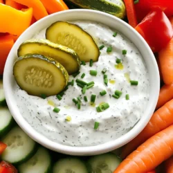 - 1 cup sour cream - 1/2 cup cream cheese, softened - 1/4 cup dill pickles, finely chopped - 2 tablespoons pickle juice - 1 tablespoon ranch seasoning mix - 1 tablespoon fresh chives, chopped - 1/2 teaspoon garlic powder - 1/4 teaspoon black pepper To create a tasty Pickle Ranch Veggie Dip, you need simple and fresh ingredients. Each item brings its own flavor and texture to the mix. Sour cream adds creaminess, while cream cheese gives a rich taste. Dill pickles are the star here, giving that crunch and tang. Pickle juice adds extra zing, making the dip more lively. Ranch seasoning gives a classic flavor that ties everything together. Chives bring a fresh touch, while garlic powder and black pepper add depth. For those who want to play with flavors, consider these options: - Variations for flavor enhancement: Add a teaspoon of hot sauce for some heat. You can also mix in some shredded cheese for a cheesy twist. - Suggestions for low-fat or vegan substitutes: Use Greek yogurt instead of sour cream for a healthier option. For vegan diets, swap the cream cheese for a plant-based version. Coconut cream is a great alternative for a rich, dairy-free dip. These options allow you to customize the dip to your taste or dietary needs. Check out the Full Recipe for all the details you need to make this delicious dip! To start, you need to blend the cream cheese and sour cream. First, take a mixing bowl. Add 1/2 cup of softened cream cheese and 1 cup of sour cream. Use a hand mixer to blend them together. Mix until the texture is smooth and creamy. This makes a great base for your dip. Next, it's time to mix in the dill pickles and pickle juice. Chop 1/4 cup of dill pickles into small pieces. Add these to your creamy mix along with 2 tablespoons of pickle juice. Stir well until everything is well combined. The pickles give a tasty crunch to the dip. Now, let’s incorporate the seasonings and garnishing. Add 1 tablespoon of ranch seasoning mix, 1 tablespoon of fresh chives, 1/2 teaspoon of garlic powder, and 1/4 teaspoon of black pepper. Stir until all the ingredients blend well. This step adds layers of flavor to your dip. For the best taste, cover the bowl with plastic wrap. Refrigerate the dip for at least 30 minutes. This cooling time allows the flavors to meld and enhance. After chilling, you can serve it with fresh veggies. You can find the full recipe details in the above sections. Enjoy your Pickle Ranch Veggie Dip! To make your Pickle Ranch Veggie Dip just right, adjust the seasoning to fit your taste. If you like it tangy, add more pickle juice. For a garlic kick, increase the garlic powder. Just take small steps so you can find the perfect balance. Taste as you go; this is key! For a creamy texture, ensure your cream cheese is soft. This makes mixing easy. I recommend letting it sit out for 10-15 minutes before you start. You can also use a hand mixer. This helps blend everything smoothly, making your dip rich and creamy. Serving your dip well makes it more fun. Use a colorful bowl to hold your dip. A clear bowl shows off the colors and textures, making it look tasty. Garnishing adds flair! Top your dip with extra chopped chives and a few pickle slices. This creates a pop of color. Arrange fresh veggies around the bowl for a bright, inviting platter. Carrots, bell peppers, and cucumbers work great. They not only look good but also taste amazing with the dip. For more ideas, check the Full Recipe for serving suggestions! {{image_2}} You can change up the Pickle Ranch Veggie Dip to suit your taste. - Spicy Pickle Ranch Veggie Dip: Want some heat? Add diced jalapeños or a splash of hot sauce to the mix. This gives the dip a nice kick while keeping the tangy pickle flavor. - Cheese-Infused Pickle Ranch Dip: For a cheesy twist, mix in shredded cheddar or crumbled feta. This adds richness and depth to the dip, making it even more satisfying. The right veggies make all the difference for dipping. - Best vegetables for dipping: Carrots, bell peppers, cucumbers, and cherry tomatoes are great choices. They add crunch and freshness. You can also use celery sticks for a classic touch. - Pairing suggestions with crackers or chips: Serve with your favorite crackers or pita chips for a fun crunch. Tortilla chips also pair well, adding a nice saltiness that balances the dip’s flavors. Feel free to explore these variations and serving options to make your Pickle Ranch Veggie Dip your own! Check out the Full Recipe for all the details. To keep your Pickle Ranch Veggie Dip fresh, store any leftovers in an airtight container. This keeps air out and helps it stay tasty. Make sure to cover the dip well to avoid drying out. You can also use plastic wrap over the top of the container for extra protection. There’s no need to reheat this dip, as it is best served cold. Simply take it out of the fridge and enjoy with fresh veggies. For the best taste, eat your dip within 3 to 5 days. You can still eat it after this time, but the flavors may fade. Always check for signs of spoilage. If you see any mold or if it has an off smell, it’s best to toss it out. Keeping track of the date you made it can help you know when to use it all up. Enjoy your dip while it is fresh and delicious! What is the best way to adjust the flavor of the dip? To adjust the flavor, you can change the seasonings. Add more ranch mix for a stronger taste. If you like heat, try a pinch of cayenne pepper. More dill pickles can also boost the pickle flavor. Taste as you go to find your perfect balance. Can I make Pickle Ranch Veggie Dip ahead of time? Yes, you can make this dip ahead of time. It tastes better after chilling in the fridge. Make it a few hours or even a day before your event. Just cover it tightly and store it in the fridge. Where can I find store-bought versions of Pickle Ranch Veggie Dip? Many grocery stores carry store-bought versions of Pickle Ranch Veggie Dip. Check the deli or refrigerated section. Some brands may offer it in jars or tubs. Read labels to find one that fits your taste. Breakdown of calories and key nutrients This dip has about 100 calories per serving. It contains protein from the cream cheese and sour cream. You also get vitamins from the pickles and chives. Health benefits of the ingredients used The dill pickles add crunch and flavor. They are low in calories but high in flavor. Chives contain vitamins A and C. They also provide antioxidants that help your body. Enjoy this dip as a tasty way to eat more veggies! In this blog post, I shared a simple recipe for Pickle Ranch Veggie Dip. We covered the key ingredients, preparation steps, and tips for the best flavor and texture. You can customize this dip with optional ingredients and variations to suit your taste. Proper storage ensures you can enjoy leftovers. Making this dip ahead of time adds convenience for gatherings. Enjoy experimenting with flavors and serving ideas. Your next snack time will be both fun and delicious!