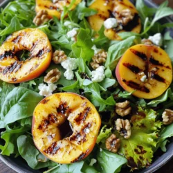 - Ripe peaches - Mixed salad greens - Feta cheese - Walnuts - Honey - Balsamic vinegar - Olive oil - Salt and pepper - Fresh basil To make the grilled peach salad shine, you need some key ingredients. Start with ripe peaches. They should feel soft but not mushy. Their sweetness will elevate your salad. Next, grab mixed salad greens. I love using arugula, spinach, and romaine together. They add great texture and taste. Feta cheese is another must-have. Its creamy and tangy flavor pairs perfectly with sweet peaches. For a nice crunch, add walnuts. Toast them lightly to enhance their flavor. For the dressing, you will need honey, balsamic vinegar, and olive oil. The honey adds sweetness, while the balsamic brings a nice tang. Olive oil rounds it all out, making the dressing smooth. Don't forget the seasoning! Salt and pepper will bring out the flavors. Finally, fresh basil leaves make a lovely garnish. They add aroma and a bit of color to the dish. You can find the [Full Recipe] to guide you through the steps in detail. First, you need to preheat your grill. Set it to medium-high heat. This step is crucial for getting those perfect grill marks. While the grill heats up, brush the cut sides of the peach halves with olive oil. This helps prevent sticking. Next, place the peaches cut-side down on the grill. Grill them for about 3 to 4 minutes. You want to see those beautiful grill marks. After that, flip the peaches and grill for another 2 to 3 minutes. The peaches should become slightly soft. Once they are done, remove them from the grill and let them cool a bit. In a small bowl, whisk together honey, balsamic vinegar, and olive oil. Mixing these ingredients well is key. The honey adds sweetness, while the balsamic brings tang. After whisking, taste the dressing. If you want more flavor, add salt and pepper to your liking. Adjust the flavors to suit your taste buds. In a large mixing bowl, toss together the mixed salad greens, walnuts, and feta cheese. Make sure to mix them well for an even distribution. Next, slice the grilled peaches into wedges. Gently fold these into the salad mixture. This will add a warm, sweet touch to your salad. Finally, drizzle the honey-balsamic dressing over the salad. Toss lightly to coat everything evenly. Once it looks great, plate the salad. To finish, garnish with fresh basil leaves. These add a pop of color and extra flavor to your dish. For the full recipe, check out the earlier section. To make great grilled peaches, choose ripe ones. Look for peaches that feel slightly soft when you press them. They should have a sweet smell and rich color. Avoid peaches that are hard or have dark spots. Grilling time is key. Grill the peaches cut-side down for 3 to 4 minutes. This gives you nice grill marks and a sweet, smoky flavor. Then flip them and grill for 2 to 3 more minutes. You want them warm and slightly soft but not mushy. Layering your ingredients helps build flavor. Start with the mixed greens as your base. Next, add the crumbled feta and toasted walnuts. This way, your flavors mix well. When you dress the salad, drizzle the dressing evenly. Toss gently to coat all the ingredients. This ensures every bite is tasty and balanced. Grilled peach salad pairs well with proteins. Try adding grilled chicken or shrimp for a filling meal. If you prefer a plant-based option, quinoa or beans work great too. This salad also goes well with grilled meats or fish. Serve it alongside roasted vegetables for a complete meal. Enjoy the fresh and vibrant flavors! {{image_2}} You can add grilled chicken or shrimp for extra protein. These meats bring a nice flavor. If you prefer a plant-based option, try quinoa or beans. Both options add protein and texture. They also make the salad more filling. You can mix and match proteins to suit your taste. Change up the cheese for a new taste. Goat cheese adds creaminess and tang. Blue cheese gives a bold flavor that many love. Both options can work well with the sweet grilled peaches. You can even try a mix of cheeses for more flavor. The dressing can also change the salad’s flavor. A citrus vinaigrette offers a bright, zesty taste. Yogurt-based dressings provide creaminess and a light touch. Each dressing option adds its unique twist to the dish. Experiment with these to find your favorite flavor combinations. For the full recipe, check the previous section! To keep your grilled peach salad fresh, store it in the fridge. Place the salad in an airtight container. This helps keep moisture and flavors intact. If possible, store the dressing separately. This way, your greens stay crisp and tasty. Your grilled peach salad lasts about 3 days in the fridge. After that, the flavors may fade. Look for signs of spoilage. If the salad smells off or the peaches look mushy, it’s time to toss it. Freshness is key for the best taste! To reheat grilled peaches, use a skillet. Heat them gently over medium heat. You want them warm but not mushy. You can also add them to new dishes. Try mixing them into oatmeal, yogurt, or even a smoothie for a sweet twist. For the full recipe, check out the Grilled Peach Salad 🥗. To choose ripe peaches, look for these signs: - The skin should be golden or yellow. - It should give a little when you gently press it. - A sweet, fruity aroma is a good sign of ripeness. - Avoid peaches that are hard or have green spots. Ripe peaches are key for grilling. They get soft and sweet, enhancing your salad's flavor. Yes, you can prep this salad in advance. Here are some tips: - Grill the peaches a few hours before serving. - Store them in the fridge to keep them fresh. - Mix the salad greens, nuts, and cheese in a bowl. - Keep the dressing separate until you are ready to serve. This way, your salad stays crisp and tasty. Grilled peaches are healthy and full of nutrients. They provide: - Vitamin C for a strong immune system. - Fiber to help with digestion. - Antioxidants that protect your body. One medium peach has about 60 calories. This makes them a great low-calorie treat in your salad. Yes, you can easily make this recipe vegan. Here’s how: - Use a plant-based cheese instead of feta. - Replace honey with maple syrup or agave nectar. These swaps keep the salad delicious while fitting a vegan diet. Making balsamic dressing is simple. Here’s an easy recipe: - In a small bowl, whisk together: - 2 tablespoons balsamic vinegar - 3 tablespoons olive oil - Salt and pepper to taste You can adjust the vinegar and oil to your liking. This dressing adds a great flavor to your grilled peach salad. Check out the Full Recipe for more details! This salad with grilled peaches is simple and delicious. You learned about key ingredients like ripe peaches, feta cheese, and walnuts. I shared step-by-step instructions to prepare the salad, dress it, and serve it. Remember to use fresh herbs to enhance the flavor. Experiment with proteins or different cheeses to make it your own. This dish is easy to store and reheat. Enjoy this recipe as a fresh, tasty meal anytime. With a few tweaks, you can create a salad that works for anyone's taste or diet.