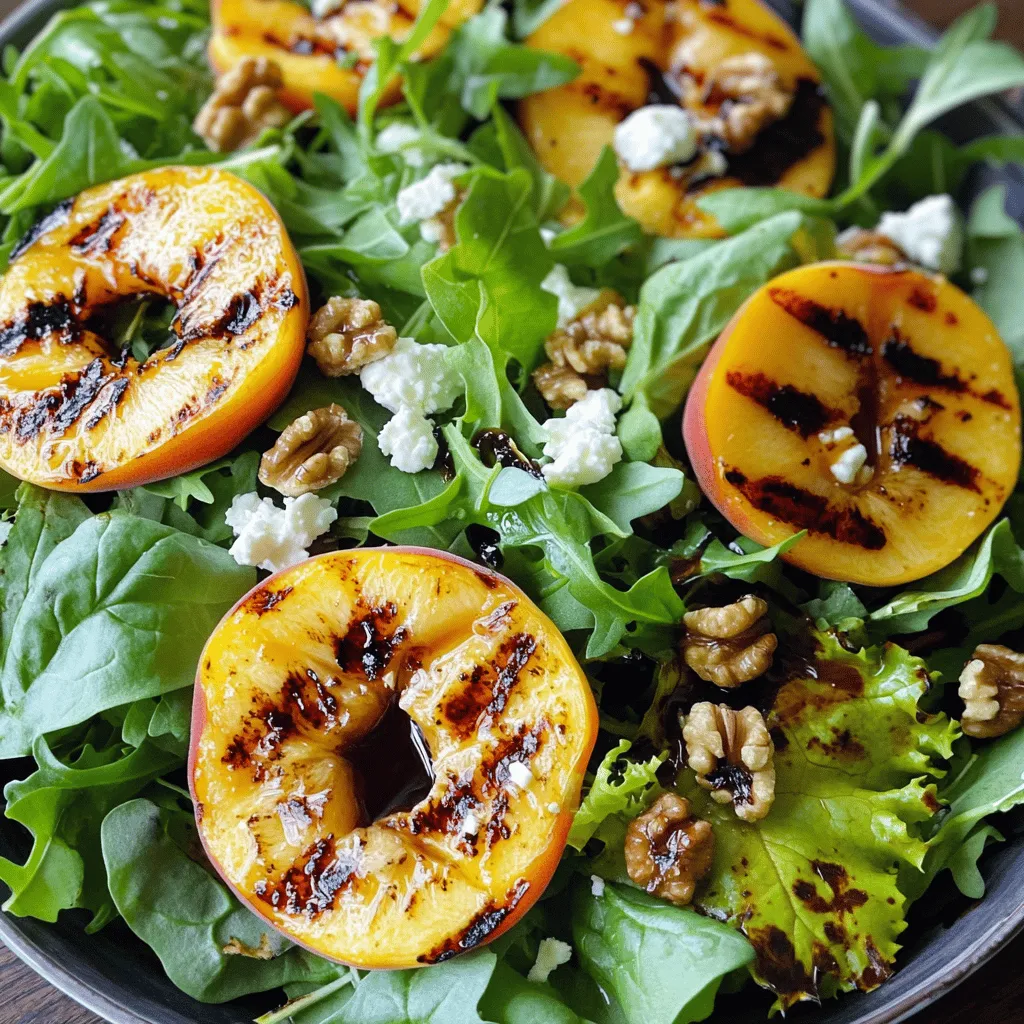 - Ripe peaches - Mixed salad greens - Feta cheese - Walnuts - Honey - Balsamic vinegar - Olive oil - Salt and pepper - Fresh basil To make the grilled peach salad shine, you need some key ingredients. Start with ripe peaches. They should feel soft but not mushy. Their sweetness will elevate your salad. Next, grab mixed salad greens. I love using arugula, spinach, and romaine together. They add great texture and taste. Feta cheese is another must-have. Its creamy and tangy flavor pairs perfectly with sweet peaches. For a nice crunch, add walnuts. Toast them lightly to enhance their flavor. For the dressing, you will need honey, balsamic vinegar, and olive oil. The honey adds sweetness, while the balsamic brings a nice tang. Olive oil rounds it all out, making the dressing smooth. Don't forget the seasoning! Salt and pepper will bring out the flavors. Finally, fresh basil leaves make a lovely garnish. They add aroma and a bit of color to the dish. You can find the [Full Recipe] to guide you through the steps in detail. First, you need to preheat your grill. Set it to medium-high heat. This step is crucial for getting those perfect grill marks. While the grill heats up, brush the cut sides of the peach halves with olive oil. This helps prevent sticking. Next, place the peaches cut-side down on the grill. Grill them for about 3 to 4 minutes. You want to see those beautiful grill marks. After that, flip the peaches and grill for another 2 to 3 minutes. The peaches should become slightly soft. Once they are done, remove them from the grill and let them cool a bit. In a small bowl, whisk together honey, balsamic vinegar, and olive oil. Mixing these ingredients well is key. The honey adds sweetness, while the balsamic brings tang. After whisking, taste the dressing. If you want more flavor, add salt and pepper to your liking. Adjust the flavors to suit your taste buds. In a large mixing bowl, toss together the mixed salad greens, walnuts, and feta cheese. Make sure to mix them well for an even distribution. Next, slice the grilled peaches into wedges. Gently fold these into the salad mixture. This will add a warm, sweet touch to your salad. Finally, drizzle the honey-balsamic dressing over the salad. Toss lightly to coat everything evenly. Once it looks great, plate the salad. To finish, garnish with fresh basil leaves. These add a pop of color and extra flavor to your dish. For the full recipe, check out the earlier section. To make great grilled peaches, choose ripe ones. Look for peaches that feel slightly soft when you press them. They should have a sweet smell and rich color. Avoid peaches that are hard or have dark spots. Grilling time is key. Grill the peaches cut-side down for 3 to 4 minutes. This gives you nice grill marks and a sweet, smoky flavor. Then flip them and grill for 2 to 3 more minutes. You want them warm and slightly soft but not mushy. Layering your ingredients helps build flavor. Start with the mixed greens as your base. Next, add the crumbled feta and toasted walnuts. This way, your flavors mix well. When you dress the salad, drizzle the dressing evenly. Toss gently to coat all the ingredients. This ensures every bite is tasty and balanced. Grilled peach salad pairs well with proteins. Try adding grilled chicken or shrimp for a filling meal. If you prefer a plant-based option, quinoa or beans work great too. This salad also goes well with grilled meats or fish. Serve it alongside roasted vegetables for a complete meal. Enjoy the fresh and vibrant flavors! {{image_2}} You can add grilled chicken or shrimp for extra protein. These meats bring a nice flavor. If you prefer a plant-based option, try quinoa or beans. Both options add protein and texture. They also make the salad more filling. You can mix and match proteins to suit your taste. Change up the cheese for a new taste. Goat cheese adds creaminess and tang. Blue cheese gives a bold flavor that many love. Both options can work well with the sweet grilled peaches. You can even try a mix of cheeses for more flavor. The dressing can also change the salad’s flavor. A citrus vinaigrette offers a bright, zesty taste. Yogurt-based dressings provide creaminess and a light touch. Each dressing option adds its unique twist to the dish. Experiment with these to find your favorite flavor combinations. For the full recipe, check the previous section! To keep your grilled peach salad fresh, store it in the fridge. Place the salad in an airtight container. This helps keep moisture and flavors intact. If possible, store the dressing separately. This way, your greens stay crisp and tasty. Your grilled peach salad lasts about 3 days in the fridge. After that, the flavors may fade. Look for signs of spoilage. If the salad smells off or the peaches look mushy, it’s time to toss it. Freshness is key for the best taste! To reheat grilled peaches, use a skillet. Heat them gently over medium heat. You want them warm but not mushy. You can also add them to new dishes. Try mixing them into oatmeal, yogurt, or even a smoothie for a sweet twist. For the full recipe, check out the Grilled Peach Salad 🥗. To choose ripe peaches, look for these signs: - The skin should be golden or yellow. - It should give a little when you gently press it. - A sweet, fruity aroma is a good sign of ripeness. - Avoid peaches that are hard or have green spots. Ripe peaches are key for grilling. They get soft and sweet, enhancing your salad's flavor. Yes, you can prep this salad in advance. Here are some tips: - Grill the peaches a few hours before serving. - Store them in the fridge to keep them fresh. - Mix the salad greens, nuts, and cheese in a bowl. - Keep the dressing separate until you are ready to serve. This way, your salad stays crisp and tasty. Grilled peaches are healthy and full of nutrients. They provide: - Vitamin C for a strong immune system. - Fiber to help with digestion. - Antioxidants that protect your body. One medium peach has about 60 calories. This makes them a great low-calorie treat in your salad. Yes, you can easily make this recipe vegan. Here’s how: - Use a plant-based cheese instead of feta. - Replace honey with maple syrup or agave nectar. These swaps keep the salad delicious while fitting a vegan diet. Making balsamic dressing is simple. Here’s an easy recipe: - In a small bowl, whisk together: - 2 tablespoons balsamic vinegar - 3 tablespoons olive oil - Salt and pepper to taste You can adjust the vinegar and oil to your liking. This dressing adds a great flavor to your grilled peach salad. Check out the Full Recipe for more details! This salad with grilled peaches is simple and delicious. You learned about key ingredients like ripe peaches, feta cheese, and walnuts. I shared step-by-step instructions to prepare the salad, dress it, and serve it. Remember to use fresh herbs to enhance the flavor. Experiment with proteins or different cheeses to make it your own. This dish is easy to store and reheat. Enjoy this recipe as a fresh, tasty meal anytime. With a few tweaks, you can create a salad that works for anyone's taste or diet.