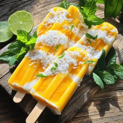 To make the best mango coconut popsicles, you'll need a few simple ingredients: - 2 ripe mangoes, peeled and diced - 1 cup coconut milk - 1/4 cup honey or maple syrup - 1 tablespoon lime juice - Optional: 1/2 cup shredded unsweetened coconut - Pinch of salt Ripe mangoes are key to a sweet and tasty popsicle. Look for mangoes that yield slightly when you press them. This means they are ready to eat. Coconut milk gives a creamy texture and rich flavor. You can use canned or carton coconut milk. For sweetness, honey and maple syrup work great. You can adjust the amount based on your taste. Lime juice adds a nice zing and balances the flavors. If you want added texture, shredded coconut is a fun choice. It gives the popsicles a tropical feel. Just remember to add a pinch of salt. This tiny amount enhances all the flavors. You can find the full recipe in the section above. Enjoy making these refreshing treats! To make mango coconut popsicles, follow these simple steps. First, gather your ingredients. You need ripe mangoes, coconut milk, sweeteners, lime juice, and optional shredded coconut. 1. Blend mangoes, coconut milk, sweeteners, and lime juice Start by peeling and dicing the mangoes. Place them in a blender with coconut milk, honey or maple syrup, lime juice, and a pinch of salt. Blend until smooth and creamy. 2. Incorporate shredded coconut for texture If you enjoy a bit of chewiness, add shredded coconut to the blender. Pulse a few times to mix it in. This gives your popsicles a fun texture that enhances each bite. 3. Adjust sweetness and pour into molds Taste the mixture. If you want it sweeter, add more honey or syrup. Once you are happy with the flavor, pour the blend into popsicle molds. Make sure to leave some space at the top for expansion. 4. Insert sticks and freeze Carefully insert sticks into each mold. Place the molds in the freezer. Let them freeze for at least 4 to 6 hours until they are completely solid. 5. Release popsicles after freezing When ready to enjoy, run warm water over the outside of the molds for a few seconds. Then gently pull the popsicles out. They should come out easily. Now you have a tasty treat to cool down on a hot day! Enjoy these mango coconut popsicles as a refreshing snack or dessert. For the full recipe, check out the section above. How to choose ripe mangoes Pick mangoes that are slightly soft when you press them. They should smell sweet near the stem. The skin color can vary, so focus on feel and smell. Ripe mangoes will give your popsicles great flavor. Tips for blending to achieve creaminess When you blend the mix, do it on high speed. This helps turn the mango and coconut milk into a smooth, creamy texture. If you want some bits, add shredded coconut later and pulse just a few times. This keeps some texture without losing creaminess. Adjusting sweetness and flavor according to taste Taste the mixture before you pour it into molds. If it needs more sweetness, add honey or maple syrup. You can also squeeze in more lime juice for a zesty kick. The flavors should be balanced and make your taste buds happy! For the full recipe, check out the Mango Coconut Popsicles section. {{image_2}} You can have fun with mango coconut popsicles by trying different flavors. Here are some great combinations: - Add Other Fruits: Mix in fruits like pineapple or banana. This adds new tastes and fun colors. Pineapple gives a tangy note, while banana lends creaminess. Just blend the extra fruit with the mango for a tasty twist. - Use Flavored Coconut Milk: Instead of plain coconut milk, try vanilla-flavored options. This small change can make a big difference. The vanilla adds a sweet touch that pairs well with mango. - Incorporate Yogurt: For creamier popsicles, mix in some plain yogurt. This adds smoothness and a slight tang. Use Greek yogurt for extra protein and a thicker texture. Adjust the amount based on how creamy you want the popsicles. Feel free to be creative! Each variation can change the popsicle experience. You can adapt the Full Recipe to suit your taste. Enjoy experimenting! To keep your mango coconut popsicles fresh, you need to store them right. First, make sure they are fully frozen. This usually takes about 4 to 6 hours. Once they are solid, you can take them out of the molds. You can store popsicles in various containers. I recommend using airtight plastic bags or freezer-safe containers. This helps prevent freezer burn and keeps them tasty. If you use bags, try to squeeze out as much air as possible before sealing. These popsicles will stay good for about 4 to 6 weeks in the freezer. For the best flavor and texture, enjoy them within the first two weeks. This way, they taste fresh and delicious. Remember, for the best experience, check the storage info on the Full Recipe. Can I use frozen mango instead of fresh? Yes, you can use frozen mango. It works well and saves time. Just blend it straight from the freezer. This will make your popsicles super cold and refreshing. How do I make popsicles without molds? You can use small cups or ice cube trays. Just pour the mixture into them, then add sticks before freezing. This method is simple and fun. What else can I add for extra nutrition? You can add spinach or kale for a green boost. Also, try adding chia seeds for fiber and omega-3s. Both options keep the pops tasty while adding nutrition. Are these popsicles vegan? Yes, they are vegan if you use maple syrup instead of honey. Coconut milk is a great dairy-free base. Enjoy these popsicles without animal products! Can I make them sugar-free? Absolutely! You can skip the honey or maple syrup. Use ripe mangoes for natural sweetness, or try a sugar substitute like stevia. This will keep the pops delicious and healthy. For the full recipe, check the section above. Mango coconut popsicles are easy and fun to make. You blend ripe mangoes, coconut milk, sweeteners, and lime juice. Add some coconut for texture, freeze, and enjoy. You can tweak flavors or add fruits for more variety. Store them right in your freezer to last longer. These popsicles are delicious and great for any day. Make them your way, and share them with friends! Simple steps can lead to tasty treats. Enjoy your time making and eating them!