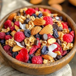 To make a tasty Summer Berry Trail Mix, you need these fresh and simple ingredients: - 1 cup dried strawberries - 1 cup dried blueberries - 1 cup dried raspberries - 1 cup almonds (raw or roasted) - 1 cup walnuts (chopped) - 1 cup unsweetened coconut flakes - 1/2 cup dark chocolate chips (optional) - 1/4 teaspoon sea salt - 1 tablespoon honey or maple syrup (optional, for sweetness) Each ingredient packs a punch of nutrition. Dried berries are full of vitamins and antioxidants. They boost your immune system and help your skin glow. Almonds and walnuts provide healthy fats and protein. They keep you full and give you energy. Coconut flakes add fiber, which is great for digestion. Dark chocolate chips can lift your mood with their rich flavor. Using honey or maple syrup adds natural sweetness, while sea salt enhances all the flavors. You can mix things up with different ingredients. Try using other dried fruits like cranberries or apricots if you like. For nuts, cashews or pecans work well too. If you prefer seeds, chia or pumpkin seeds can replace the nuts. You can also skip the chocolate if you want a lighter snack. Just make sure to keep the balance of sweet and salty for the best taste. For the full recipe, check the instructions above. To make the Summer Berry Trail Mix, start with a large bowl. First, add 1 cup of dried strawberries, 1 cup of dried blueberries, and 1 cup of dried raspberries. Mix them well so you see all the colors. Next, add 1 cup of almonds and 1 cup of chopped walnuts. Be gentle when mixing to keep the nuts whole. Then, sprinkle in 1 cup of unsweetened coconut flakes. Fold them in carefully. This adds a nice sweetness. If you want more sweetness, drizzle in 1 tablespoon of honey or maple syrup. Add a pinch of sea salt to bring out the flavors. Toss everything together until mixed well. Finally, if you like chocolate, fold in 1/2 cup of dark chocolate chips. Be careful not to break them. Once mixed, pour the trail mix into an airtight container or small bags for easy snacking. When mixing, always start with the dried fruits. This makes it easier to see what you have. Use a large bowl for space. Mixing gently helps keep nuts whole. This way, you get a nice crunch in every bite. If you want to change the flavor, try adding spices like cinnamon or nutmeg. You can also replace nuts with seeds if you have nut allergies. Remember, the key is to balance flavors and textures. For a fun presentation, serve the trail mix in small bowls or mason jars. You can add a few fresh berries on top for a colorful look. This makes a perfect snack for hikes or picnics. You can also enjoy it at home while watching a movie. Keep it on hand for a quick energy boost during the day. This mix is not only tasty but also packed with nutrients. For the complete recipe, check the Full Recipe section. To keep your trail mix fresh, use an airtight container. This prevents air and moisture from making it stale. Store it in a cool, dry place. You can also use small zip-lock bags for single servings. This makes it easy to grab on the go. For longer freshness, consider storing it in the fridge. This works great if you added chocolate chips. When adding sweeteners, start small. You can always add more later. Honey or maple syrup are great choices. They blend well with the berries and nuts. If you prefer, try using a sugar substitute. Just check the label for the right amount. Sweeteners can enhance the flavor of your mix but use them wisely. Balance is key to keep it healthy. To make your trail mix even better, add extra ingredients. Try spices like cinnamon or nutmeg for warmth. These spices boost flavor without extra calories. You can also add seeds, like pumpkin or sunflower seeds, for crunch. Dried fruits, such as apricots or cranberries, add sweetness and color. Get creative! Use what you like to make the mix your own. For the full recipe, refer to the Summer Berry Trail Mix section. {{image_2}} You can change your Summer Berry Trail Mix for any season. In fall, add pumpkin seeds and dried apples. For winter, use dried cranberries and nuts like pecans. Spring brings fresh herbs, like mint or basil, to brighten the flavor. Each season offers unique tastes to keep your mix exciting. Make this trail mix fun for kids! Swap out nuts for seeds if needed. Add colorful cereal or yogurt-covered raisins for sweetness. You can also include small candies to make it a treat. Let kids help mix their favorite ingredients. This way, they feel part of the fun! Boost the protein in your trail mix easily. Use more almonds or walnuts for a crunch. Try adding sunflower seeds or pumpkin seeds for variety. You can also toss in some chia seeds for extra nutrients. These additions make your snack filling and good for you. For a complete guide, check out the [Full Recipe]. To keep your Summer Berry Trail Mix fresh, use airtight containers. This helps to lock in flavors and prevent moisture. Glass jars or plastic bins work great. When you store your mix properly, it stays crunchy and tasty. Make sure the lid is on tight after each use. If you want to take it on the go, small zip-lock bags are perfect for easy snacking. When stored right, your Summer Berry Trail Mix can last up to two weeks. If you keep it in the fridge, it can last even longer. The dried fruits and nuts help it stay fresh. Just check for any signs of spoilage before eating. If it smells off or looks strange, it's best to toss it. For longer storage, you can freeze your trail mix. Use a freezer-safe container or bag. Make sure to remove as much air as possible before sealing. This helps prevent freezer burn. Your mix can last for up to six months in the freezer. When you’re ready to eat it, let it thaw at room temperature. This way, your Summer Berry Trail Mix will taste just as good as when you made it. You can swap out some ingredients for healthier choices. Use nuts like cashews or pecans. You can also replace chocolate chips with cacao nibs for less sugar. Try adding seeds like pumpkin or sunflower for extra nutrients. If you like, skip the sweetener or use a smaller amount. You can also add dried fruits like apricots or figs. They bring more fiber and vitamins. The best berries for trail mix are dried strawberries, blueberries, and raspberries. They taste great and add vibrant color. You can also use dried cranberries or cherries for a tart flavor. Each berry has unique vitamins and antioxidants. Choose your favorites for a personal touch. Fresh berries are great, but they don't last long. That's why dried fruits are best for trail mix. You can find pre-made Summer Berry Trail Mix in many grocery stores. Look in the snack aisle or health food section. Stores like Whole Foods and Trader Joe's often carry it. Online retailers like Amazon also offer different brands. You can compare options and find one that suits your taste. Make sure to check the ingredients for quality. Your Summer Berry Trail Mix is simple and fun to make. We covered the important ingredients, from berries to nuts, and their health benefits. You learned how to blend and serve it in tasty ways. Remember to store your mix right to keep it fresh. You can always switch ingredients for a new twist. This mix fits any season and works for kids, too. Enjoy creating your own versions and sharing them with friends and family. Happy snacking!