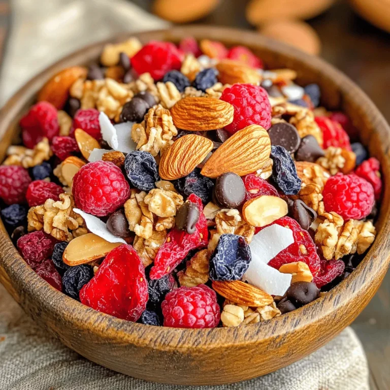 To make a tasty Summer Berry Trail Mix, you need these fresh and simple ingredients: - 1 cup dried strawberries - 1 cup dried blueberries - 1 cup dried raspberries - 1 cup almonds (raw or roasted) - 1 cup walnuts (chopped) - 1 cup unsweetened coconut flakes - 1/2 cup dark chocolate chips (optional) - 1/4 teaspoon sea salt - 1 tablespoon honey or maple syrup (optional, for sweetness) Each ingredient packs a punch of nutrition. Dried berries are full of vitamins and antioxidants. They boost your immune system and help your skin glow. Almonds and walnuts provide healthy fats and protein. They keep you full and give you energy. Coconut flakes add fiber, which is great for digestion. Dark chocolate chips can lift your mood with their rich flavor. Using honey or maple syrup adds natural sweetness, while sea salt enhances all the flavors. You can mix things up with different ingredients. Try using other dried fruits like cranberries or apricots if you like. For nuts, cashews or pecans work well too. If you prefer seeds, chia or pumpkin seeds can replace the nuts. You can also skip the chocolate if you want a lighter snack. Just make sure to keep the balance of sweet and salty for the best taste. For the full recipe, check the instructions above. To make the Summer Berry Trail Mix, start with a large bowl. First, add 1 cup of dried strawberries, 1 cup of dried blueberries, and 1 cup of dried raspberries. Mix them well so you see all the colors. Next, add 1 cup of almonds and 1 cup of chopped walnuts. Be gentle when mixing to keep the nuts whole. Then, sprinkle in 1 cup of unsweetened coconut flakes. Fold them in carefully. This adds a nice sweetness. If you want more sweetness, drizzle in 1 tablespoon of honey or maple syrup. Add a pinch of sea salt to bring out the flavors. Toss everything together until mixed well. Finally, if you like chocolate, fold in 1/2 cup of dark chocolate chips. Be careful not to break them. Once mixed, pour the trail mix into an airtight container or small bags for easy snacking. When mixing, always start with the dried fruits. This makes it easier to see what you have. Use a large bowl for space. Mixing gently helps keep nuts whole. This way, you get a nice crunch in every bite. If you want to change the flavor, try adding spices like cinnamon or nutmeg. You can also replace nuts with seeds if you have nut allergies. Remember, the key is to balance flavors and textures. For a fun presentation, serve the trail mix in small bowls or mason jars. You can add a few fresh berries on top for a colorful look. This makes a perfect snack for hikes or picnics. You can also enjoy it at home while watching a movie. Keep it on hand for a quick energy boost during the day. This mix is not only tasty but also packed with nutrients. For the complete recipe, check the Full Recipe section. To keep your trail mix fresh, use an airtight container. This prevents air and moisture from making it stale. Store it in a cool, dry place. You can also use small zip-lock bags for single servings. This makes it easy to grab on the go. For longer freshness, consider storing it in the fridge. This works great if you added chocolate chips. When adding sweeteners, start small. You can always add more later. Honey or maple syrup are great choices. They blend well with the berries and nuts. If you prefer, try using a sugar substitute. Just check the label for the right amount. Sweeteners can enhance the flavor of your mix but use them wisely. Balance is key to keep it healthy. To make your trail mix even better, add extra ingredients. Try spices like cinnamon or nutmeg for warmth. These spices boost flavor without extra calories. You can also add seeds, like pumpkin or sunflower seeds, for crunch. Dried fruits, such as apricots or cranberries, add sweetness and color. Get creative! Use what you like to make the mix your own. For the full recipe, refer to the Summer Berry Trail Mix section. {{image_2}} You can change your Summer Berry Trail Mix for any season. In fall, add pumpkin seeds and dried apples. For winter, use dried cranberries and nuts like pecans. Spring brings fresh herbs, like mint or basil, to brighten the flavor. Each season offers unique tastes to keep your mix exciting. Make this trail mix fun for kids! Swap out nuts for seeds if needed. Add colorful cereal or yogurt-covered raisins for sweetness. You can also include small candies to make it a treat. Let kids help mix their favorite ingredients. This way, they feel part of the fun! Boost the protein in your trail mix easily. Use more almonds or walnuts for a crunch. Try adding sunflower seeds or pumpkin seeds for variety. You can also toss in some chia seeds for extra nutrients. These additions make your snack filling and good for you. For a complete guide, check out the [Full Recipe]. To keep your Summer Berry Trail Mix fresh, use airtight containers. This helps to lock in flavors and prevent moisture. Glass jars or plastic bins work great. When you store your mix properly, it stays crunchy and tasty. Make sure the lid is on tight after each use. If you want to take it on the go, small zip-lock bags are perfect for easy snacking. When stored right, your Summer Berry Trail Mix can last up to two weeks. If you keep it in the fridge, it can last even longer. The dried fruits and nuts help it stay fresh. Just check for any signs of spoilage before eating. If it smells off or looks strange, it's best to toss it. For longer storage, you can freeze your trail mix. Use a freezer-safe container or bag. Make sure to remove as much air as possible before sealing. This helps prevent freezer burn. Your mix can last for up to six months in the freezer. When you’re ready to eat it, let it thaw at room temperature. This way, your Summer Berry Trail Mix will taste just as good as when you made it. You can swap out some ingredients for healthier choices. Use nuts like cashews or pecans. You can also replace chocolate chips with cacao nibs for less sugar. Try adding seeds like pumpkin or sunflower for extra nutrients. If you like, skip the sweetener or use a smaller amount. You can also add dried fruits like apricots or figs. They bring more fiber and vitamins. The best berries for trail mix are dried strawberries, blueberries, and raspberries. They taste great and add vibrant color. You can also use dried cranberries or cherries for a tart flavor. Each berry has unique vitamins and antioxidants. Choose your favorites for a personal touch. Fresh berries are great, but they don't last long. That's why dried fruits are best for trail mix. You can find pre-made Summer Berry Trail Mix in many grocery stores. Look in the snack aisle or health food section. Stores like Whole Foods and Trader Joe's often carry it. Online retailers like Amazon also offer different brands. You can compare options and find one that suits your taste. Make sure to check the ingredients for quality. Your Summer Berry Trail Mix is simple and fun to make. We covered the important ingredients, from berries to nuts, and their health benefits. You learned how to blend and serve it in tasty ways. Remember to store your mix right to keep it fresh. You can always switch ingredients for a new twist. This mix fits any season and works for kids, too. Enjoy creating your own versions and sharing them with friends and family. Happy snacking!
