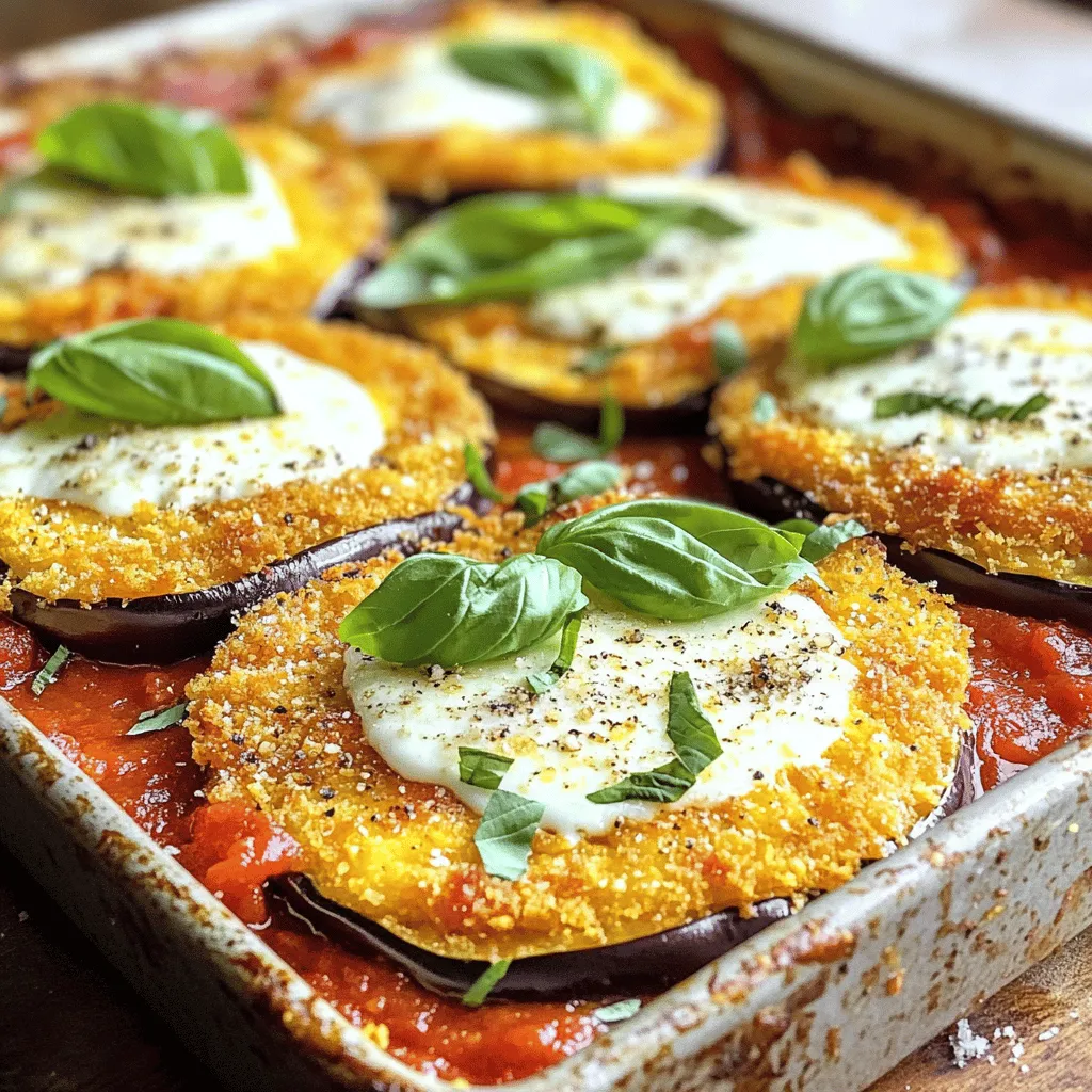 - 2 medium eggplants - 1 teaspoon salt - 1 cup breadcrumbs - 1/2 cup grated Parmesan cheese - 1 teaspoon dried oregano - 1 teaspoon garlic powder - 3 cups marinara sauce - 2 cups shredded mozzarella cheese - Fresh basil leaves for garnish - Olive oil spray If you want to change things up, consider these swaps: - For breadcrumbs, try crushed crackers or oats. - Use cheddar or gouda instead of Parmesan or mozzarella. - Make your marinara sauce with tomatoes, garlic, and herbs for a fresh taste. Choosing the right ingredients can make your Easy Eggplant Parmesan shine. Fresh eggplants work best for flavor and texture. The salt helps draw out moisture and keeps the slices firm. For breadcrumbs, whole wheat adds a nice crunch. You can even find gluten-free options if needed. Using fresh herbs like basil not only adds taste but also makes the dish look beautiful. I always recommend using high-quality olive oil. It enhances the flavor and keeps the eggplant from sticking. For the marinara, store-bought is fine, but homemade sauce adds a personal touch. If you use fresh tomatoes, cook them down to make a rich sauce. This little change can elevate your dish. Remember, these substitutions let you tailor the recipe to your taste. It's about finding what you love and making it your own. Enjoy the process! Salting the slices First, slice the eggplants into 1/2 inch rounds. Sprinkle each slice with salt. This helps to draw out moisture and reduce bitterness. Let them sit for 30 minutes. Rinsing and drying the eggplant After 30 minutes, rinse the eggplant slices with water. Pat them dry using paper towels. This step makes the eggplant less soggy when you bake it. Mixing the breadcrumb mixture In a bowl, mix breadcrumbs, grated Parmesan, dried oregano, and garlic powder. This mixture adds flavor and crunch to the eggplant. Dipping and coating the eggplant Line a baking sheet with parchment paper. Spray it lightly with olive oil. Dip each eggplant slice into the breadcrumb mixture, coating both sides. Place them on the prepared baking sheet. Layering components in the baking dish Preheat your oven to 375°F (190°C). Spread a thin layer of marinara sauce on the bottom of a large baking dish. Layer half of the crispy eggplant slices. Add more marinara sauce and half of the mozzarella cheese. Repeat these layers. Baking times and temperatures Bake in the oven for 20-25 minutes. The cheese should melt and bubble. For the best texture, let it cool for a few minutes. This helps the layers to set nicely. Enjoy your tasty Eggplant Parmesan! You can find the Full Recipe for more details. To make eggplant crispy, start with salting. Salt draws out moisture. This step helps keep the eggplant firm. After about 30 minutes, rinse and pat the slices dry. This process removes extra water. It also reduces bitterness. For even baking, use a baking sheet lined with parchment paper. This keeps the eggplant from sticking. Space out your slices on the sheet. If they touch, they won't brown well. Lightly spray the tops with olive oil. This gives them a nice golden color. To boost flavor, try adding different seasonings. Italian herbs like thyme and basil work well. A sprinkle of crushed red pepper adds a nice kick. You can also experiment with smoked paprika for a unique twist. If you prefer homemade marinara, use fresh tomatoes. Cook them down with garlic and onions. Add a pinch of sugar to balance the acidity. Simmer it until thick, and you have a great sauce. For the best results, choose a heavy baking sheet. It helps distribute heat evenly. A glass or ceramic dish is great for baking, too. These materials retain heat well, ensuring even cooking. To make prep easier, use a food processor. It speeds up breadcrumb making and slicing. A mandoline slicer is also handy for cutting eggplant. These tools save time and help you stay organized while cooking. For the full recipe, check out the Energizing Eggplant Parmesan. {{image_2}} If you need a gluten-free Eggplant Parmesan, there are easy swaps. You can use gluten-free breadcrumbs made from rice or corn. You can also use crushed nuts like almonds or walnuts for a crunchy crust. Both options taste great and add unique flavors. For a vegetarian twist, you can use regular cheese alternatives. If you want it vegan, try cashew cheese or vegan mozzarella. Both melt well and taste delicious. You can also add spinach or zucchini slices for extra nutrition. These veggies blend nicely with the eggplant. Want a faster way to cook? Use an air fryer! It cooks the eggplant quickly and keeps it crispy. Just set it to 375°F and cook for about 15-20 minutes. You can also cook it on the stovetop. Just pan-fry the eggplant slices in a bit of olive oil. They will still turn out tasty and golden. For the full recipe, check out the link! To keep your Eggplant Parmesan fresh, place it in an airtight container. This helps prevent drying. For best results, refrigerate it within two hours after cooking. Eggplant Parmesan stays good in the fridge for about 3 to 5 days. If you want to store it longer, freezing is a great option. To freeze Eggplant Parmesan, first let it cool completely. Then, wrap it tightly in plastic wrap or aluminum foil. For extra protection, place it in a freezer-safe bag. It can last in the freezer for about 2 to 3 months. When you're ready to eat, just thaw it in the fridge overnight before reheating. Reheating Eggplant Parmesan so it tastes great is simple. I recommend using the oven for the best results. Preheat your oven to 350°F (175°C). Place the dish in the oven, covered with foil. Heat for about 20 to 25 minutes. This keeps it nice and moist. You can also use the microwave if you're in a hurry. Just place a slice on a microwave-safe plate. Cover it with a damp paper towel to keep it from drying out. Heat it for 1 to 2 minutes, checking to make sure it's hot all the way through. Eggplant Parmesan lasts about 3 to 5 days in the fridge. Always check for signs of spoilage before eating. If you see mold or a sour smell, throw it away. It's best to eat it fresh, but these tips can help you enjoy leftovers safely. Yes, you can prepare it ahead of time. You can bread the eggplant slices and store them in the fridge. Just cover them tightly to keep them fresh. You can also assemble the dish without baking. Cover it with foil and place it in the fridge. Bake it when you are ready to eat. - Tips for prepping ahead of time: - Bread the eggplant and store it in the fridge. - Layer the dish and keep it covered. - Best ways to store before baking: - Use an airtight container. - Keep it in the fridge for up to 24 hours. Eggplant Parmesan can be part of a healthy diet. Eggplants are low in calories and high in fiber. They provide antioxidants too. The cheese adds protein but also fat. You can make it healthier by using less cheese or whole wheat breadcrumbs. - Nutritional breakdown and benefits: - Eggplants are low in calories. - They are rich in fiber and antioxidants. - How to make it healthier: - Use less cheese or low-fat cheese. - Opt for whole wheat breadcrumbs. Yes, you can use frozen eggplant slices. Make sure to thaw them first. This helps avoid excess water in the dish. You may need to adjust cooking times slightly, as frozen slices can be thicker. - Tips for using frozen eggplant slices: - Thaw and drain excess water. - Pat them dry before breading. - Adjustments in cooking times: - Increase baking time by 5 to 10 minutes. - Check for doneness before serving. For the full recipe, check out the Easy Eggplant Parmesan section above. Making Easy Eggplant Parmesan involves simple steps. We covered the ingredients needed, including eggplants, cheese, and marinara sauce. You learned how to prep the eggplant and achieve that perfect crispy texture. We also shared storage tips and methods for reheating. Remember, you can tweak recipes with substitutions and variations, like going gluten-free or using vegan cheese. Enjoy your cooking adventure with this dish! It's tasty, flexible, and easy to customize. With these tips, you'll make a delicious meal that pleases everyone.