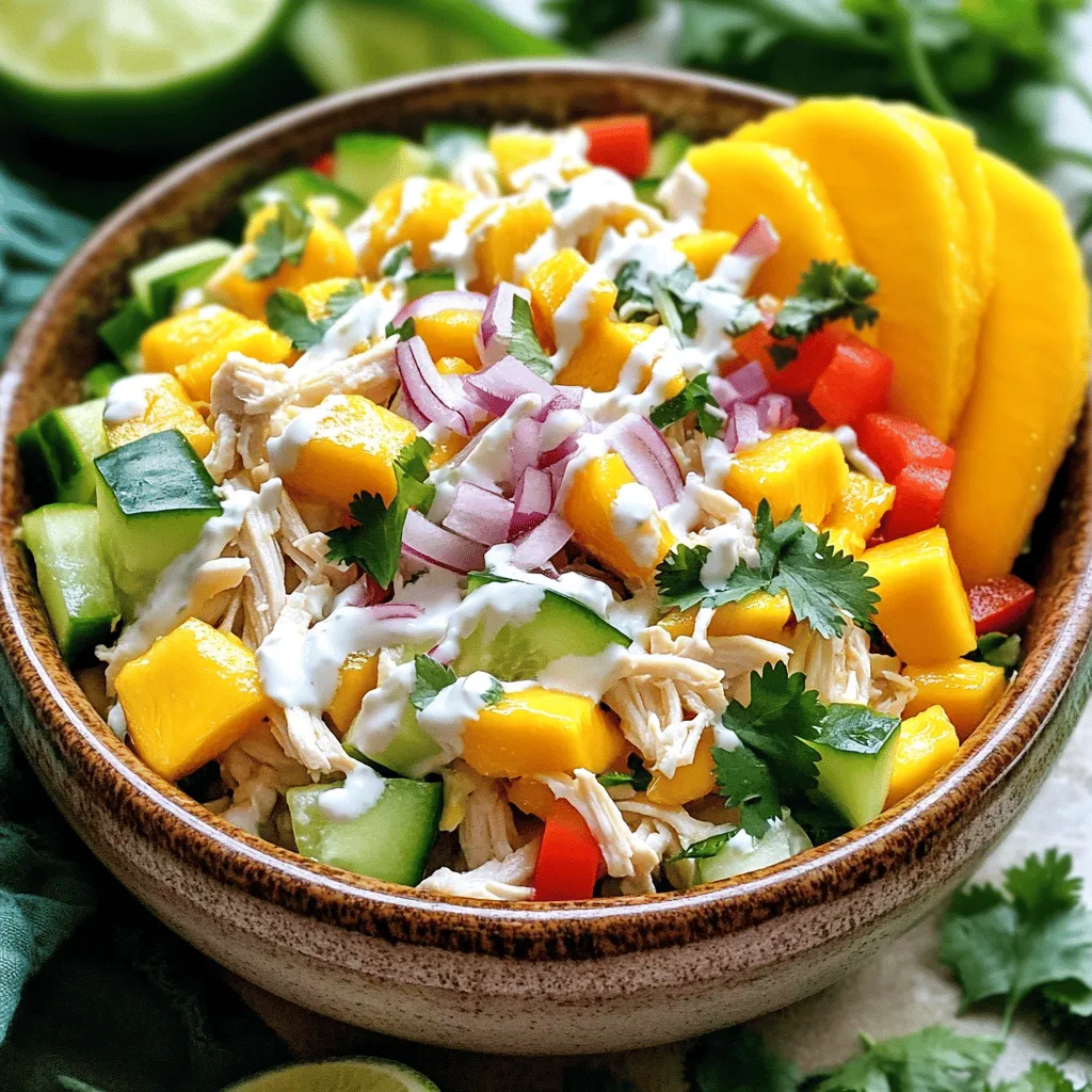 Mango chicken salad is a fresh and vibrant dish. It brings together simple, tasty ingredients. This recipe takes only 15 minutes to prep. You can enjoy it as a light meal or a side dish. For this salad, you need: - 2 cups cooked chicken breast, shredded - 1 ripe mango, diced - 1 red bell pepper, diced - 1/2 cucumber, diced - 1/4 cup red onion, finely chopped - 1/4 cup cilantro, chopped - 1/4 cup Greek yogurt - 2 tablespoons lime juice - 1 tablespoon honey - Salt and pepper to taste These ingredients create a colorful mix. The chicken adds protein, while mango brings sweetness. The red bell pepper and cucumber add crunch. The yogurt dressing ties everything together with creaminess. You can customize your salad with these add-ins: - 1/4 teaspoon cumin for a warm flavor - Avocado, for extra creaminess - Chopped nuts, like almonds or cashews, for crunch - Other fruits, like pineapple or strawberries, for added sweetness These options allow you to play with tastes and textures. Don't be afraid to try your own twists! For more details on making this dish, check the full recipe. Start by gathering your ingredients. You need cooked chicken, ripe mango, red bell pepper, cucumber, red onion, and cilantro. Dice the mango, bell pepper, and cucumber into small pieces. Finely chop the red onion and cilantro. Shred the chicken breast if it isn't already. This step takes about 10 minutes and sets you up for a vibrant salad. In a large mixing bowl, combine the shredded chicken, diced mango, bell pepper, cucumber, red onion, and cilantro. Use a spatula to mix gently. Be careful not to mash the mango. You want it to stay chunky for the best texture. This mixture brings bright colors and fresh flavors together. In a small bowl, whisk together Greek yogurt, lime juice, honey, salt, and pepper. If you like, add cumin for an extra kick. The dressing should be smooth and creamy. Pour the dressing over your salad mix. Gently toss the salad until everything is well coated. Taste it and adjust the seasoning if needed. If you can, chill the salad in the fridge for 30 minutes. It helps the flavors meld together beautifully. This process creates a fresh and flavorful mango chicken salad that will impress anyone! For the full recipe, check out the detailed instructions above. To pick the best mango, look for a ripe one. A ripe mango feels slightly soft when you squeeze it. It should have a sweet smell near the stem. The skin color varies, so focus on feel and smell. If you find green mangoes, they may not be ripe enough. Choose ones that are mostly yellow or red. You can also let them ripen at room temperature for a few days. Seasoning is key to making your mango chicken salad pop. Use fresh lime juice for a bright taste. Honey adds a touch of sweetness, balancing the flavors. A pinch of salt and pepper elevates the taste. If you like spice, consider adding cumin. This spice gives depth to the dish. Always taste as you go to adjust the flavors based on your preference. When serving this salad, presentation matters. Use a large bowl for gatherings or individual plates for a personal touch. Garnish with extra cilantro leaves for color. Add slices of fresh mango on the side for a vibrant look. This salad pairs well with tortilla chips or crusty bread. It also makes a great topping for tacos or a filling for wraps. Enjoy your Mango Chicken Salad fresh, and let the flavors shine! {{image_2}} You can add more tropical fruits to make your salad even better. Try diced pineapple for a sweet touch. Kiwi adds a fun color and tang. Papaya gives a creamy texture. Each fruit adds unique flavors to the mix. If you want a different protein, think about using shrimp or grilled tofu. Both options taste great with mango. You can also use canned tuna if you want something quick. These choices keep the salad fresh and exciting. To make this salad vegan, skip the chicken and yogurt. Use chickpeas or black beans instead. They add protein and fiber. For the dressing, mix avocado with lime juice for creaminess. This way, the salad stays tasty and healthy. To keep your mango chicken salad fresh, place it in an airtight container. Make sure to seal it well to prevent air from getting in. Store it in the fridge. It’s best if you eat it within three days. The salad may lose its crunch if stored too long. Freezing mango chicken salad is not ideal. The texture of the mango and chicken changes when frozen. If you must freeze it, leave out the mango and dressing. You can mix them in later. To freeze, use a freezer-safe container and label it with the date. Meal prep makes life easier! Start by cooking extra chicken. Cut your veggies and mango ahead of time. Store them separately in the fridge. When you're ready to eat, mix everything together. This keeps your salad fresh and tasty. Enjoy your mango chicken salad whenever you like with these tips! For the full recipe, check the earlier section. Yes, you can use canned chicken. It saves time and effort. Just drain and shred it. Canned chicken works well in salads. It can still taste good with the right seasoning. However, fresh cooked chicken gives a better texture. Many dressings complement mango chicken salad. A simple vinaigrette works well. You can mix olive oil and vinegar for a light option. A spicy yogurt dressing adds a nice kick. Try a honey mustard dressing for a sweet touch. Each dressing alters the taste in a fun way. Mango chicken salad lasts about three days in the fridge. Store it in an airtight container. Make sure to keep it cool. The flavors blend over time, making it tasty. Just check for freshness before eating. If it looks or smells off, don’t eat it. You now have all the tools to make a tasty mango chicken salad. We reviewed essential ingredients, step-by-step instructions, and helpful tips. Remember, you can customize it with add-ins and variations. Store leftovers properly for later enjoyment. Whether you like it with chicken or prefer plant-based options, the choice is yours. This recipe offers flexibility to fit your taste. Enjoy your mango chicken salad creation and share it with friends!
