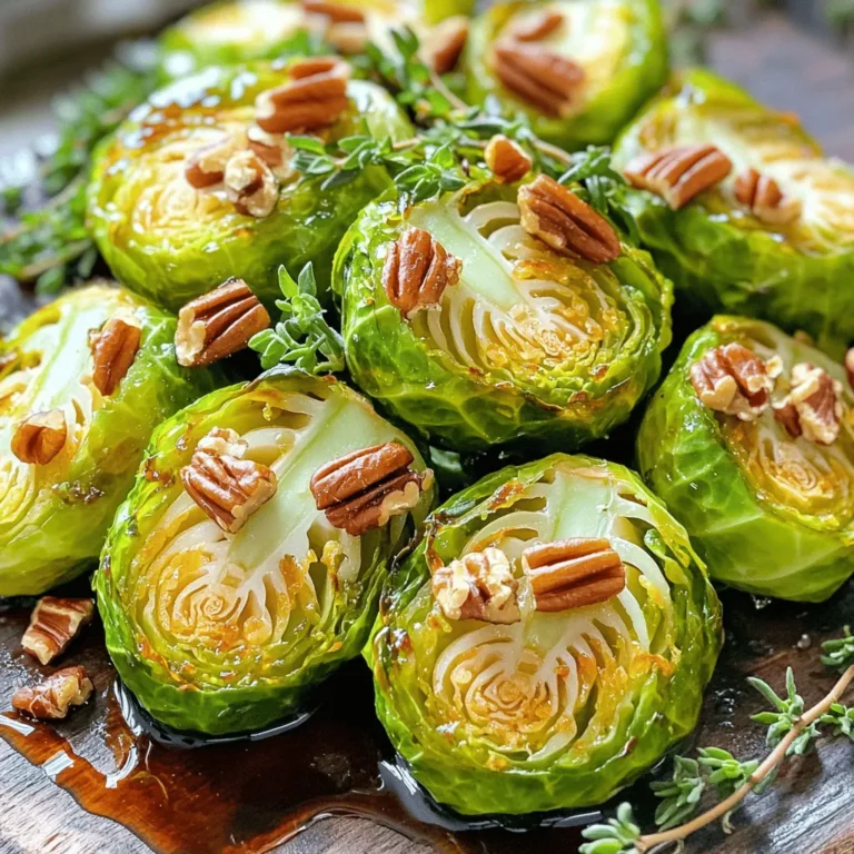 - 1 lb Brussels sprouts, trimmed and halved - 3 tablespoons olive oil - 2 tablespoons pure maple syrup - 1/2 cup pecans, roughly chopped - 1 tablespoon balsamic vinegar - Fresh thyme leaves for garnish - 1 teaspoon garlic powder - 1 teaspoon onion powder - Salt and pepper to taste The main ingredients are simple yet powerful. The Brussels sprouts bring a nice crunch. Olive oil helps with roasting, while maple syrup adds a sweet touch. The pecans give a nutty flavor and great texture. You can also use balsamic vinegar for a tangy kick. Fresh thyme leaves can brighten up the dish. Seasoning is key! Garlic powder and onion powder add depth. Don’t forget salt and pepper to taste. These ingredients work together to create magic. For the full recipe, check out the complete guide. Enjoy every bite of these flavorful bites! 1. Preheat the oven to 400°F (200°C). This is key for good roasting. 2. In a large bowl, combine the halved Brussels sprouts with olive oil, maple syrup, garlic powder, onion powder, salt, and pepper. Toss well to coat the sprouts evenly. 1. Spread the Brussels sprouts on a baking sheet cut side down. This helps them brown nicely. 2. Roast for 20 minutes before adding pecans. This step builds great flavor. 1. After 20 minutes, gently toss the sprouts and sprinkle the chopped pecans over them. 2. Roast for an additional 10-15 minutes. You want them tender and brown, stirring once halfway through. 3. Optionally, drizzle with balsamic vinegar before serving. Toss to combine for added taste. 4. Finally, remove from the oven and garnish with fresh thyme leaves. This adds a lovely touch. For the full recipe, check out the Maple-Pecan Roasted Brussels Sprouts. - Make sure to coat the sprouts well with oil and seasonings. This helps them cook evenly. - Use parchment paper on your baking sheet. It makes for easy cleanup after roasting. - If you like some spice, add a pinch of red pepper flakes. It gives a nice kick. - Try using different nuts, like walnuts or almonds, for added crunch and flavor. - Serve the roasted Brussels sprouts on a large platter. - Garnish with extra pecans and thyme for a beautiful look. This adds a touch of elegance to your dish. For the full recipe, check out the details above. {{image_2}} You can add seasonal veggies to your Brussels sprouts. Try carrots or sweet potatoes for color and taste. They roast well and add a nice texture. If you want extra flavor, try adding crispy bacon or pancetta. This gives a savory twist that many love. For a unique taste, make a maple mustard mix. Combine Dijon mustard with maple syrup. This brings a tangy sweetness that brightens the dish. You can also try a honey-lemon version. The citrus burst from the lemon adds freshness to the roasted sprouts. If you want a lighter option, use avocado oil instead of olive oil. It has a mild flavor and is great for cooking. For those who follow a vegan diet, pick pure maple syrup without additives. It keeps your dish both sweet and plant-based. For the full recipe, check the earlier section. To keep your Maple Roasted Brussels Sprouts fresh, let them cool completely. This step is key. Once cool, place them in an airtight container. Store the container in the fridge. The sprouts will stay good for about 3 to 4 days. For the best taste, reheat leftovers in the oven. Set the oven to 350°F (175°C) and warm them for about 10-15 minutes. This method helps to maintain their crispy texture. If you need a quick option, you can use the microwave. However, be aware that they may become a bit soggy. I do not recommend freezing these sprouts. Freezing can change their taste and texture. To enjoy the best flavor, eat them fresh or store leftovers in the fridge. If you have extra, consider sharing with friends instead of freezing! The best temperature for roasting Brussels sprouts is 400°F (200°C). This heat helps them caramelize nicely. You want that golden brown color. It also brings out their sweet flavor. You can use frozen Brussels sprouts if needed. However, fresh sprouts taste better and have a better texture. Frozen sprouts can be a quick fix, but they may not roast as well. Brussels sprouts are done when they are tender and caramelized. You do not want them mushy. Check for a nice brown color on the outside. This shows they are ready to eat. Maple roasted Brussels sprouts pair well with many dishes. You can serve them with roasted meats like chicken or beef. They also go great in grain bowls. They work well as a side for holiday meals too. Try them with your favorite proteins! For the full recipe, check out the details above. These maple roasted Brussels sprouts are easy to make and delicious. You learned the key ingredients, step-by-step instructions, and handy tips to enhance flavor. The variations and storage advice will help you enjoy them longer. Don't hesitate to try new flavors or veggies for a fun twist. These Brussels sprouts work well on any plate, from casual meals to special occasions. Enjoy your cooking adventure and the tasty results it brings!