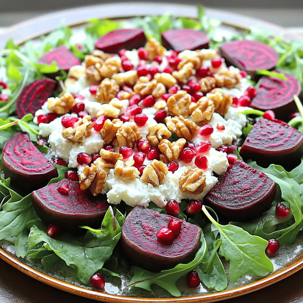 - 3 medium-sized beets - 4 cups mixed greens (arugula, spinach, and frisée) - 1/2 cup goat cheese, crumbled - 1/4 cup walnuts, toasted and chopped - 1/4 cup pomegranate seeds - 2 tablespoons balsamic vinegar - 2 tablespoons olive oil - 1 tablespoon honey - Salt and black pepper to taste Gathering fresh ingredients makes cooking fun and tasty. Here are the items you need to make a roasted beet goat cheese salad. Start with three medium-sized beets. They are the star of this dish. Next, you need four cups of mixed greens. Arugula, spinach, and frisée mix well together. For creaminess, use half a cup of crumbled goat cheese. It adds a nice tang. You will also need a quarter cup of walnuts, toasted and chopped. They give a great crunch. For a pop of color and sweetness, add a quarter cup of pomegranate seeds. For the dressing, gather two tablespoons each of balsamic vinegar and olive oil. Honey adds a sweet touch, so you’ll need one tablespoon. Finally, season with salt and black pepper to taste. - Baking sheet - Aluminum foil - Salad bowl - Whisk You’ll need a few tools to make this salad come together. First, grab a baking sheet to roast the beets. Aluminum foil helps keep the moisture in while they cook. Use a salad bowl to mix all the fresh ingredients. A whisk is perfect for blending the dressing smoothly. With these items, you're ready to create a colorful and flavorful salad! Check the full recipe for detailed steps. - Preheat oven to 400°F (200°C). - Wrap each beet in aluminum foil. Place them on a baking sheet. Roast beets for 45-60 minutes. They are done when a fork easily pierces them. This roasting process brings out their sweet flavor and makes them tender. - Once the beets cool, peel off the skins. They should slip off easily. Slice the beets into wedges. - In a large salad bowl, mix the greens, beet wedges, goat cheese, walnuts, and pomegranate seeds. This mix creates a beautiful color and texture. - In a small bowl, whisk together balsamic vinegar, olive oil, honey, salt, and black pepper. This dressing ties all the flavors together. - Drizzle the dressing over the assembled salad. Toss gently to mix everything well. Taste and adjust seasoning if needed. For the complete cooking process, check the Full Recipe. Enjoy your fresh and tasty Roasted Beet Goat Cheese Salad! To know when your beets are done, pierce them with a fork. If it slides in easily, they are ready. This usually takes about 45 to 60 minutes at 400°F (200°C). If your beets are still hard, give them more time. Check them every 10 minutes until they soften. If you notice that your beets are undercooked, don’t worry. Just put them back in the oven, wrapped in foil. Roasting longer at the same temperature will help. You can check them again after another 15 minutes. To make your salad even better, adjust the seasoning. Adding more salt or pepper can really lift the taste. You might also try adding a pinch of garlic powder or a squeeze of lemon juice for brightness. Consider adding fresh herbs like basil or mint for a fresh twist. You can also mix in thinly sliced red onion or avocado for extra flavor. Nuts like pecans or almonds can add crunch, too. These small changes will make your roasted beet goat cheese salad shine even more. For the full recipe, check out the Roasted Beet & Goat Cheese Delight. {{image_2}} You can switch up the mixed greens in this salad. If you prefer spinach, it adds a nice tender touch. Baby kale also works well, bringing a hearty flavor. Try using arugula for a peppery kick. Even romaine can add a nice crunch. Mixing different greens gives your salad more texture and taste. To make this salad heartier, add proteins like grilled chicken or chickpeas. They bring great texture and flavor. You can also try shrimp or tofu for a fresh twist. Nuts like pecans or almonds can add crunch. For cheese, feta or blue cheese can create a unique taste. Don't shy away from experimenting with different combinations to find your favorite mix. For the full recipe, check out the Roasted Beet & Goat Cheese Delight. To keep your Roasted Beet Goat Cheese Salad fresh, store it in an airtight container. Place the salad in the fridge right after serving. This helps maintain the flavors and crunch. Use the salad within three days for the best taste. If you have leftover dressing, store it separately. This keeps the greens from wilting too soon. You can enjoy the dressing for up to a week. Typically, salads are best served fresh and cold. However, if you prefer warm beets, gently reheat them in the microwave. Place the beets in a bowl and heat for about 30 seconds. Stir, then heat for another 30 seconds if needed. Avoid reheating the greens or dressing. Instead, add the warm beets to a fresh salad mix for a cozy twist. You can still enjoy that delightful flavor with fresh greens and toppings. Roasted beets can last about 3 to 5 days in the fridge. Store them in an airtight container. This keeps them fresh and tasty for your salads. I recommend using them within a few days for the best flavor. Yes, you can make this salad ahead of time. Just keep the dressing separate until you are ready to serve. This helps keep the greens fresh and crisp. You can store the salad in the fridge for up to a day. The best way to peel roasted beets is simple. After roasting, let them cool slightly. Then, use your hands or a paper towel to rub off the skins. They should come off easily. Just be careful, as the juice can stain your hands. This salad is not vegan because of the goat cheese. To make it vegan, you can skip the cheese or use a vegan cheese substitute. You can also add extra nuts or seeds for protein and flavor. Yes, you can substitute goat cheese with another cheese. Feta or blue cheese works well. If you prefer a milder taste, try cream cheese or ricotta. Each option adds a unique flavor to the salad. For the full recipe, check out the details above! This salad combines bold flavors and vibrant colors. We started with roasted beets, then mixed in fresh greens, crunchy walnuts, and tangy goat cheese. The dressing adds a sweet and tart kick. Remember, you can swap ingredients to suit your taste. This recipe is easy to prepare and great for leftovers. Enjoy a tasty and healthy meal. Your palette will thank you!