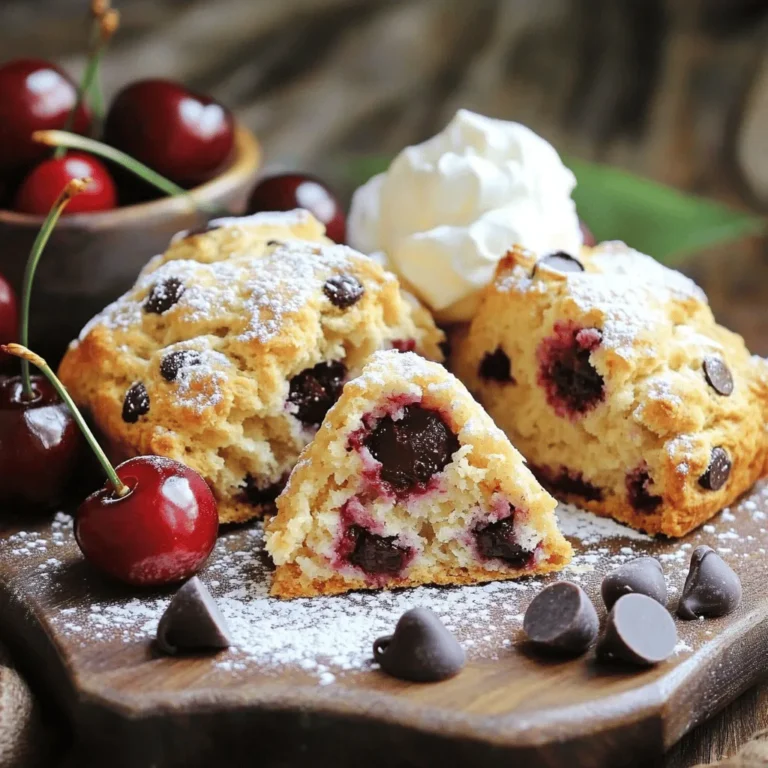 - 2 cups all-purpose flour - 1/3 cup granulated sugar - 1 tablespoon baking powder - 1/2 teaspoon salt - 1/2 cup unsalted butter, chilled and cubed - 1/2 cup heavy cream - 1 large egg - 1 teaspoon vanilla extract - 1 cup fresh or frozen cherries, pitted and chopped - 1/2 cup semi-sweet chocolate chips - 1 egg wash (for brushing) When making cherry chocolate chip scones, the main ingredients are simple and easy to find. Each ingredient plays a key role in creating a light and flaky scone. The flour gives structure, while sugar adds sweetness. The baking powder helps the scones rise. The butter is crucial; it creates that tender crumb we all love. Heavy cream adds richness, while the egg binds everything together. Don’t forget the cherries and chocolate chips; they bring joy in every bite! - Powdered sugar for dusting - Whipped cream for serving Optional ingredients can enhance your scones. Dusting with powdered sugar gives a lovely finish. Whipped cream also makes for a delightful topping. You can serve these scones warm, with a dollop of whipped cream. It adds a touch of elegance to your dish. For the full recipe, check out the details above. - Preheat your oven to 400°F (200°C). - Line a baking sheet with parchment paper. - In a large bowl, mix together 2 cups of flour, 1/3 cup sugar, 1 tablespoon baking powder, and 1/2 teaspoon salt. This creates a solid base for your scones. - Add 1/2 cup of cold, cubed butter to the flour mix. - Use your fingers or a pastry cutter to blend the butter. You want it to look like coarse crumbs. - In another bowl, whisk together 1/2 cup heavy cream, 1 large egg, and 1 teaspoon vanilla extract. This mix brings moisture and flavor. - Pour the wet mix into the dry ingredients. Gently fold them together until just combined. Don’t overmix; a few lumps are okay! - Fold in 1 cup of chopped cherries and 1/2 cup of chocolate chips. This adds sweetness and texture to the dough. - Transfer the dough to a floured surface. Knead it gently a couple of times until it holds together. - Pat the dough into a circle, about 1-inch thick. Cut it into 8 wedges and place them on the baking sheet. - Brush the tops with an egg wash made from 1 egg whisked with 1 tablespoon water. This gives them a beautiful golden color. - Bake the scones for 15-20 minutes. They should turn lightly golden on top. - Let them cool for a few minutes on the baking sheet before moving them to a wire rack. Enjoy them warm for the best taste! For the full recipe, check out the Cherry Chocolate Chip Scones section. To make the best cherry chocolate chip scones, focus on texture. You want them light and fluffy. Here are a few tips to help you achieve that perfect texture: - Use cold butter: Chilled butter creates steam, helping the scones rise. - Do not overmix: Gently fold the dough until just combined. Overmixing can lead to tough scones. - Add moisture wisely: Use heavy cream to keep scones moist without making them too wet. When incorporating fruit, like cherries, consider these guidelines: - Chop cherries evenly: Cut them into small pieces for even distribution. - Use fresh or frozen: Both work well. If using frozen, do not thaw them first. - Toss in flour: Lightly coat the cherries with flour before adding them to the dough. This prevents them from sinking. Baking temperature is key to perfect scones. I recommend preheating your oven to 400°F (200°C). This high heat helps the scones rise quickly. For baking time, aim for 15-20 minutes. Your scones should be lightly golden on top. If they look pale, leave them in for a few more minutes. Cherry chocolate chip scones shine when served warm. Dust them with powdered sugar for a sweet touch. You can also add fresh cherries or a dollop of whipped cream on the side. For drinks, try pairing your scones with: - Coffee: The rich flavor balances the sweetness. - Tea: A nice herbal tea enhances the fruit notes. - Milk: Cold milk adds a creamy contrast. Explore these serving ideas to make your scones even more delightful! For the complete recipe, check out the [Full Recipe]. {{image_2}} Scones are fun to mix up! You can try different fruits like blueberries or raspberries. These fruits add a fresh twist. If you love chocolate, you can swap the semi-sweet chocolate chips for dark or white chocolate. Each type brings out new flavors. Experiment and find your favorite! If you need dairy-free options, use almond or coconut milk instead of heavy cream. For the butter, try a dairy-free spread. To make these scones gluten-free, use a gluten-free flour blend. This way, everyone can enjoy them! You can create mini scones for a fun twist. Just cut smaller shapes from the dough. They are great for parties! For a fancy touch, serve them on a tiered stand. You can also dust them with powdered sugar or add a dollop of whipped cream. This makes your scones look beautiful and inviting. For the full recipe, check out the Cherry Chocolate Chip Scones section above! To store your scones at room temperature, place them in an airtight container. This keeps them fresh for about two days. You can also wrap them in plastic wrap. Avoid storing them in a humid place. If you want to enjoy them longer, think about freezing. To freeze your scones, first, let them cool completely. Then, wrap each scone tightly in plastic wrap. Place them in a freezer bag or airtight container. They stay good for up to three months. For reheating, take the scones out of the freezer and let them thaw at room temperature. You can warm them in the oven at 350°F for about 10 minutes. This helps keep them soft and tasty. Enjoy your cherry chocolate chip scones anytime! For the full recipe, check the earlier section. How can I make my scones fluffier? To make your scones fluffier, use cold butter. Cut it into small pieces. This keeps the butter from melting before baking. Also, don't overmix the dough. Mix just until it comes together. This helps keep the scones light. Can I use frozen cherries? Will it affect the recipe? Yes, you can use frozen cherries. Just make sure to thaw and drain them first. This prevents extra moisture in your scones. They will taste just as good as fresh cherries. What's the difference between scones and biscuits? Scones are sweeter and richer than biscuits. They often contain sugar, fruits, or chocolate. Biscuits are usually flaky and buttery, with less sweetness. Both are delicious but serve different purposes. How to tell when the scones are done baking? Look for a light golden color on top. You can also tap the bottom of a scone. If it sounds hollow, it's done. A toothpick inserted should come out clean. What to do if the dough is too sticky? If your dough is too sticky, add a bit more flour. Sprinkle it in slowly while mixing. Be careful not to add too much. You want a soft but manageable dough. Solutions for dry scones If your scones turn out dry, you may have added too much flour. Make sure to measure the flour properly next time. Adding a little cream or butter on top can help fix dry scones once baked. In this post, we explored how to make delicious cherry chocolate chip scones. You learned about the main and optional ingredients, along with easy steps for preparation and baking. I shared tips for perfecting your scones and variations to try, like using other fruits or flavors. Remember, storing your scones correctly keeps them fresh. Now, you can enjoy warm, tasty scones with your favorite drink, impressing family and friends alike. Happy baking, and enjoy your delightful creation!