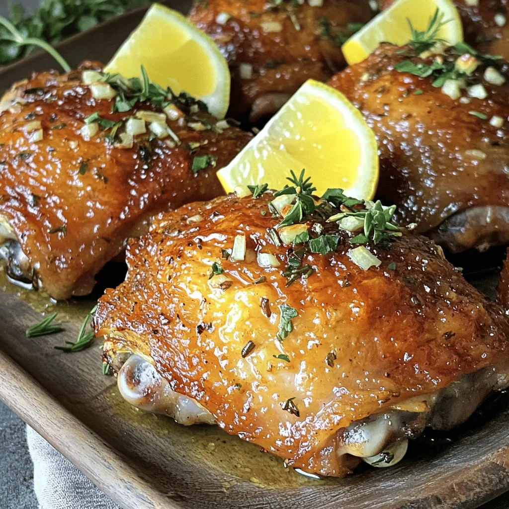 For this tasty dish, you'll need: - 6 bone-in, skin-on chicken thighs - 4 cloves garlic, minced - 3 tablespoons olive oil - 1 tablespoon fresh rosemary, chopped - 1 tablespoon fresh thyme, chopped - 1 tablespoon fresh parsley, chopped - Zest of 1 lemon - Juice of 1 lemon - Salt and pepper to taste - 1 teaspoon smoked paprika These main ingredients bring rich flavor. The bone-in thighs stay juicy, while the herbs and garlic add depth. You can elevate this dish with a few extras: - 1 tablespoon Dijon mustard for tanginess - 1 tablespoon honey for sweetness - A pinch of red pepper flakes for heat Adding these can create a unique twist. Feel free to mix and match based on your taste. To make cooking easy, gather these tools: - A large mixing bowl - A baking sheet or roasting pan - Parchment paper (optional, for easy clean-up) - A meat thermometer to check doneness Having the right tools helps everything go smoothly. You’ll find cooking more enjoyable with less mess. For the full recipe, check the details mentioned above. First, gather your ingredients. You will need: - 6 bone-in, skin-on chicken thighs - 4 cloves garlic, minced - 3 tablespoons olive oil - 1 tablespoon fresh rosemary, chopped - 1 tablespoon fresh thyme, chopped - 1 tablespoon fresh parsley, chopped - Zest of 1 lemon - Juice of 1 lemon - Salt and pepper to taste - 1 teaspoon smoked paprika Next, preheat your oven to 400°F (200°C). This helps the chicken cook evenly. In a small bowl, mix the minced garlic, olive oil, rosemary, thyme, parsley, lemon zest, lemon juice, smoked paprika, salt, and pepper. This mix creates a tasty herb marinade. Pat the chicken thighs dry with paper towels. This step makes the skin crispy. Rub the herb marinade all over each chicken thigh. Don’t forget to get some under the skin for extra flavor! Now, place the seasoned chicken thighs skin-side up on a baking sheet lined with parchment paper or in a roasting pan. Roasting them on parchment makes cleanup easy. Put the pan in the preheated oven. Roast the chicken for 35-40 minutes. Check that the internal temperature reaches 165°F (74°C). The skin should look golden and crispy. For an extra crispy finish, broil the chicken on high for the last 2-3 minutes. Watch it closely to avoid burning. Once cooked, take the chicken out of the oven. Let it rest for 5 minutes before serving. This step allows the juices to redistribute, keeping the chicken moist. Serve the chicken thighs on a large platter. Garnish with fresh herbs and lemon wedges. This adds color and flavor. Pair with roasted vegetables or a fresh salad for a complete meal. You can find the full recipe for Garlic Herb Roasted Chicken Thighs to guide you through each step. To achieve crispy skin on your chicken thighs, start by drying the skin well. Use paper towels to pat the thighs dry before seasoning. A dry surface helps the skin crisp up nicely in the oven. Next, rub the herb marinade under the skin as well. This not only adds flavor but helps with crispness too. Lastly, broil the chicken for the last few minutes. This extra heat gives the skin a perfect crunch. Feel free to tweak the seasoning to fit your likes. Love spice? Add some cayenne pepper to the herb mix. Prefer a milder taste? Reduce the garlic or use less salt. Fresh herbs are great, but dried herbs can work too, just use less. For a zesty kick, you can add more lemon juice or zest. The goal is to make it your own while still enjoying the base flavor. One common mistake is not seasoning enough. Make sure to coat every inch of the chicken with the marinade. Another mistake is overcrowding the pan. Leave space between the thighs so they cook evenly. Lastly, don’t skip the resting time after cooking. Letting the chicken rest for five minutes keeps it juicy. Follow these tips, and your garlic herb roasted chicken thighs will shine! For the complete cooking process, check out the Full Recipe. {{image_2}} You can mix herbs to change the flavor of your chicken. Try using basil or oregano for a twist. A blend of sage and dill also works well. Each herb brings a unique taste. You can make the dish new each time you cook. Want more flavor? Add yogurt or buttermilk to your marinade. These ingredients make the chicken juicy and tender. You can also try adding soy sauce or honey for a sweet touch. A splash of red wine vinegar adds a nice zing. Let your chicken marinate for at least 30 minutes or overnight for the best taste. Roasted vegetables are a great choice. Carrots, potatoes, and green beans complement the chicken well. A fresh salad with a light dressing also works nicely. You can serve rice or quinoa for a hearty meal. These sides balance the rich flavors of the chicken. Check out the Full Recipe for more ideas on how to pair your meal. To keep your garlic herb roasted chicken thighs fresh, let them cool first. Place them in an airtight container. Make sure to store the thighs within two hours of cooking. This helps prevent bacteria growth. If you want to keep them for longer, refrigerate the chicken. They stay good in the fridge for about 3 to 4 days. When you are ready to enjoy the leftovers, preheat your oven to 350°F (175°C). Place the chicken thighs on a baking sheet. Cover them with foil to keep them moist. Heat for about 15-20 minutes. You can also use a microwave, but the oven will keep the skin crispy. Just be sure to check that the internal temperature reaches 165°F (74°C) before serving. If you want to save chicken thighs for later, freezing is a great option. Wrap each thigh tightly in plastic wrap. Place them in a freezer bag or container. This helps to avoid freezer burn. They can last up to 3 months in the freezer. When you’re ready to eat, thaw them in the fridge overnight. Then, reheat using the instructions above for the best taste. For more details, check out the Full Recipe. Cook chicken thighs at 400°F for 35 to 40 minutes. You want the inside to reach 165°F. This heat ensures the skin gets crispy and the meat stays juicy. Check the temperature with a meat thermometer for best results. Yes, you can use boneless chicken thighs. They will cook faster, so check them at about 25 to 30 minutes. Boneless thighs can still soak up the herb flavors well. Just adjust the cooking time to avoid dryness. Garlic herb roasted chicken thighs pair well with many sides. Here are some great options: - Roasted vegetables like carrots and broccoli - A fresh green salad with lemon vinaigrette - Creamy mashed potatoes for comfort - Quinoa or rice pilaf for a hearty touch You can find the full recipe for garlic herb roasted chicken thighs in the earlier section. This blog post guides you through making garlic herb roasted chicken thighs. We covered the main and optional ingredients, cooking tools, and step-by-step instructions. I shared tips for crispy skin and personalizing flavor. You learned about different herb combinations and side dish pairings. Proper storage and reheating methods were also discussed. For great taste, follow these steps and tips. Enjoy this dish again and again. Your cooking will impress family and friends!