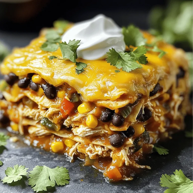 - 2 cups cooked chicken, shredded - 1 can (15 oz) black beans, drained and rinsed - 1 can (10 oz) enchilada sauce (red or green) - 1 cup corn kernels (fresh, frozen, or canned) - 1 cup diced bell peppers (any color) - 1 medium onion, chopped - 2 cups shredded cheese (cheddar and Monterey Jack blend) - 8-10 corn tortillas, torn into pieces - 1 tablespoon cumin - 1 tablespoon chili powder - 1 teaspoon garlic powder - Salt and pepper to taste - Fresh cilantro for garnish (optional) - Sour cream for serving (optional) The main star of this dish is the shredded chicken. It gives the casserole its heartiness. You can use rotisserie chicken for quick prep. Black beans add protein and fiber, making the dish filling. Corn adds sweetness and texture, while the bell peppers bring color and crunch. The enchilada sauce is key to flavor. Choose red for a rich taste or green for a fresh kick. Cheese melts beautifully, creating a gooey topping. I love using a blend of cheddar and Monterey Jack for a balanced flavor. Tortillas act as the layers, soaking up all the tasty sauce. If you don't have cooked chicken, try ground turkey or beef. You can swap black beans for pinto beans or even kidney beans. For a dairy-free option, use vegan cheese or skip the cheese altogether. If you prefer, you can use flour tortillas instead of corn. Fresh cilantro adds a nice touch, but if you don't like it, skip it! Sour cream is optional but adds creaminess. You could use Greek yogurt as a healthier alternative. Making Chicken Enchilada Casserole is simple and fun. First, gather your ingredients. You will need cooked chicken, black beans, enchilada sauce, corn, bell peppers, onion, cheese, corn tortillas, and spices. This dish takes about 15 minutes to prep and 50 minutes to cook. 1. Preheat Oven: Start by preheating your oven to 350°F (175°C). This step is key for even cooking. 2. Sauté Vegetables: Heat a drizzle of oil in a large skillet over medium heat. Add the chopped onion and bell peppers. Sauté them for about 5-7 minutes until they soften. 3. Combine Ingredients: In a large mixing bowl, mix the shredded chicken, black beans, corn, sautéed vegetables, 1 cup of enchilada sauce, cumin, chili powder, garlic powder, and salt and pepper. Make sure everything is well combined. 4. Layering: Grease a 9x13 inch baking dish. Spread a thin layer of enchilada sauce on the bottom. Layer half of the torn corn tortillas over the sauce. Add half of the chicken mixture on top, then sprinkle with 1 cup of cheese. Repeat with the remaining tortillas, chicken mixture, and finish with another cup of cheese and the rest of the enchilada sauce. 5. Bake: Cover the dish with aluminum foil and bake for 25 minutes. After that, remove the foil. Bake for an additional 10-15 minutes until the cheese is bubbly and golden. 6. Cool and Serve: Let the casserole cool for a few minutes before serving. Garnish it with fresh cilantro and offer sour cream on the side. For a clear visual guide, I suggest checking out cooking videos on platforms like YouTube. These videos can show you the steps in action, making it easier to follow along. Seeing the layering and cooking process can boost your confidence in making this delicious casserole. You can find a great video by searching for "Chicken Enchilada Casserole recipe." To make your Chicken Enchilada Casserole shine, focus on fresh ingredients. Use homemade or high-quality enchilada sauce. This adds rich flavor. Shredded chicken works best when it's juicy and tender. If you have leftover rotisserie chicken, it saves time and adds great taste. Layering is key! Spread sauce evenly for each layer. This helps keep everything moist. Mix different cheeses for a fun twist. Try adding pepper jack for spice! One common mistake is overcooking the casserole. Keep an eye on the time. Bake until bubbly and golden, but do not let it dry out. Another mistake is skimping on seasoning. Use salt, pepper, and spices generously. Taste as you mix! Avoid using large tortilla pieces. Torn pieces help the layers stay together. Lastly, don’t forget to let it cool before serving. This helps the layers set nicely. Serve the casserole hot from the oven. A nice side salad pairs well. Offer sour cream and fresh cilantro on the side. These add coolness and brightness. You can also serve with tortilla chips for crunch. For a fun twist, let everyone build their own plate. Offer extra toppings like jalapeños, avocado, or diced tomatoes. This makes dinner more interactive and fun! For the full recipe, check out the [Full Recipe]. {{image_2}} To make a vegetarian version, swap the chicken with extra beans or tofu. You can use black beans or pinto beans for protein. For a vegan option, choose a plant-based cheese. You can also skip the cheese and use avocado instead. This keeps the dish creamy and flavorful without dairy. If you like heat, add diced jalapeños to the mix. You can also use spicy enchilada sauce. For a milder dish, use sweet bell peppers and a mild sauce. Adjust spices based on your family’s taste. You can even serve hot sauce on the side for those who want more kick. You can make this casserole in a slow cooker or an instant pot. For the slow cooker, layer your ingredients as usual and cook on low for 4-6 hours. For the instant pot, use the sauté function for vegetables, then add everything and pressure cook for 10 minutes. Both methods keep the flavors rich and tasty. For the full recipe, check out the details above. To keep your chicken enchilada casserole fresh, store it in an airtight container. Make sure it cools completely before sealing. This helps prevent moisture build-up. You can keep it in the fridge for up to three days. If you want to keep it longer, freezing is a great option. When you're ready to enjoy leftovers, preheat your oven to 350°F (175°C). Place the casserole in a baking dish and cover it with foil. Heat for about 20-25 minutes. This helps keep the cheese from burning. You can also microwave individual portions for a quicker meal. Just make sure to cover them to avoid drying out. If you want to freeze your chicken enchilada casserole, it’s best to do this before baking. Assemble the casserole as per the full recipe, then wrap it tightly in plastic wrap and foil. This keeps it fresh for up to three months. When you’re ready to eat, let it thaw in the fridge overnight before baking it at 350°F (175°C) for about 40-50 minutes. Enjoy a quick, tasty meal anytime! To make Chicken Enchilada Casserole, follow these steps: 1. Preheat your oven to 350°F (175°C). 2. Sauté a chopped onion and bell peppers in a skillet for 5-7 minutes. 3. Mix cooked chicken, black beans, corn, sautéed veggies, and spices in a bowl. 4. Layer enchilada sauce, torn tortillas, chicken mix, and cheese in a baking dish. 5. Cover and bake for 25 minutes. Then bake uncovered for 10-15 more minutes. 6. Cool for a few minutes, garnish with cilantro, and serve with sour cream if you wish. This process creates a warm, cheesy delight that brings joy to dinner time. For the full details, check the Full Recipe. The best cheese for Chicken Enchilada Casserole is a blend of cheddar and Monterey Jack. This mix melts well and adds a rich flavor. Cheddar gives a sharp taste, while Monterey Jack adds creaminess. You can also try pepper jack for a spicy kick. Feel free to mix in other cheeses like queso blanco for extra depth. Yes, you can prepare Chicken Enchilada Casserole ahead of time. Assemble it completely, then cover and refrigerate for up to 24 hours. When ready to cook, bake it straight from the fridge. You may need to add a few extra minutes to the baking time. This makes it perfect for busy days or family gatherings. This post covered key ingredients for Chicken Enchilada Casserole and how to use them. I shared step-by-step cooking instructions and tips for success. I also included variations and storage advice. Remember, small changes can make a big difference in flavor. Always use trusted recipes and techniques to get the best results. Enjoy making your casserole, and don’t forget to share your creations!
