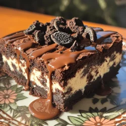 - 1 cup unsalted butter, melted - 1 cup granulated sugar - 1 cup brown sugar, packed - 4 large eggs - 1 teaspoon vanilla extract - 1 cup all-purpose flour - 1/2 cup unsweetened cocoa powder - 1/2 teaspoon baking powder - 1/4 teaspoon salt - 8 oz cream cheese, softened - 1/4 cup powdered sugar - 1 teaspoon vanilla extract (for cheesecake layer) - 10 Oreo cookies, crushed (plus extra for topping) Gather these ingredients for your Oreo Cheesecake Brownies. You will feel excited once you see them. The rich flavors of the butter and sugars mix perfectly with the chocolatey cocoa. The cream cheese layer adds a creamy texture that makes these brownies special. You can easily find these ingredients at your local store. If you want to impress guests, this is the perfect recipe. The Full Recipe is a must-try for anyone who loves sweets. Trust me; you will love the way these brownies taste! - Preheat your oven to 350°F (175°C). - Grease a 9x13-inch baking pan or line it with parchment paper. - In a large bowl, whisk together the melted butter, granulated sugar, and brown sugar until smooth. - Add the eggs, one at a time, mixing well after each addition. - Stir in the vanilla extract for added flavor. - In a separate bowl, sift together the flour, cocoa powder, baking powder, and salt. - Gradually mix the dry ingredients into the wet batter. Stir until just combined; do not over-mix. - In another bowl, beat the softened cream cheese until smooth. - Add the powdered sugar and vanilla extract, mixing until well combined. - Pour half of the brownie batter into the prepared baking pan, spreading it evenly. - Dollop the cheesecake mixture over the brownie layer, spreading gently. - Add the crushed Oreo cookies on top of the cheesecake layer. - Pour the remaining brownie batter over the cheesecake. Use a knife to swirl the batters for a marbled effect. Top with extra crushed Oreos if desired. - Bake in the preheated oven for 30-35 minutes. - Check for doneness by inserting a toothpick in the center; it should come out mostly clean. - Let the brownies cool in the pan for at least 30 minutes before cutting them into squares. - For the best taste, refrigerate for an hour before serving. Enjoy making these Oreo Cheesecake Brownies! You can find the Full Recipe for all the details. For the best Oreo Cheesecake Brownies, always preheat your oven to 350°F (175°C). This helps the brownies rise well and bake evenly. Place the pan in the center of the oven. This spot provides the best heat circulation. Bake for 30-35 minutes. To check for doneness, use a toothpick. Insert it into the center; it should come out mostly clean. A few moist crumbs are fine, but no wet batter. You can swap butter with coconut oil or margarine if you need alternatives. For cream cheese, try Greek yogurt or silken tofu. These options can change the flavor and texture a bit. If you want vegan brownies, use flax eggs instead of regular eggs. Combine 1 tablespoon of flaxseed meal with 2.5 tablespoons of water. Let it sit until it thickens. Serve your brownies on a nice plate for a beautiful look. You can drizzle chocolate sauce over them for extra flair. Top with crushed Oreo cookies to add some crunch. For an even fancier touch, add whipped cream or a scoop of vanilla ice cream. This makes your dessert look and taste amazing. {{image_2}} You can make your Oreo cheesecake brownies even more fun with flavor twists. Adding mint extract gives a fresh taste, creating a mint Oreo version. Just a few drops can change the whole dessert! You can also try using different flavored cream cheese. Think about strawberry or pumpkin spice. These choices will surprise your taste buds and keep things exciting. Mix-ins can add texture and flavor. Consider incorporating nuts, like walnuts or pecans, into the brownie batter. They add a great crunch. You might also want to add chocolate chips for extra richness. For a fun twist, use different cookies as substitutes for Oreos. Try chocolate chip cookies or even graham crackers. Each choice will give your dessert a unique flair. Serving your brownies can be creative! Pair them with a scoop of ice cream or a dollop of whipped cream. The coldness contrasts nicely with the warm brownies. For parties, cut them into fun shapes using cookie cutters. You can also stack them on a platter with fresh berries or drizzled chocolate sauce. These ideas make your dessert even more appealing. For the complete recipe, check the [Full Recipe]. To keep your Oreo Cheesecake Brownies fresh, store them in an airtight container. This helps maintain their rich taste and soft texture. If you have a large batch, stack them with parchment paper between layers. This keeps them from sticking together. To freeze your brownies, first let them cool completely. Cut them into squares, then wrap each piece in plastic wrap. Place the wrapped brownies in a freezer bag or container. This helps keep them tasty. When you want to enjoy them, thaw overnight in the fridge. For a quick option, you can microwave them for a few seconds. At room temperature, these brownies last about 3 days. In the fridge, they stay fresh for up to a week. Keeping them cool helps preserve their creamy cheesecake layer. Remember, for the best flavor, try to eat them sooner rather than later. For the full recipe, check out the earlier section. You can check if your brownies are done with a toothpick. Insert it in the center. If it comes out mostly clean, they are ready. A few moist crumbs are fine. Also, look for a slight pull away from the edges of the pan. This means they are set. Yes, you can make these brownies ahead of time. Let them cool completely in the pan. Then, cover them tightly with plastic wrap or foil. Store them at room temperature for up to three days. You can also refrigerate them to keep them fresh for a week. If you need a substitute for cream cheese, try using Greek yogurt. It gives a nice tang but is lighter. You can also use ricotta cheese for a creamier texture. Keep in mind, the flavor will change slightly with these swaps. This blog post covered all you need to know to make Oreo Cheesecake Brownies. We discussed key ingredients, easy steps, and helpful tips. I shared tasty variations and storage advice to keep your treats fresh. You can impress friends and family with these brownies. Don't hesitate to try out different flavors and mix-ins. Enjoy baking and savoring your delicious creations!