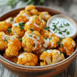 To make these tasty buffalo cauliflower bites, gather the following: - 1 large head of cauliflower, cut into bite-sized florets - 1 cup all-purpose flour - 1 cup water - 1 teaspoon garlic powder - 1 teaspoon onion powder - 1 teaspoon smoked paprika - 1 teaspoon salt - 1/2 teaspoon black pepper - 1 cup hot sauce (like Frank’s RedHot) - 2 tablespoons melted butter or vegan butter - Ranch or blue cheese dressing for serving - Fresh parsley, chopped for garnish You can add a few extras to change the taste. Consider these options: - A dash of cayenne pepper for more heat - A teaspoon of fresh lemon juice for brightness - A sprinkle of nutritional yeast for a cheesy flavor If you need swaps, here are some ideas: - Use chickpea flour instead of all-purpose flour for a gluten-free option. - Swap water with non-dairy milk for a richer batter. - Try using hot pepper sauce in place of standard hot sauce for a unique twist. - Serve with tahini sauce instead of ranch or blue cheese for a different flavor profile. For the full recipe, check out the details above. Start by gathering all your ingredients. You will need: - 1 large head of cauliflower, cut into bite-sized florets - 1 cup all-purpose flour - 1 cup water - 1 teaspoon garlic powder - 1 teaspoon onion powder - 1 teaspoon smoked paprika - 1 teaspoon salt - 1/2 teaspoon black pepper - 1 cup hot sauce (like Frank’s RedHot) - 2 tablespoons melted butter or vegan butter - Ranch or blue cheese dressing for serving - Fresh parsley, chopped for garnish Preheat your oven to 450°F (230°C). Line a baking sheet with parchment paper to prevent sticking. In a mixing bowl, whisk together the flour, water, garlic powder, onion powder, smoked paprika, salt, and black pepper. Make sure the batter is smooth. Dip each cauliflower floret into the batter. Let any extra batter drip off before placing them on the baking sheet in a single layer. Bake the cauliflower in the preheated oven for 25 minutes. Flip the florets halfway through to ensure even cooking. While the cauliflower is baking, mix the hot sauce with melted butter in a small bowl. After 25 minutes, remove the cauliflower from the oven when it is golden and crispy. Toss the hot cauliflower in the buffalo sauce until well-coated. Return the coated cauliflower to the baking sheet and bake for an additional 10 minutes. This will help caramelize the sauce. Serve the bites warm with ranch or blue cheese dressing. Don’t forget to garnish with chopped parsley for a fresh touch. To make your buffalo cauliflower bites extra crispy, keep these tips in mind: - Make sure the batter is not too thick. A thinner batter helps achieve crispiness. - Bake the florets in a single layer. Overcrowding can lead to steaming instead of crisping. - Flipping the florets halfway through cooking allows for even browning. - For an extra crunch, you can broil them for a couple of minutes at the end. With these steps, you'll enjoy delicious buffalo cauliflower bites that are easy to make and full of flavor. Check out the Full Recipe for more details! To make your Buffalo cauliflower bites even better, you can try a few tricks. First, add some fresh herbs. Chopped cilantro or green onions can boost the taste. You can also mix in a dash of cayenne pepper for extra heat. If you want a smoky flavor, try using chipotle powder instead of smoked paprika. Pairing these bites with ranch or blue cheese dressing adds a cool touch. One common mistake is not coating the florets well. Make sure each piece gets a good layer of batter. If the batter is too thick, your bites may not crisp up. Another mistake is overcrowding the baking sheet. Leave space between the florets to help them bake evenly. Lastly, don’t skip the second bake after adding the sauce. This step makes the sauce caramelize and adds depth to the flavor. You will need a few tools to make these bites. A mixing bowl helps when you prepare the batter. Use a whisk to mix the ingredients well. A baking sheet lined with parchment paper makes cleanup easy. Tongs are great for tossing the cauliflower in the sauce. Lastly, a small bowl for mixing the hot sauce and melted butter is essential. With these tools, you will have a smooth cooking process. For the full recipe, check the details above. {{image_2}} You can easily make Buffalo Cauliflower Bites vegan and gluten-free. For a vegan version, use a plant-based butter instead of regular butter. Substitute all-purpose flour with gluten-free flour or chickpea flour. This keeps the bites crispy and tasty without gluten. If you like heat, use a hotter sauce like habanero sauce. For a milder bite, go for a mild buffalo sauce or even a barbecue sauce. You can mix different sauces to find your perfect balance of flavor. Feel free to add some honey or maple syrup to sweeten the sauce. Serve your Buffalo Cauliflower Bites with ranch or blue cheese dressing for dipping. Fresh veggies like carrots and celery pair well too. You can make a platter with dips and fresh herbs for a fun snack. These bites also go great with tacos or sandwiches for a full meal. For more ideas, check the Full Recipe. To keep your Buffalo Cauliflower Bites fresh, let them cool first. Place the bites in an airtight container. You can store them in the fridge for up to three days. Make sure to separate layers with parchment paper to avoid sticking. This helps keep them crispy. When you’re ready to enjoy leftovers, the oven is your best friend. Preheat your oven to 375°F (190°C). Spread the bites on a baking sheet. Heat them for about 10-15 minutes. This way, they regain their crunchiness. You can also use an air fryer for a quicker option. Heat them at 350°F (175°C) for about 5 minutes. If you want to save some for later, freezing works well too. Allow the bites to cool completely. Place them in a single layer on a baking sheet. Freeze until solid, then transfer to a freezer bag. They can last up to three months in the freezer. When you’re ready to eat, bake them straight from frozen. Just add a few extra minutes to the cooking time. For the full recipe, refer to the earlier sections. To make Buffalo Cauliflower Bites extra crispy, use a few simple tricks. First, ensure your cauliflower florets are dry before coating them. Excess moisture can prevent crispiness. Next, increase the oven temperature to 475°F (245°C) for the last few minutes. This will help achieve that golden crunch. You can also use panko breadcrumbs. After coating the florets in batter, roll them in panko before baking. This adds texture. Finally, allow enough space between the florets on the baking sheet. Crowding them can steam the bites instead of crisping them. Yes, you can make Buffalo Cauliflower Bites without flour. Instead, use cornstarch or chickpea flour. Both options work well for binding and crisping. Mix your chosen flour with water and seasonings to create a batter. If you prefer a lighter option, try using a gluten-free flour blend. Just mix with water until you reach a smooth consistency. The result will still be tasty and satisfying. The best dipping sauces for Buffalo Cauliflower Bites include ranch and blue cheese dressing. Both sauces balance the heat from the buffalo sauce. You can also try a creamy avocado dip or a zesty yogurt-based sauce for a fresh twist. If you want something spicy, sriracha mayo adds a nice kick. Experiment with different sauces to find your favorite! Don't forget to check the Full Recipe for more ideas. Buffalo cauliflower bites are tasty and easy to make. We covered key ingredients, cooking steps, and expert tips. You now know how to enhance flavor, avoid common mistakes, and explore fun variations. Remember to store leftovers properly and reheat them for best taste. Enjoy these bites with your favorite dips. With practice, you’ll master this dish and impress your friends and family. Dive into cooking these delicious bites and savor each crunchy morsel.