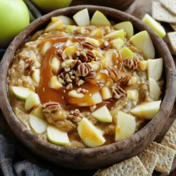- Apples: Types and Recommendations Use 2 large apples like Granny Smith or Honeycrisp. These apples are tart and crisp. They add a nice contrast to the sweet dip. I prefer these types for the best flavor. - Dairy: Cream Cheese Specifications One cup of cream cheese is key. Make sure it is softened. This helps it mix well with the sugars. You want a smooth and creamy base. - Sweeteners: Brown and Powdered Sugar You need 1/2 cup of brown sugar and 1/2 cup of powdered sugar. The brown sugar adds depth, while the powdered sugar helps with texture. This combination makes the dip sweet and delightful. - Flavorings: Vanilla Extract and Cinnamon Add 1 teaspoon of vanilla extract and 1/2 teaspoon of cinnamon. These flavors give warmth and richness. They make the dip taste like a cozy dessert. - Toppings: Caramel Sauce and Nuts Use 1/4 cup of caramel sauce for a sweet drizzle. You can also add 1/4 cup of chopped pecans or walnuts. These toppings create a lovely crunch and visual appeal. For the Full Recipe, follow the steps to make this tasty treat. Enjoy making your caramel apple pie dip! Start with a medium bowl. Add the softened cream cheese, brown sugar, and powdered sugar. Use a hand mixer to mix these until smooth and fluffy. It should feel creamy and light. Next, add the vanilla extract and cinnamon. Mix again until fully combined. This adds flavor and warmth to the dip. You want the consistency to be smooth but thick enough to hold the apples. For this dip, you need apples that are crisp and tart. I like to use Granny Smith or Honeycrisp. Dice the apples into small pieces for easy dipping. Then, gently fold the diced apples into the cream cheese mixture. If you are using nuts, add them in too. Use a gentle folding technique to avoid crushing the apples. This ensures every bite has a perfect balance of flavors. Now comes the fun part—adding the caramel sauce! Drizzle half of the caramel over the dip. Use a spatula to gently swirl it into the mixture. This creates a beautiful marbled effect. Then, transfer the dip to a serving dish. Drizzle the rest of the caramel on top for added sweetness. The presentation looks stunning and makes everyone eager to dig in. For the full recipe, check out the details above. Enjoy your delicious caramel apple pie dip! To make a smooth dip, keep these tips in mind: - Avoiding Lumps in the Mixture: Start by softening the cream cheese fully. If it’s cold, it can create lumps. I suggest leaving it out for a bit before mixing. Use a hand mixer to beat the cream cheese and sugars until smooth. This step is key for a creamy texture. - Ensuring Ingredients are at Room Temperature: Make sure all ingredients are at room temperature. Cold ingredients can make it hard to mix. When the cream cheese, sugars, and spices warm up, they blend better. This helps create that silky smooth dip you want. Your dip deserves the best pairings. Here are some ideas: - Ideal Pairings: Dippers to Use: Sliced apple wedges are a classic choice. They add a fresh crunch. You can also use graham crackers for sweetness. Pretzel sticks give a nice salty contrast. Mix and match these dippers for fun! - Presentation Tips for Parties: Use a nice serving dish. Drizzle extra caramel sauce on top for a showy look. Place the dip in the center, and arrange dippers around it. This makes it easy for guests to grab and enjoy. Feel free to make this dip your own: - Ingredient Substitutions: If you want a lighter dip, replace cream cheese with Greek yogurt. This change keeps the dip creamy while adding protein. You can also swap out apples for pears for a different taste. - Adjusting Sweetness Levels: Taste the dip before serving. If you like it sweeter, add more powdered sugar or caramel. If it’s too sweet for your taste, add a pinch of salt. This can balance the flavors nicely. Use these tips to make your caramel apple pie dip a hit at any gathering! For the full recipe, check out the link. {{image_2}} Fall-Inspired Additions (Pumpkin Spice) In fall, I love to add pumpkin spice to my caramel apple pie dip. Just mix in 1 teaspoon of pumpkin pie spice when combining the cream cheese and sugars. This gives the dip a warm, cozy flavor that pairs well with the apples. Serve it with cinnamon graham crackers for a fun twist. Winter Variations (Cranberries) In winter, I like to include dried cranberries. Chop them up and fold them into the dip for a pop of color and tartness. You can also sprinkle some on top for a festive look. This adds a nice contrast to the sweet caramel and creamy base. Gluten-Free Options If you need a gluten-free dip, use gluten-free graham crackers or pretzel sticks for dipping. Make sure to check the labels on your ingredients. This way, everyone can enjoy the dip without worry. Vegan Adaptations To make this dip vegan, swap the cream cheese for a dairy-free alternative. Use coconut cream or cashew cream for a rich, creamy texture. You can also use maple syrup instead of brown and powdered sugar for sweetness. This keeps the dip delicious and plant-based. Adding Chocolate or Other Toppings For a chocolatey twist, melt some chocolate chips and drizzle them on top. This adds a rich flavor that pairs great with the apples. You can also sprinkle mini chocolate chips over the dip for extra crunch and sweetness. Experimenting with Different Nuts Try using different nuts to enhance the flavor. Almonds or hazelnuts can bring a unique taste. Chop them finely and mix them in for added texture. This makes your dip even more exciting and fun to eat. Enjoy these variations to make your caramel apple pie dip even more delightful! You can find the full recipe earlier in this article. To keep your caramel apple pie dip fresh, store it in the fridge. Use an airtight container to prevent it from absorbing odors. This helps maintain the dip's creamy texture and flavor. If you don’t have an airtight container, cover the dish tightly with plastic wrap. In the fridge, your dip will last about 3 to 5 days. After that, it may lose its taste and texture. To check if the dip has spoiled, look for changes in smell or appearance. If you see mold or if it smells sour, throw it away. You can enjoy this dip cold or warm it up. To reheat, place it in the microwave for about 15 to 30 seconds. Stir it well after heating to keep the texture smooth. If you prefer to serve it cold, just take it out of the fridge and dip away! Enjoy it with apple wedges, graham crackers, or pretzel sticks. For the full recipe, check out the earlier section. Can I make this dip ahead of time? Yes, you can make this dip ahead of time. I often prepare it a few hours before serving. Just store it in the fridge. Give it a stir before serving to mix any settled ingredients. What types of apples work best? I recommend using Granny Smith or Honeycrisp apples. These types add a nice crunch and balance the sweetness. Their tartness works well with the creamy dip and caramel. Why is my dip too runny? If your dip is too runny, it could be due to excess cream cheese or not enough sugar. Ensure you measure your ingredients carefully. Chilling the dip for a bit can also help thicken it. How do I make a thicker dip? To thicken your dip, add more cream cheese. You can also use less caramel sauce. Mixing in a bit of powdered sugar helps too. Mix well to get the right consistency. Caloric Content per Serving Each serving of this dip has about 150 calories. This can vary based on the apples and nuts you use. Dietary Considerations (Allergens, etc.) This dip contains dairy and nuts if you add them. Keep that in mind for guests with allergies. Always check labels for any hidden allergens. For a nut-free version, skip the nuts. This blog post shared how to make a delicious caramel apple pie dip. We covered the right ingredients, from types of apples to sweeteners. You learned step-by-step instructions for mixing, adding toppings, and creating beautiful swirls. I also provided tips for a creamy dip and ways to customize your dish for any season. In conclusion, whether you serve it at a party or enjoy it at home, this dip is sure to be a hit. Keep experimenting and have fun in the kitchen!