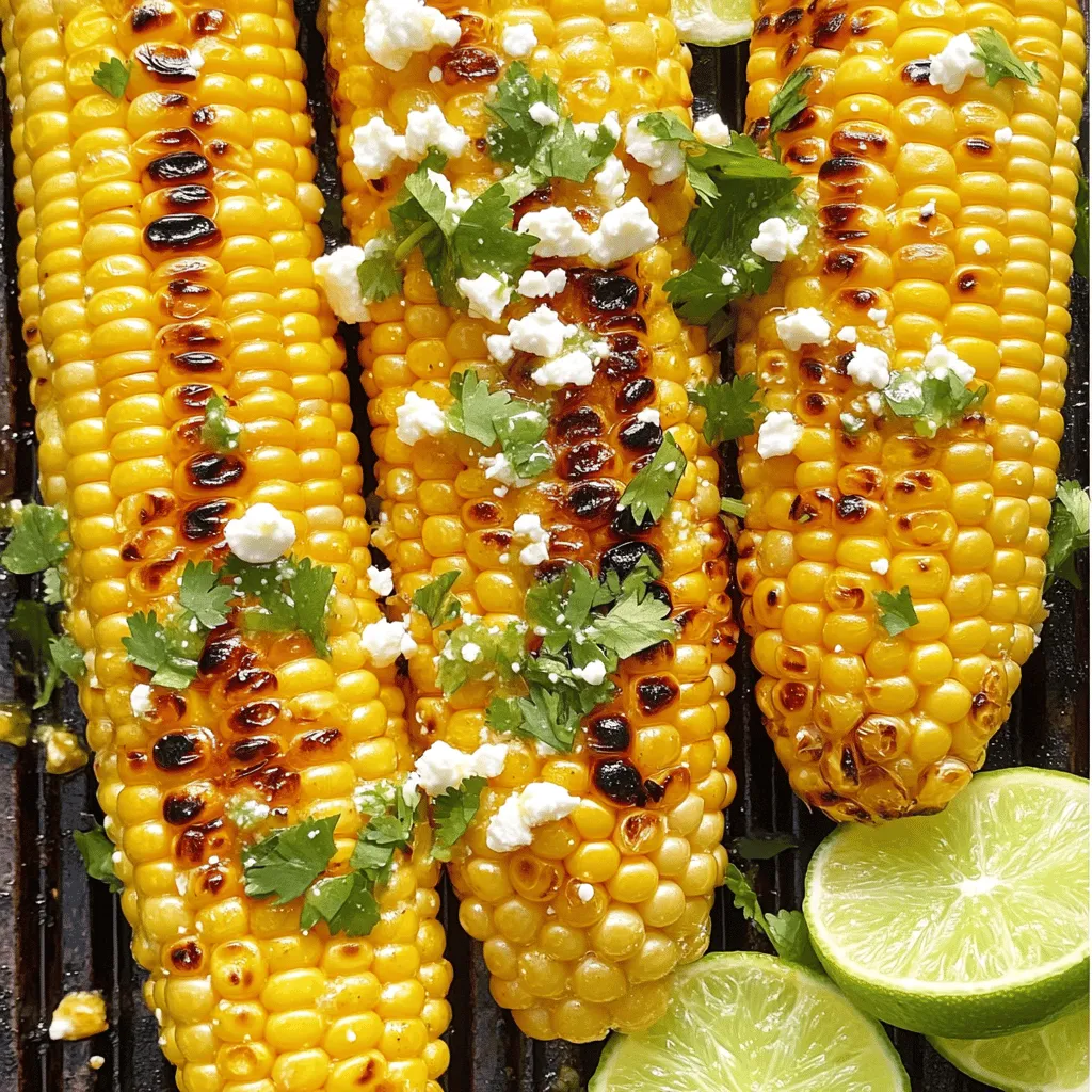 - 4 ears of fresh corn, husked - 3 tablespoons olive oil - 2 tablespoons lime juice - 1 teaspoon chili powder - 1/2 teaspoon smoked paprika - 1/4 teaspoon cayenne pepper (optional) - Salt and pepper to taste - 1/4 cup crumbled feta cheese (or cotija cheese) - Fresh cilantro, chopped (for garnish) - Lime wedges (for serving) You can swap fresh corn for frozen corn if needed. Just thaw it first. For cheese, use vegan options like cashew or almond cheese. Instead of chili powder, try cumin or taco seasoning for a fun twist. For grilling, you can use either a gas or charcoal grill. Each type gives a different flavor. You will need a brush to apply the oil mix, a bowl for mixing, and tongs to handle the hot corn. You can find the full recipe for Chili Lime Grilled Corn [here](#). First, husk the corn. Remove all the green leaves and silk. This step helps the corn cook evenly. Next, clean the corn under running water. This removes any dirt or debris. Now, let's make the chili lime seasoning. In a small bowl, mix together: - 3 tablespoons olive oil - 2 tablespoons lime juice - 1 teaspoon chili powder - 1/2 teaspoon smoked paprika - 1/4 teaspoon cayenne pepper (optional) - Salt and pepper to taste Whisk these ingredients well until combined. This blend adds a zesty kick to your corn. Before grilling, preheat your grill to medium-high heat. A hot grill gives that nice char and flavor. Once ready, place the corn directly on the grill. Cook the corn for about 10 to 15 minutes. Turn it occasionally so all sides get nice and blistered. You want that beautiful golden color and a slight char. After grilling, remove the corn from the grill and let it cool for a minute. This helps you avoid burns. Now, sprinkle the grilled corn with crumbled feta cheese or cotija cheese. Add some chopped cilantro on top for freshness. For serving, place lime wedges on the side. A squeeze of lime juice adds brightness and enhances the flavors. Enjoy your chili lime grilled corn as a tasty side or snack! For the full recipe, check out the specific instructions and ingredients. To get great grill marks on your corn, you need to know the right heat. Start with medium-high heat. This allows the corn to sear quickly. Watch the corn closely to avoid overcooking. If it cooks too long, it can dry out. For a nice smoky flavor, soak the corn in water for 30 minutes before grilling. This helps steam the corn while it cooks. You can also add wood chips to your grill for extra smoke. This adds depth to the flavor. You can easily boost the flavor of your grilled corn. Try adding spices like garlic powder or cumin. Fresh herbs, like basil or parsley, can also make a difference. For a fresh twist, add jalapeños for heat. Pair your corn with grilled meats or a fresh salad. It goes great with tacos or burgers. The zesty flavors complement many summer dishes. Sometimes, corn can burn if you leave it on too long. If this happens, move it to a cooler part of the grill. You can also wrap it in foil to slow cooking. Different grills can change how your corn cooks. Gas grills heat up quickly. Charcoal grills can take longer but give a great smoky taste. Adjust your cooking time based on your grill type. Always check the corn for doneness. It should be tender but not mushy. For the full recipe, check the details above. Enjoy your grilling! {{image_2}} You can make this dish even spicier by adding jalapeños. Just chop fresh jalapeños and mix them into your chili lime seasoning. You can also try using different spices. For example, smoked paprika adds depth. Just remember, start small when adding heat! For a hearty twist, add black beans or diced avocado. Both bring a creamy texture and boost flavor. You can swap out feta for cheddar cheese. This change gives a rich, melty topping that pairs well with the lime and chili. To balance flavors, try adding honey or agave syrup. This sweetness pairs nicely with lime's tartness. You can also switch lime juice for other citrus, like orange or lemon. Each option gives a unique taste, perfect for summer corn. For the complete recipe, check out the [Full Recipe]. After you enjoy your chili lime grilled corn, store any leftovers in the fridge. Place the corn in an airtight container. It stays fresh for about three days. When you want to reheat, use the grill or stove. This keeps the flavor strong and the corn juicy. Avoid the microwave, as it can make the corn rubbery. If you want to save grilled corn for later, freezing is a great option. First, let the corn cool completely. Wrap each ear tightly in plastic wrap, then place them in a freezer bag. This helps prevent freezer burn. You can store it for up to six months. When you're ready to eat, thaw the corn in the fridge overnight. If you're in a hurry, run it under cold water. Once thawed, grill it again to warm and bring back that smoky flavor. Enjoy your zesty treat anytime! Grilling corn usually takes about 10 to 15 minutes. This time can change based on grill heat and corn size. I recommend checking the corn often. Turn it every few minutes until you see nice char marks. The goal is to cook it through while keeping it juicy. You can use frozen corn, but fresh corn tastes better. Frozen corn is convenient and saves time. It cooks faster, but it may lack the crunch of fresh corn. If you choose frozen, thaw it first and drain any excess water. This helps keep your dish from getting too wet. You can add many tasty toppings to chili lime grilled corn. Here are some favorites: - Crumbled queso fresco or cotija cheese - Chopped green onions - Diced avocado - Sliced jalapeños for a kick - Drizzle of hot sauce for extra spice These toppings enhance the flavor and make your dish more exciting. Feel free to mix and match! For the full recipe, check out the complete guide. Grilling corn is simple and fun. We covered fresh ingredients, step-by-step grilling, and tasty variations. You can adapt this dish with spices, cheese, or special toppings. Don’t forget about storage tips for leftovers, too. Enjoying your corn comes down to what flavors you love. With the right techniques, you can make every bite amazing. Keep these tips in mind, and your grilled corn will shine at any meal.