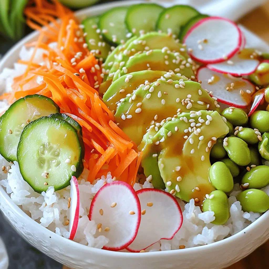 - 1 cup sushi rice - 1 1/4 cups water - 2 tablespoons rice vinegar - 1 tablespoon sugar - 1/2 teaspoon salt - 1 medium cucumber, julienned - 1 medium carrot, julienned - 1 ripe avocado, sliced - 1/2 cup edamame, shelled - 1 small radish, thinly sliced These ingredients form the base of your veggie sushi bowls. Sushi rice is key for that perfect sticky texture. Fresh vegetables bring bright colors and crunch. The rice vinegar, sugar, and salt balance the flavors beautifully. - 2 sheets nori, cut into strips - 2 tablespoons sesame seeds - Soy sauce, for drizzling - Pickled ginger (optional) Adding nori sheets gives a fun twist. Sesame seeds add a nice crunch and nutty flavor. Soy sauce and pickled ginger enhance the dish, making it more authentic. - Makes 2 servings - Tips for scaling the recipe This recipe makes two hearty bowls. If you want to serve more, just double the ingredients. You can mix and match veggies based on what you have. This flexibility makes it easy to enjoy sushi bowls anytime. For the full recipe, check out [Full Recipe]. To make sushi rice, start by rinsing it. Put the rice in a bowl and cover it with cold water. Swirl the rice gently and drain the water. Repeat this until the water runs clear. This step removes excess starch. Next, cook the rice. In a medium saucepan, combine the rinsed rice and 1 1/4 cups of water. Bring it to a boil over medium heat. After it boils, lower the heat, cover, and let it simmer for 20 minutes. The rice should absorb all the water. While the rice cooks, mix the seasoning. In a small saucepan, combine 2 tablespoons of rice vinegar, 1 tablespoon of sugar, and 1/2 teaspoon of salt. Heat it over low heat until the sugar and salt dissolve. Let this mixture cool. Once the rice is cooked, fluff it with a fork. Drizzle the vinegar mixture over the rice and gently fold it in. Be careful not to mash the rice. Allow it to cool to room temperature. Now, it's time to build your veggie sushi bowl. Start with a generous scoop of sushi rice as the base. Next, arrange your veggies on top. Add julienned cucumber, carrot, sliced avocado, shelled edamame, and thinly sliced radish. Make it colorful and appealing! For added texture, sprinkle 2 tablespoons of sesame seeds on top. Also, place strips of nori around the bowl. This adds flavor and makes it look great. To finish, add sauces and garnishes. Drizzle soy sauce over the bowl. If you like, you can add pickled ginger on the side for extra flavor. When serving, remember that these bowls are best fresh. Enjoy your easy veggie sushi bowls with friends or family! To make great sushi rice, avoid overcooking it. Use the right water ratio. Too much water makes it mushy. Too little makes it hard. So, always measure carefully. Rinse the rice well to remove excess starch. This step helps the rice stick together without being gummy. To fluff sushi rice, use a fork. Gently stir it after cooking. Be careful not to mash it. Drizzle the vinegar mix over the rice while fluffing. This adds flavor and gives it a nice shine. Julienning veggies is easy with a sharp knife. Cut your cucumber and carrot into thin strips. This makes them easy to eat and pretty to look at. You can also use a julienne peeler for quick work. For sushi bowls, choose fresh, colorful vegetables. Cucumber adds crunch. Avocado gives creaminess. Edamame adds protein. Radishes add a peppery taste. Mix textures and colors for a beautiful bowl. Toppings can make your sushi bowl pop. Try adding sesame seeds for crunch. You can also add sliced green onions for a fresh taste. Seaweed strips give a nice umami flavor. To balance flavors, think about sweet and salty. Use soy sauce to add saltiness. If you want sweetness, add a bit of sugar or pickled ginger. This will make every bite exciting! {{image_2}} You can change the vegetables based on what you have or what is fresh. Try adding bell peppers, zucchini, or radishes for a fun twist. Seasonal veggies like asparagus or snap peas can bring new flavors. If you want more protein, add tofu or tempeh. Just pan-fry them until they are golden. You can also try marinating them for extra taste. Soy sauce is classic, but you can explore other sauces too. Try a spicy mayo made from mayo and sriracha. A sesame dressing adds a nutty flavor. For something sweet, mix honey with rice vinegar. You can also try a tangy ponzu sauce for brightness. Each sauce can change the whole vibe of your bowl! Think outside the box for your sushi bowls. You might create a Mexican-inspired bowl with black beans and avocado. Or go Italian with basil, tomatoes, and mozzarella. You can even have a themed sushi night! Set up a bar with various toppings and let everyone build their own bowl. It’s fun and creative, making dinner a special event. Check out the Full Recipe for more ideas! To store leftover veggie sushi bowls, place them in an airtight container. Keep the rice and veggies separate if you can. This helps keep everything fresh. If you store them together, the rice can make the veggies soggy. Use the bowls within three days for the best taste. You do not need to reheat sushi rice. Serving it cold or room temperature is best. To keep your veggies fresh, eat them raw. If you need to warm them, use a quick steam method. This helps them stay crisp and bright. You can freeze sushi bowls, but it's best to freeze rice and veggies separately. Sushi rice can freeze well. Just make sure it's cooled first. For veggies, blanch them before freezing to keep their color and taste. Avoid freezing avocado, as it does not thaw well. To make sushi rice, first rinse one cup of sushi rice under cold water. Keep rinsing until the water runs clear. This step removes extra starch. Next, add the rinsed rice and 1 ¼ cups of water to a medium saucepan. Bring it to a boil over medium heat. Once boiling, reduce the heat to low, cover, and simmer for 20 minutes. Check that the water has absorbed fully. After cooking, fluff the rice with a fork. In a small saucepan, mix 2 tablespoons of rice vinegar, 1 tablespoon of sugar, and ½ teaspoon of salt. Heat this until dissolved, then let it cool. Drizzle the mixture over the rice and fold gently. Let it cool to room temperature before using it in your bowls. Yes, you can use brown rice, but the texture is different. Brown rice has a nutty flavor and chewy texture. It takes longer to cook than white sushi rice. This can change the cooking time and water ratio. Brown rice also has more fiber and nutrients. If you prefer a softer texture, stick with sushi rice for this recipe. If you don’t have nori, try using lettuce leaves or rice paper. They add a nice crunch and fresh flavor. You can also use thin slices of cucumber for a fun twist. For a unique option, try using seaweed snacks. They have a similar taste and can work well in veggie sushi bowls. Veggie sushi bowls last about 2 to 3 days in the fridge. Store them in an airtight container to keep them fresh. To avoid soggy veggies, store the rice and toppings separately if possible. Always check for freshness before eating. If anything looks or smells off, it’s best to throw it away. This blog post covered how to make delicious veggie sushi bowls. You learned about the main ingredients, like sushi rice and fresh veggies. We walked through step-by-step instructions for cooking rice and assembling bowls. Tips for perfect sushi rice and variations helped enhance your dish. Now, you can enjoy customizing your sushi bowls. Use seasonal veggies or creative sauces to make each meal unique. Remember to store leftovers properly so you can savor them later. Enjoy the fun of sushi-making!