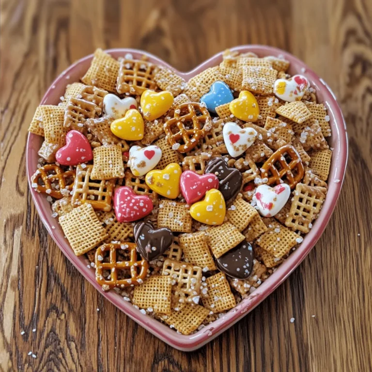 To create your Valentine Chex Mix, you will need some key ingredients. These ingredients work together to make a tasty and fun treat. Here’s what you need: - 3 cups Rice Chex cereal - 3 cups Corn Chex cereal - 1 cup pretzel sticks - 1 cup peanuts (or your favorite nuts) - 1 cup white chocolate chips - 1 cup dark chocolate chips - ½ cup Valentine's-themed candy (like candy hearts or M&M's) - ½ teaspoon cinnamon - ¼ teaspoon sea salt - 2 tablespoons vegetable oil These items give your mix crunch, sweetness, and a little saltiness. The different textures and flavors make it special. You can add more fun to your Chex Mix with optional toppings. Here are some ideas: - Sprinkles in Valentine colors - Drizzles of extra melted chocolate - Mini marshmallows for softness - Dried fruit for a chewy bite These toppings not only make your mix look good but also add extra flavor. Feel free to get creative with your choices! Having the right tools can make your cooking easier. Here are some you might need: - A large mixing bowl to combine all the ingredients - A microwave-safe bowl for melting the chocolate - A baking sheet lined with parchment paper for easy cleanup - A spatula for mixing and spreading Using these tools helps you prepare your Valentine Chex Mix with ease. Also, it ensures that your mix turns out just right. For the full recipe, please refer to the text above. Start by preheating your oven to 250°F (120°C). In a large bowl, combine the Rice Chex, Corn Chex, pretzel sticks, and peanuts. This mix gives a nice crunch. Stir gently so everything combines well. You want each piece to shine with flavor. Next, take a microwave-safe bowl and add the white chocolate chips, dark chocolate chips, and vegetable oil. Heat it in the microwave in 30-second bursts. Stir after each burst until the chocolate is fully melted and smooth. This keeps the chocolate from burning. Now, drizzle the melted chocolate over your Chex mixture. Sprinkle with cinnamon and sea salt for a tasty twist. Toss everything together until each piece is coated in chocolate. Spread the mix on a baking sheet lined with parchment paper. Bake for about 30 minutes. Stir every 10 minutes to keep it from burning. Once baked, take it out and let it cool completely. After cooling, mix in the Valentine’s-themed candy. Break the Chex mix into clusters for serving. You now have a fun treat perfect for sharing! For the full recipe, check out the details above. To get a smooth chocolate coating, start by melting the chips slowly. Use a microwave-safe bowl. Heat in 30-second bursts, stirring each time. This way, the chocolate won’t burn. Add vegetable oil for a silky finish. The oil helps the chocolate flow better. Once melted, drizzle it over the Chex mix evenly. Toss gently to coat every piece. This ensures a delicious bite every time. If you need a nut-free mix, swap out the peanuts for seeds. Sunflower seeds work well and add crunch. For a gluten-free option, check the labels on your cereals. Most Rice Chex and Corn Chex are gluten-free. You can also use dairy-free chocolate chips. They melt well and taste great. This way, everyone can enjoy this sweet treat. Make your Valentine Chex Mix look festive and fun. Use heart-shaped bowls for serving. You can also package the mix in clear bags. Tie them with red or pink ribbons. This makes a lovely gift. Add a small tag with a sweet note for extra charm. These simple touches will impress your Valentine. {{image_2}} You can play with flavors to make your Valentine Chex Mix unique. Try adding dried fruit, like cranberries or cherries, for a sweet and tart kick. You can also swap the white chocolate for milk chocolate or even butterscotch chips. If you want a spicy twist, add a pinch of cayenne pepper to the mix. For a nutty flavor, almond butter works great instead of vegetable oil. If you have nut allergies, replace nuts with seeds. Pumpkin seeds or sunflower seeds add crunch without the allergy risk. For cereals, use Cheerios or even popcorn if you want a fun twist. This mix lets you adjust to your taste. Just keep the same measurements to maintain the balance. Festive candies add color and fun. Use heart-shaped gummies or chocolate-covered strawberries for a romantic touch. You might also try peppermint candies for a fresh flavor. Just toss them in after baking. This keeps them soft and chewy, adding a delightful surprise to each bite. Check out the Full Recipe to make this delightful treat! Store your Valentine Chex Mix in an airtight container. This keeps it crunchy and fresh. Avoid exposing it to heat or moisture. If you use a jar, choose one with a tight seal. You can also use resealable plastic bags. Make sure to remove as much air as possible before sealing. Valentine Chex Mix stays fresh for about two weeks. After that, it might lose its crunch. If you want it to last longer, you can freeze it. Just place it in a freezer-safe bag. It can keep for up to three months in the freezer. Remember to thaw it at room temperature before eating. For a sweet gift, use clear bags or jars. Decorate them with ribbons or tags. Heart-shaped boxes add a fun touch. You can also layer the mix with some festive candies for a colorful look. Personal notes make your gift special. Consider including a little card with the Full Recipe to share the joy! Yes, you can make Valentine Chex Mix ahead of time. It stays fresh for about a week. Store it in an airtight container to keep it crunchy. You can prepare it one or two days in advance. This makes it easy for you to enjoy or share on Valentine's Day. If you want to swap chocolate chips, try using yogurt-covered raisins or dried fruit. You can also use butterscotch chips or peanut butter chips for a new taste. These options add sweetness and fun to your mix. Each choice will give a unique flavor twist to your Valentine Chex Mix. You can easily change the mix for other events. For Halloween, add candy corn and use orange and black candies. For Christmas, use red and green candies with peppermint. You can also switch cereals based on what you have. Make it your own by using different themes and colors for various celebrations! Find the Full Recipe to start creating your fun and tasty Valentine Chex Mix! In this blog post, we explored how to make Valentine Chex Mix. We detailed the key ingredients, optional toppings, and tools to use. The step-by-step instructions guide you through preparation, melting chocolate, and the baking process. Plus, I shared tips for the perfect chocolate coating and storage. With these insights, you can create your own tasty mix for any occasion. Enjoy making this simple yet delightful treat!