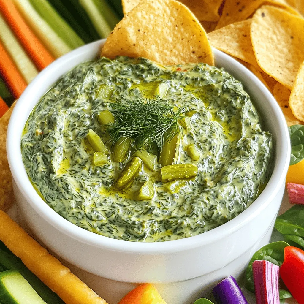 - 2 cups fresh spinach, chopped - 1 cup cream cheese, softened - 1/2 cup mayonnaise - 1/2 cup sour cream - 1 cup dill pickles, finely chopped - 1/4 cup pickled jalapeños, finely chopped (optional for heat) - 1 teaspoon garlic powder - 1 teaspoon onion powder - 1 teaspoon fresh dill (or 1/2 teaspoon dried dill) - Salt and pepper to taste - Tortilla chips or fresh vegetable sticks for serving Using fresh spinach and creamy dairy makes this dip special. The cream cheese, mayonnaise, and sour cream create a rich base. I love how the fresh spinach brings a bright color and nutrients. Dill pickles add a zesty crunch that makes each bite exciting. You can add jalapeños for heat if you like spicy foods. Garlic powder and onion powder give a nice depth of flavor. Fresh dill adds a touch of herbiness that balances the flavors perfectly. You can serve this dip with tortilla chips or fresh veggie sticks. It's a fun way to enjoy healthy snacks. Mixing these ingredients creates a creamy and flavorful delight. For the complete recipe, check out the full recipe section. - Combine softened cream cheese, mayonnaise, and sour cream until smooth. - Incorporate chopped spinach into the creamy mixture. Start by pulling out a large mixing bowl. You want it big enough to hold all the dip. First, take your cream cheese and let it soften. This makes it easier to mix. Add the mayonnaise and sour cream. Stir them together well. You want a creamy base with no lumps. Once smooth, toss in the chopped spinach. Mix until the spinach is evenly spread throughout the creamy goodness. This base is rich and sets the stage for the flavors to come. - Stir in dill pickles and optional jalapeños. - Season with garlic and onion powder, fresh dill, salt, and pepper. Next, it’s time to jazz things up! Grab your finely chopped dill pickles and throw them into the bowl. If you like a kick, add pickled jalapeños too. Now, sprinkle in garlic and onion powder. These add a nice depth of flavor. Don’t forget the fresh dill, salt, and pepper. Each seasoning brings its own magic. Mix all these together thoroughly. Taste it! Adjust if you need to. You want a burst of flavor in every bite. - Mix until thoroughly blended. - Cover and refrigerate for at least 1 hour. Now that everything is mixed, it’s time to finish up. Make sure everything is blended well. You should see a nice, even color throughout the dip. Once it looks good, cover the bowl with plastic wrap. Pop it in the fridge for at least one hour. This lets the flavors meld together beautifully. When you take it out, it will be even more tasty. Serve it with tortilla chips or fresh veggie sticks for a fun snack. For the full recipe, check out the recipe section above. To make your pickle spinach dip taste even better, let it chill longer. This helps the flavors mix well. Before you serve it, always taste the dip. Adjust the seasonings if needed. A little more salt or dill can make a huge difference. For a crunchier texture, use fresh ingredients. Fresh spinach and crispy pickles add great bites. If you prefer a creamier dip, blend the mixture longer. This change will make your dip smooth and rich. When it's time to serve, offer a mix of dippers. Tortilla chips, fresh veggie sticks, or even pita bread work well. For an extra touch, serve the dip in a chilled bowl. This keeps it fresh and cool while you and your friends enjoy it. Check out the Full Recipe for complete details. {{image_2}} You can swap some ingredients to change the taste. For a lighter option, use Greek yogurt instead of sour cream. This keeps the dip creamy and adds a tangy flavor. You can also try different pickles. Sweet pickles bring a nice twist, while bread and butter pickles add a hint of sweetness. Want to spice things up? Add chopped green onions or bell peppers for a fresh crunch. They add color and enhance the flavor. If you like heat, a splash of hot sauce works wonders. It brings warmth without overpowering the dip’s creamy base. If you need a gluten-free dip, choose the right dippers. Fresh vegetable sticks or gluten-free chips work great. For a vegan version, substitute cream cheese and sour cream with plant-based alternatives. You can enjoy the same great taste while keeping it suitable for your diet. These variations make the pickle spinach dip fun and unique. Check out the Full Recipe to explore all the tasty options! To store leftover dip, place it in an airtight container. This keeps it fresh and tasty. Glass or plastic containers work well. Avoid using metal containers, as they can react with the dip. Make sure to seal the lid tightly. This helps keep out air and moisture. In the fridge, this dip lasts about three to four days. Always check for signs of spoilage. If you see mold or an off smell, it’s best to discard it. The dip may separate slightly, but you can stir it to restore texture. If it looks or smells strange, throw it away. Yes, you can freeze this dip! To freeze, scoop it into a freezer-safe container. Leave some space at the top for expansion. This dip can last up to three months in the freezer. When ready to eat, transfer it to the fridge overnight to thaw. For a quick reheat, microwave it in short bursts, stirring often. For the full recipe, check out [Full Recipe]. Pickle Spinach Dip is a creamy, tangy snack. It blends fresh spinach and dill pickles with cream cheese, mayonnaise, and sour cream. This dip stands out with its crunchy texture and zesty flavor. You can enjoy it with tortilla chips or veggie sticks. It’s perfect for parties or a simple snack at home. The combination of flavors makes it a crowd-pleaser. Yes, you can prepare Pickle Spinach Dip ahead of time. Make it a day before your event, and it will taste even better after resting. Just cover it tightly with plastic wrap and store it in the fridge. This helps the flavors mix well. Before serving, stir it to refresh the dip. If you need a cream cheese substitute, use Greek yogurt or cottage cheese. These alternatives keep the dip creamy but offer a lighter option. You can also try vegan cream cheese for a dairy-free choice. Each option will give a unique taste to the dip. To add heat, mix in chopped pickled jalapeños. You can start with a small amount and taste as you go. Another option is to add a few dashes of hot sauce. For an extra kick, try cayenne pepper or crushed red pepper flakes. Adjust the spice level to match your taste! You can find the full recipe [here](#). This blog post explored how to make a delicious pickle spinach dip. We covered key ingredients like fresh spinach, cream cheese, and pickles. I shared simple step-by-step instructions and useful tips for enhancing flavor and texture. You can even try fun variations and learn how to store leftovers properly. In closing, this dip is a crowd-pleaser for any gathering. Experiment with ingredients to make it your own. Enjoy the process and savor every bite!