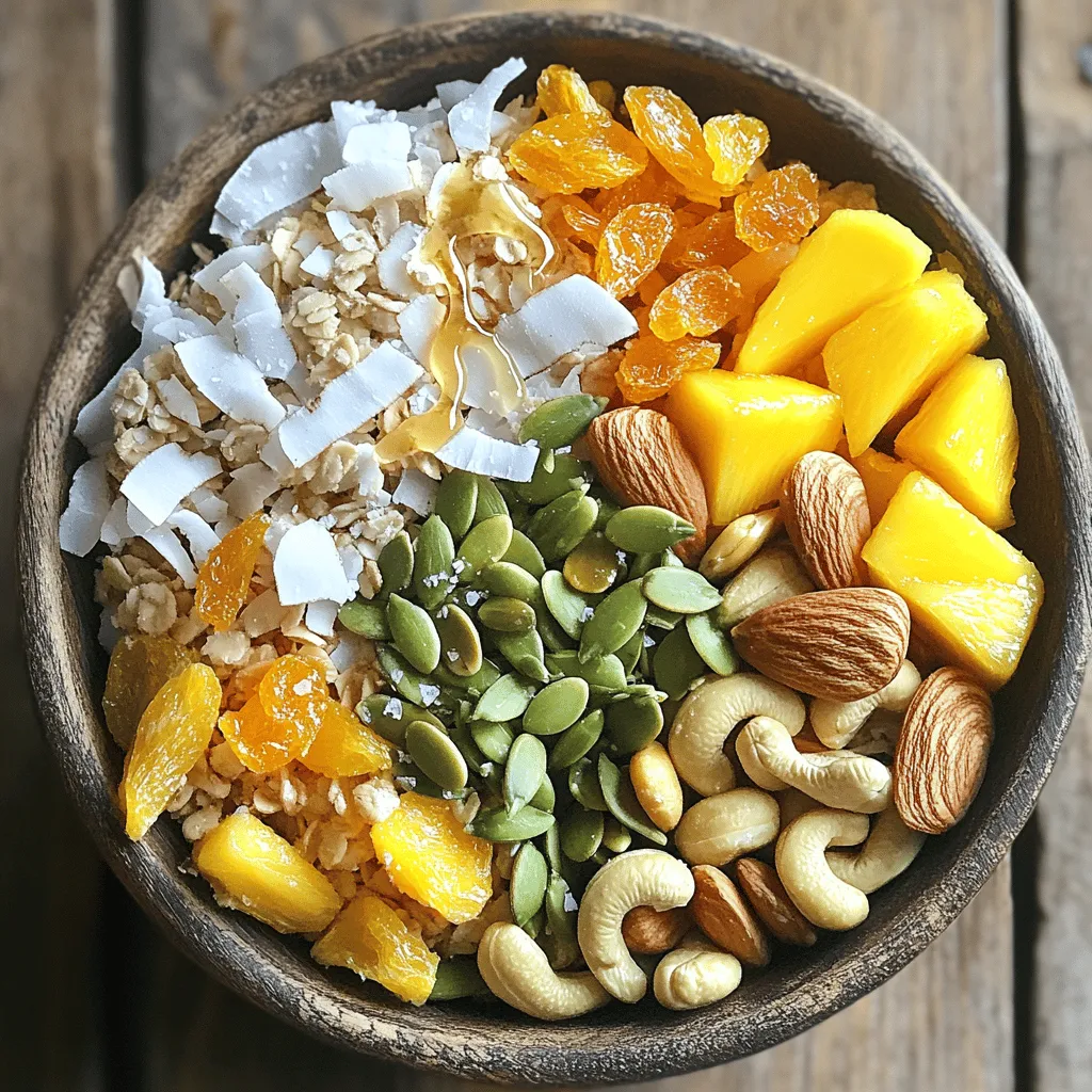 - 1 cup unsweetened coconut flakes - 1 cup dried pineapple chunks - 1 cup dried mango slices - 1 cup cashews - 1 cup almonds - ½ cup pumpkin seeds - ½ teaspoon sea salt - 2 tablespoons honey - 1 tablespoon coconut oil, melted When I create Tropical Coconut Snack Mix, I aim for balance and flavor. First, unsweetened coconut flakes add a tropical touch. They give a nice chew and a hint of sweetness without being too overpowering. Next, I add dried pineapple chunks for tangy bursts. Dried mango slices bring a lovely sweetness that pairs perfectly with coconut. Nuts play a big role in the mix. Cashews add creaminess, while almonds provide crunch. Together, they create a satisfying texture. Pumpkin seeds are my secret ingredient. They add a nice nutty flavor and are packed with nutrients. I finish the mix with a sprinkle of sea salt. It enhances all the flavors and balances the sweetness. Honey adds a touch of natural sweetness. Coconut oil brings everything together, making it easy to coat the dry ingredients. Each serving of this snack mix has about 200 calories. It packs a punch with protein and healthy fats. Here’s the breakdown: - Protein: 5 grams - Fat: 15 grams - Carbohydrates: 16 grams Key ingredients have great health benefits. Coconut flakes offer healthy fats and fiber. Pineapple and mango provide vitamins and antioxidants. Nuts and seeds are excellent sources of protein and healthy fats, helping you feel full. This snack mix is not just tasty; it’s also a smart choice for your diet. 1. Preheat oven and prepare the baking sheet Start by preheating your oven to 350°F (175°C). This temperature helps the coconut mix turn golden brown. Line a baking sheet with parchment paper. This makes cleanup easy. 2. Combine dry ingredients in a mixing bowl In a large bowl, mix together the following: - 1 cup unsweetened coconut flakes - 1 cup dried pineapple chunks - 1 cup dried mango slices - 1 cup cashews - 1 cup almonds - ½ cup pumpkin seeds Make sure to stir well so everything blends nicely. 3. Make the honey-coconut oil mixture In a small bowl, whisk together: - 2 tablespoons honey - 1 tablespoon coconut oil, melted This mixture will add sweetness and flavor to your snack mix. 1. Coat the mixture with honey-coconut oil Drizzle the honey-coconut oil blend over the dry ingredients. Toss everything together until the mix is evenly coated. This step is key for great flavor. 2. Spread and bake the mix Spread the snack mix in an even layer on your prepared baking sheet. Sprinkle with ½ teaspoon sea salt for that perfect touch. Bake for about 10-12 minutes. Stir halfway through for even cooking. Keep an eye on it to avoid burning. 3. Cooling process for optimal texture Once baked, remove it from the oven. Let the snack mix cool completely on the baking sheet. It will harden as it cools, giving you that crunchy texture you want. To serve, place the Tropical Coconut Snack Mix in a bowl. It looks great and makes a tasty snack. Pair it with a refreshing drink like coconut water or lemonade. You can also serve it with yogurt for a healthy treat. Enjoy your mix and feel free to share it with friends! To prevent burning your Tropical Coconut Snack Mix, pay close attention while baking. Set your oven to 350°F (175°C) and watch the mix closely. Stir it halfway through baking. This helps toast the coconut evenly and avoids dark spots. If you notice it turning brown too fast, take it out early. Let it cool on the baking sheet; this will make it crisp. Ensuring an even coating of the ingredients is key for flavor. Start by mixing your dry ingredients well before adding the honey and coconut oil. When you drizzle this mixture over the dry ingredients, toss them gently. Use your hands if needed to mix well. Make sure every piece is coated for the best taste. If you need alternatives to coconut or dried fruits, there are great options. Try using dried apples or apricots instead of pineapple or mango. If you want to skip the nuts, use seeds like sunflower seeds or even crispy chickpeas. You can also use puffed rice or oats for a nut-free base. For those with dietary restrictions, you can easily adjust this recipe. Use agave syrup instead of honey for a vegan option. Replace cashews and almonds with pumpkin seeds or sunflower seeds for a nut-free mix. This way, everyone can enjoy this tasty treat. To add more flavor to your snack mix, consider adding spices. A sprinkle of cinnamon or a dash of nutmeg can boost the tropical taste. You can also add a few drops of vanilla extract for a sweet touch. For variety, think about suggested toppings or mix-ins. Try adding dark chocolate chips or yogurt-covered raisins. Dried cranberries or cherries can also add a nice tartness that pairs well with the coconut. Get creative with your mix-ins to keep your snack exciting! {{image_2}} You can make your Tropical Coconut Snack Mix even more fun. Adding dried fruits like bananas or papayas works great. These fruits boost the flavor and add a chewy texture. You can also toss in tropical spices like cinnamon or nutmeg. These spices give your mix a warm, sweet taste that pairs well with coconut. Seasonal fruits can change your snack mix for the better. In summer, try fresh berries or peaches. In fall, add dried apples or cranberries for a festive touch. You can also adjust your mix for holidays. Think of adding flavors like ginger or pumpkin spice during the fall. If you want to cut down on sugar, use stevia or maple syrup. These options keep the sweetness while being healthier. You can also add high-protein ingredients like chia seeds or hemp hearts. These additions boost nutrition and help you feel full longer. For the full recipe, refer to the main section. To keep your Tropical Coconut Snack Mix fresh, use airtight containers. Glass jars or plastic bins work well. Make sure the lid seals tightly. This helps the mix stay crunchy and tasty. Avoid storing the mix in a warm or humid place. A cool, dry pantry is ideal. If you have leftovers, separate any large clusters. This way, air can circulate and they won’t stick together. Your snack mix can last for about two weeks at room temperature. If you keep it in the fridge, it can last even longer, up to a month. To tell if it has gone bad, check for a stale smell or a soft texture. If it feels chewy or sticky, it’s time to toss it. Yes, you can freeze the snack mix! To do this, place it in a freezer-safe bag or container. Squeeze out as much air as you can before sealing. This helps to prevent freezer burn. When you want to eat it, take it out and let it thaw at room temperature. For best results, use it within three months. Once thawed, try to eat it quickly. The texture may change if it sits too long. Tropical Coconut Snack Mix is a sweet and crunchy treat. It combines coconut, dried fruits, and nuts. You get a burst of tropical flavor in every bite. The key ingredients include: - 1 cup unsweetened coconut flakes - 1 cup dried pineapple chunks - 1 cup dried mango slices - 1 cup cashews - 1 cup almonds - ½ cup pumpkin seeds - ½ teaspoon sea salt - 2 tablespoons honey - 1 tablespoon coconut oil, melted The mix of chewy fruits and crunchy nuts creates a fun texture. The sweet honey and coconut oil add richness. This snack is great for any time of day. Yes, you can make this snack mix ahead of time. Store it in an airtight container. This keeps it fresh and crunchy. For best quality, eat it within one week. If you notice any soft spots, toss those pieces. Freshness helps maintain the flavor and texture. Absolutely! This snack mix is fun and healthy. It has natural sugars from the fruits. The nuts provide protein, which kids need. Always check for allergies before giving this mix to children. It’s a great snack for after school or sports. You can make this mix your own! Here are some ideas: - Swap out dried pineapple for dried bananas or apricots. - Add different nuts like walnuts or pecans. - Mix in some dark chocolate chips for a sweet twist. - Sprinkle in spices like cinnamon for extra flavor. Get creative! Tailor the snack mix to your taste. This keeps the snack exciting every time you make it. This blog showed you how to make a tasty Tropical Coconut Snack Mix. You learned the right ingredients, steps for cooking, and how to store it well. I highlighted variations to keep things exciting and fun. You can easily adjust the recipe for your needs. Enjoy this mix as a healthy snack or for parties. Try these tips to get the best flavors and freshness. With a few tweaks, this snack will never get boring. Grab your ingredients and start creating your delicious mix today!