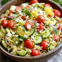 To make a bright and tasty Lemon Basil Orzo Salad, gather these simple ingredients: - 1 cup orzo pasta - 2 cups vegetable broth - 1 cup cherry tomatoes, halved - 1 cup cucumber, diced - 1/4 cup red onion, finely chopped - 1/2 cup fresh basil leaves, chopped - 1/4 cup feta cheese, crumbled - 3 tablespoons olive oil - 2 tablespoons lemon juice - 1 teaspoon lemon zest - Salt and pepper to taste You can customize this salad with optional ingredients. Try adding: - Grilled chicken for protein - Avocado for creaminess - Bell peppers for extra crunch - Olives for a briny twist You can also swap orzo for quinoa or farro for a different base. Fresh ingredients make a big difference. Here are some tips: - Choose firm cherry tomatoes. They should feel heavy for their size. - Look for crisp cucumbers with smooth skin. A dull skin may mean it's old. - Pick basil with vibrant green leaves. Avoid any that look wilted or brown. - For red onions, choose firm ones without soft spots. By selecting the best ingredients, you ensure a salad that bursts with flavor. Don't forget to check out the Full Recipe for more details! Start by bringing 2 cups of vegetable broth to a boil in a saucepan. Once it bubbles, add 1 cup of orzo pasta. Cook the orzo according to the package instructions, which usually takes about 8-10 minutes. You want it al dente, so keep an eye on it. Once cooked, drain the orzo and rinse it under cold water. This stops the cooking process and cools it down quickly. Set it aside to cool completely. In a large mixing bowl, combine 1 cup of halved cherry tomatoes, 1 cup of diced cucumber, and 1/4 cup of finely chopped red onion. These veggies add crunch and flavor. Mix them gently to ensure even distribution. In a small bowl, whisk together 3 tablespoons of olive oil, 2 tablespoons of lemon juice, and 1 teaspoon of lemon zest. Add salt and pepper to taste. This dressing is bright and fresh. It brings all the flavors together. Now, add the cooled orzo to the vegetable mixture. Toss gently to combine everything. Next, pour the dressing over the salad and toss it again, ensuring every piece is coated. Finally, fold in 1/2 cup of chopped fresh basil and 1/4 cup of crumbled feta cheese. Taste and adjust the seasoning if needed. Let the salad chill in the fridge for at least 30 minutes. This allows the flavors to meld beautifully. For the full recipe, refer to the instructions above. To get the best orzo, cook it in vegetable broth. This adds flavor while cooking. Follow the package instructions closely. Aim for al dente, meaning it should be firm but not hard. After draining, rinse the orzo under cold water. This stops the cooking and prevents sticking. Lemon juice and zest brighten the dish. They give a fresh taste that pairs well with basil. Use good-quality olive oil for richness. Season with salt and pepper to enhance all the flavors. Don't skip the feta cheese; it adds a creamy, salty touch. Taste as you go. Adjust seasoning until it feels just right. Serve the salad in a big bowl for sharing. Garnish with extra basil leaves on top. You can also sprinkle more feta for a nice touch. Consider using clear bowls to show off the vibrant colors. For a picnic, pack it in mason jars for easy serving. This makes it fun and attractive! Make sure to check out the full recipe for more insights! {{image_2}} You can make the Lemon Basil Orzo Salad heartier by adding protein. Grilled chicken adds a nice touch. Simply cook the chicken, slice it, and mix it into the salad. If you prefer a plant-based option, try chickpeas. They add protein and fiber. Just drain and rinse a can of chickpeas before adding them. You can also use shrimp or tofu for a different flavor. Making a vegan version is easy! Just skip the feta cheese. Instead, use avocado for creaminess. You can also add nutritional yeast for a cheesy taste without dairy. This keeps the flavors bright and fresh while making it suitable for everyone. The dressing can stay the same since it’s already vegan-friendly. Feel free to switch up the vegetables based on the season. In the summer, add sweet corn or bell peppers for crunch. In the fall, try roasted butternut squash or Brussels sprouts for warmth. Winter brings great options like kale or roasted carrots. Mixing in seasonal veggies keeps the dish exciting and fresh. For the full recipe, check out the Lemon Basil Orzo Salad section above. After you enjoy your Lemon Basil Orzo Salad, store any leftovers in an airtight container. This keeps the flavors fresh and prevents spills. Place the salad in the fridge right away. Avoid leaving it out for too long. If you plan to eat it later, try to keep the dressing separate. This way, your salad stays crisp and tasty. When stored properly, Lemon Basil Orzo Salad will last 3 to 5 days in the fridge. The freshness of the ingredients affects how long it stays good. If the salad looks or smells off, it's best to toss it. Trust your senses to guide you. I don’t recommend freezing this salad because the ingredients may lose their texture. The orzo can become mushy, and fresh veggies will not hold up well. If you must freeze it, put it in a freezer-safe container. When ready to eat, thaw it overnight in the fridge. For the best taste, always serve it cold after thawing. Enjoy your Lemon Basil Orzo Salad fresh for the best flavor! For a detailed guide on making this dish, check the Full Recipe. Yes, you can make Lemon Basil Orzo Salad ahead of time. It tastes great after sitting in the fridge. I like to prepare it at least a few hours before serving. This allows the flavors to mix well. Just remember to keep it chilled until you are ready to serve. This salad pairs well with many dishes. I love serving it with grilled chicken or fish. You can also pair it with a nice piece of crusty bread. For a lighter meal, try it with a fresh fruit salad. The bright flavors of the salad complement these dishes perfectly. To adjust the recipe for more servings, simply double or triple the ingredients. For example, use two cups of orzo for eight servings. Keep the same ratio for the other ingredients. You can always taste and adjust the seasoning as you go. This way, you will ensure that the flavors stay balanced. Lemon Basil Orzo Salad is packed with nutrients. Orzo offers carbs for energy, while vegetables provide vitamins and fiber. Basil adds antioxidants and fresh flavor. Feta cheese gives protein and calcium. Olive oil brings healthy fats that are good for the heart. Overall, this salad is a tasty and healthy option. No, this dish is not gluten-free because orzo is made from wheat. If you need a gluten-free option, try using rice or quinoa instead. Both options work well in this salad. They will still keep that nice texture and flavor we love. Lemon Basil Orzo Salad is fresh and easy to make. We covered the steps to prepare it, from selecting ingredients to serving it up. You can add proteins or adjust flavors to fit your taste. This dish works well for any meal and keeps nicely. Store leftovers for later or freeze them for usage down the road. Enjoy making this salad, and let it brighten your meals. Dive into your kitchen, and create a dish you will love!