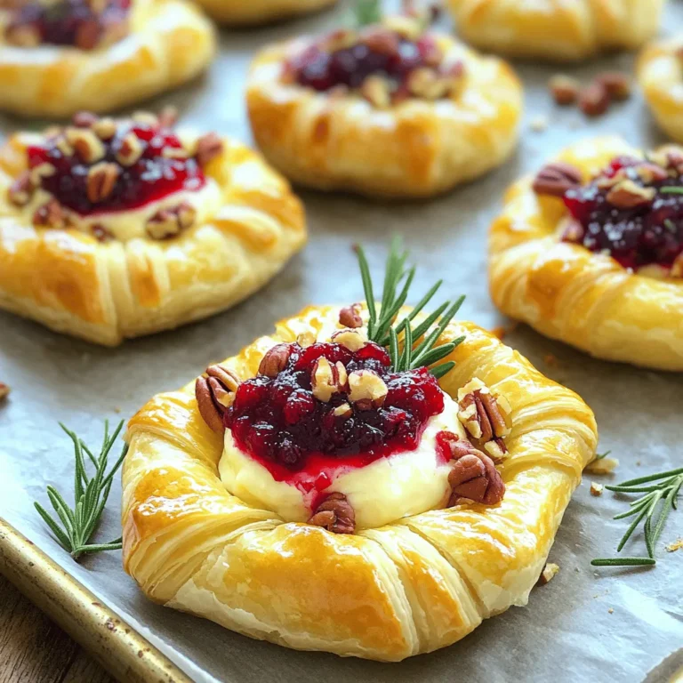 To create these tasty bites, you need a few key ingredients. Each ingredient plays a vital role in the flavor and texture of the dish. - Puff pastry - Brie cheese - Cranberry sauce Puff pastry gives a light, flaky base. It puffs up beautifully in the oven, creating a perfect shell. Brie cheese melts nicely, offering a creamy texture. Cranberry sauce adds a sweet and tart kick, making it festive and fun. - Chopped pecans or walnuts - Fresh herbs for garnish Nuts add crunch and depth. You can use chopped pecans or walnuts based on your taste. Fresh herbs, like rosemary or thyme, brighten the dish and make it look nice. - Baking sheet - Parchment paper - Rolling pin A baking sheet holds your bites while they cook. Parchment paper keeps them from sticking. A rolling pin helps smooth out the puff pastry, making it easy to cut into squares. You can find the full recipe for these delightful bites by checking out the Full Recipe. Enjoy making these treats that are perfect for any gathering! First, you need to thaw the puff pastry. Leave it in the fridge overnight or on the counter for about 30 minutes. While it thaws, preheat your oven to 375°F (190°C). This temperature helps create a nice, golden crust. Now, let’s cut the pastry squares. On a lightly floured surface, roll out the thawed puff pastry. Cut each sheet into 3-inch squares. You should have about 20 squares. Place the squares on a lined baking sheet, leaving space between them. In the center of each square, add a small piece of brie cheese, about 1 teaspoon. Then, spoon a dollop of cranberry sauce on top, also about 1 teaspoon. If you want a crunchy twist, sprinkle some chopped pecans or walnuts over the cranberry sauce. Next, fold the corners of the pastry squares up. Pinch them in the center to form a pocket. This keeps the cheese and cranberry sauce inside while baking. To give them a nice shine, brush the tops of the pastry bites with the beaten egg. This will help them turn golden brown in the oven. Bake in your preheated oven for 15-20 minutes. Look for a puffed and golden appearance. When done, remove them and let them cool a bit. Garnish with fresh rosemary or thyme for an extra touch. Enjoy these bites warm with friends and family! For more detailed cooking steps, check the Full Recipe. To make the best cranberry brie bites, start with the right brie. I recommend using a creamy brie that melts well. Look for brie that has a soft texture and a rich flavor. Some popular brands include President and brie de Meaux. When it comes to cranberry sauce, you have two options: homemade or store-bought. Homemade sauce gives you control over sweetness and flavor. You can customize it by adding spice, like cinnamon or nutmeg. Store-bought sauce is quick and convenient. Either choice will work, but fresh sauce adds a nice touch. To tell if your bites are done, look for a golden brown color. The pastry should be puffed and crisp. If they are not golden after 15 minutes, give them a few more minutes in the oven. If you use larger pieces of brie or more sauce, you might need to adjust the baking time. Check them around the 15-minute mark. If they look golden and puffed, they are ready! You can pair cranberry brie bites with many sides. A fresh salad with greens and nuts works well. You might also serve them with a platter of meats and cheeses. These bites are perfect for special occasions. They shine at holiday parties, game days, or family gatherings. Their festive look and taste will impress your guests. Enjoy them warm for the best flavor! For the complete recipe, check out the Full Recipe for your next gathering. {{image_2}} You can add more fun to your cranberry brie bites by changing the flavor. Adding different fruit preserves can really change the vibe. Consider using apricot, raspberry, or even fig preserves. Each one brings a unique taste and pairs well with brie. You can also incorporate herbs into the filling. Chopped rosemary or thyme can make the bites more aromatic. Just mix in a little with your cranberry sauce for an extra kick. If you want to switch things up, try using goat cheese or cream cheese instead of brie. Goat cheese has a tangy flavor that will surprise you. Cream cheese offers a smooth texture that blends well with the fruit. For those who prefer vegan options, look for plant-based cheese substitutes. Many brands offer great flavor and texture that mimic traditional cheese. You won’t miss out on taste! You can serve these bites in different ways for fun. Mini tartlets are a great way to present them. Just use a tart shell instead of puff pastry for a sturdy base. Bite-sized pastry pinwheels are another fun choice. Roll the pastry with the filling, slice, and bake. These styles make your dish more appealing and great for parties. For more details on making these tasty bites, check out the Full Recipe. To keep your cranberry brie bites fresh, store them in an airtight container. Place a paper towel at the bottom to absorb any moisture. You can refrigerate them for up to three days. If you want to save them for longer, freeze the bites. Wrap each one in plastic wrap and then place them in a freezer bag. They can stay frozen for up to three months. To reheat your cranberry brie bites, the oven is the best choice. Preheat it to 350°F (175°C). Place the bites on a baking sheet and cover them lightly with foil. Heat for about 10 to 15 minutes. This method helps keep the pastry crisp and prevents sogginess. Avoid using the microwave, as it can make the pastry chewy. You can prepare cranberry brie bites in advance. Assemble them, then freeze before baking. Lay them on a baking sheet and freeze until solid. Once frozen, transfer them to a freezer bag. When you're ready to bake, no need to thaw. Just add a few extra minutes to the baking time for a delicious treat. Yes, you can prep these bites in advance! To do this, follow these steps: - Prepare the pastry squares and fill them with cheese and cranberry sauce. - Do not brush them with egg wash yet. - Place them on a baking sheet and cover with plastic wrap. - Store in the fridge for up to 24 hours before baking. When you’re ready to bake, brush with egg wash and bake as per the recipe. This method keeps the flavors fresh and saves time on busy days. Cranberry Brie Bites pair well with many dishes. Here are some ideas: - A simple green salad with vinaigrette. - Sliced fruits like apples or pears. - A cheese platter with nuts and dried fruits. - Sparkling wine or cider to enhance the flavors. These pairings create a beautiful and festive spread for any gathering. A soggy pastry can happen, but it’s easy to fix. Here are some tips: - Make sure to bake the bites until they are golden and puffed. - Avoid overloading the filling. Too much cranberry sauce can make the pastry soggy. - If you notice sogginess after baking, place the bites back in the oven for a few minutes. - Serve them warm right after baking for the best texture. By following these tips, you’ll keep your Cranberry Brie Bites crisp and delicious. Cranberry brie bites are a simple and tasty treat. You learned how to gather the right ingredients, prepare the bites, and perfect your baking. Plus, you found tips on storing and reheating leftovers to keep them fresh. You can even experiment with different flavors and ingredients. Enjoy making these bites for your next gathering. They will impress your guests and satisfy your taste buds! Keep exploring and enjoy your time in the kitchen.