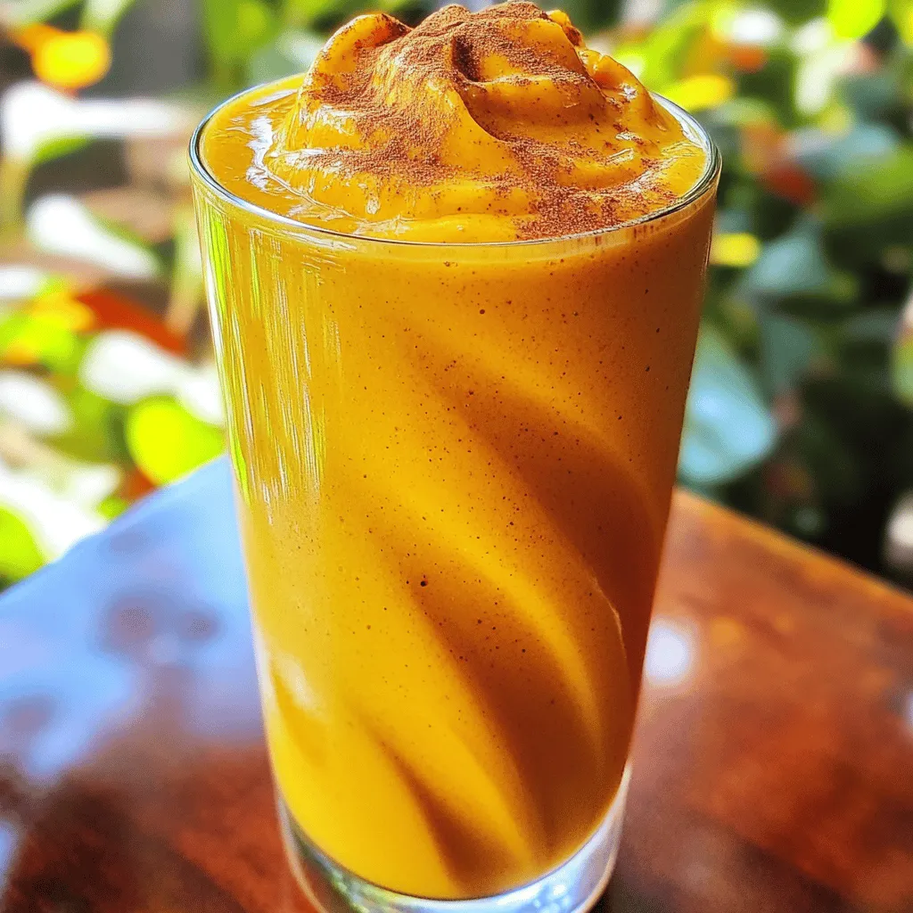 - 1 cup unsweetened almond milk (or any preferred milk) - 1/2 cup canned pumpkin puree - 1 scoop vanilla protein powder - 1/2 teaspoon pumpkin pie spice - 1 tablespoon maple syrup (or honey for sweetness) - 1/4 teaspoon vanilla extract - 1/2 banana (frozen for a creamier texture) - Ice cubes (optional for desired thickness) What is the protein content per serving? Each serving of this shake has about 20 grams of protein. This comes from the protein powder and the almond milk. What is the caloric breakdown? The shake has around 300 calories. This will vary based on your milk choice and if you add sweetener. What are the dietary benefits of the ingredients? - Pumpkin puree is high in fiber and vitamins A and C. - Almond milk is low in calories and often enriched with vitamins. - Bananas add potassium and natural sweetness without refined sugars. - Protein powder helps build and repair muscles, making it great after workouts. This shake is not only a great treat but also a fantastic way to fuel your day. For the full recipe, check out the Pumpkin Spice Protein Shake section. 1. Combine the main ingredients in the blender Start by adding 1 cup of unsweetened almond milk, 1/2 cup of canned pumpkin puree, and 1/2 frozen banana to your blender. These ingredients give a great base and creamy texture. 2. Incorporate flavor enhancers Next, add 1 scoop of vanilla protein powder, 1/2 teaspoon of pumpkin pie spice, 1 tablespoon of maple syrup, and 1/4 teaspoon of vanilla extract. This mix brings out that warm, fall flavor. 3. Blend to desired consistency Blend all the ingredients on high until smooth and creamy. If you want it thicker, toss in some ice cubes and blend again. - Using frozen bananas for creaminess Frozen bananas make your shake extra creamy. They also help keep your drink cold without watering it down. - Adjusting sweetness to taste Try your shake before serving. If you want it sweeter, add more maple syrup or honey. Adjust it to your liking! Check out the Full Recipe for more details and tips to perfect your Pumpkin Spice Protein Shake. To create the best pumpkin spice protein shake, blending time matters. Blend on high for at least 30 seconds. This lets the ingredients mix well and gives you a smooth texture. If you want it extra creamy, blend longer. Correct measurements also help your shake taste great. Use a measuring cup for liquids and a scale for powders. This keeps your flavors balanced. I recommend using a scale for the protein powder. Too much can change the shake's texture and taste. For a nice presentation, use a tall glass or a mason jar. This lets you show off the lovely orange color. You can also add a sprinkle of pumpkin pie spice on top for a finishing touch. Pair your shake with light snacks or meals. It goes well with whole-grain toast or oatmeal. For a sweet treat, enjoy it with a slice of apple. This adds a nice crunch and complements the shake's flavor. You can find the full recipe above to guide you. {{image_2}} You can easily switch up the flavor of your pumpkin spice protein shake. Try different types of milk. Oat milk adds a creamy texture. Coconut milk gives a light, sweet flavor. Almond milk keeps it nutty and mild. You can also add other spices. A dash of cinnamon enhances the cozy taste. Nutmeg or ginger can bring a fun twist. Experiment with flavors to find your favorite mix. If you need a non-dairy option, look for plant-based protein powders. Pea protein or rice protein works well. These options keep your shake creamy and delicious. For a vegan version, ensure your protein powder has no animal products. Many brands offer vegan-friendly options. You can also skip protein powder altogether. Just add more pumpkin or nut butter for extra nutrition. For the full recipe, check out the Pumpkin Spice Protein Shake. To keep your pumpkin spice protein shake fresh, start by refrigerating any leftovers. Pour the shake into a clean, airtight container. This helps prevent the shake from absorbing other smells in your fridge. It stays good for up to 24 hours. If you need to store it longer, consider freezing it. Pour the shake into ice cube trays or freezer-safe containers. This way, you can enjoy it later as a quick snack or meal. When stored in the fridge, your shake is best within one day. After that, it may lose flavor and texture. Check for signs that it has gone bad. If you notice an off smell, or if it separates and looks curdled, it's time to toss it. Always trust your senses. Fresh ingredients like pumpkin puree and banana have a short shelf life, so use them wisely. For the best taste and nutrition, enjoy your shake soon after making it. Can I make this shake without protein powder? Yes, you can skip the protein powder. The shake will still taste great! You can add more pumpkin or a scoop of Greek yogurt for creaminess. This keeps it filling. Is it suitable for meal replacement? Absolutely! This shake has protein, fiber, and healthy fats. It can stand in for a meal. Just make sure you feel full after drinking it. You can also add oats for more energy. How to make it less sweet for dietary restrictions? To cut down on sweetness, reduce or skip the maple syrup. Using unsweetened almond milk helps too. Adding more pumpkin or spices can balance flavors without added sugar. You can find the full recipe above to create your own tasty shake! This blog post walks you through making a delicious pumpkin protein shake. We covered key ingredients, step-by-step instructions, and tips for the best results. You learned about nutritional benefits and how to store your shake. Remember, you can customize flavors and protein powders to fit your taste. Enjoy your shake as a snack or meal replacement. With the right ingredients and tips, you can craft a tasty and healthy treat that fits your needs. Make it your own and savor every sip!