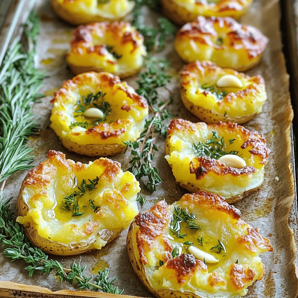 - Baby potatoes - Olive oil - Garlic - Dried oregano - Fresh rosemary - Fresh thyme - Salt and pepper - Fresh parsley for garnish For this recipe, I love using these baby potatoes: - Baby Yukon Gold - Baby Red Potatoes - Fingerling Potatoes These types are creamy and flavorful. They hold up well during cooking. You can find them in most grocery stores. To make your smashed potatoes pop, use fresh herbs. I suggest: - Basil - Chives - Dill If you don’t have fresh herbs, dried ones work too. Dried basil or parsley can add great flavor. You can mix and match herbs for fun taste combos. For example, try rosemary with thyme for a classic blend. These herbs bring out the best in the potatoes. For the full recipe, check out the details above. Start by washing the baby potatoes well. This step is key to removing dirt. Choose firm potatoes without spots. Place them in a large pot and cover with water. Add a pinch of salt to help flavor. Bring the water to a boil over high heat. Once boiling, reduce the heat and let them simmer. Cook the potatoes for about 15-20 minutes. They should be fork-tender, not mushy. Test one with a fork to check doneness. After boiling, drain the potatoes in a colander. Let them cool for a few minutes before smashing. Now, let’s smash the potatoes. Place them on a flat surface or your baking sheet. Use the flat bottom of a glass or a potato masher. Press down gently on each potato. You want them smashed but still intact. Avoid over-smashing, as this makes them mushy. The goal is to break the skin and create a nice surface for crisping. This technique will help them crisp up beautifully in the oven. While the potatoes cool, preheat your oven to 425°F (220°C). This temperature ensures a crispy finish. Line a baking sheet with parchment paper for easy cleanup. Once the oven is ready, place the smashed potatoes on the sheet. Roast them for 20-25 minutes. Keep an eye on them as they cook. You want them golden brown and crispy on the edges. This will create a delightful contrast with the soft potato inside. Once done, your smashed potatoes will be ready to enjoy. For the full recipe, check back to ensure you didn’t miss any steps! To avoid mushy potatoes, start with waxy baby potatoes. These hold their shape better. Boil them until fork-tender, but check them often. If overcooked, they can turn mushy. When smashing, press down gently. Use a flat-bottomed glass or potato masher. Aim for a flat shape without breaking them apart completely. Spices can elevate your smashed potatoes. Try adding smoked paprika for a hint of smokiness. A pinch of cayenne pepper can give it a kick. Fresh herbs make a big difference. Always use fresh rosemary, thyme, and parsley when possible. They bring bright flavors that dried herbs can't match. Garnishing adds visual appeal. Sprinkle fresh parsley on top for a pop of color. For a more rustic look, leave some smashed potatoes with rough edges. Serve on a wooden board or a colorful plate. This makes the dish more inviting. Pair with a simple green salad for a complete meal. {{image_2}} You can change the herbs in smashed potatoes to create new tastes. Classic mixes include rosemary, thyme, and oregano. These herbs offer a wonderful aroma and flavor. If you want something unique, try dill or tarragon. They bring a fresh twist to your dish. You can even mix herbs like basil and parsley for a bright taste. Cheese adds a rich flavor to smashed potatoes. Cheddar, Parmesan, or feta work great. To add cheese, sprinkle it on top before roasting. This melts the cheese into the potatoes. You can also mix cheese into the olive oil blend for a savory kick. Just remember, a little goes a long way! Making smashed potatoes vegan is easy. Simply swap olive oil for plant-based butter. This keeps the rich taste without using dairy. For gluten-free options, ensure all ingredients are gluten-free. The potatoes themselves are naturally gluten-free. This makes smashed potatoes a safe choice for everyone. Enjoy the flavors without worry! For the full recipe, check out the detailed instructions above. To keep your smashed potatoes fresh, store them in an airtight container. This helps prevent them from drying out. Place a piece of parchment paper between layers if needed. You can keep them in the fridge for about 3 to 5 days. Always check for any signs of spoilage before eating. The oven is the best way to reheat smashed potatoes. Preheat it to 350°F (175°C). Spread the leftover potatoes on a baking sheet. Heat them for about 10-15 minutes until warm. This method keeps them crispy. You can also use a microwave, but the texture may not be the same. Heat in short bursts of 30 seconds, checking often. If you want to save smashed potatoes for later, freezing works well. First, let them cool completely. Then, place them in a freezer-safe bag or container. Try to remove as much air as possible to avoid freezer burn. You can keep them frozen for up to 3 months. When ready to eat, thaw in the fridge overnight, then reheat in the oven. This keeps them tasty and delicious. Smashed potatoes are a fun twist on regular mashed potatoes. They keep their shape but get a bit flattened. This method gives them a crispy texture and a hearty bite. The main difference between mashed and smashed potatoes is the technique. Mashed potatoes are whipped until smooth, while smashed potatoes are gently pressed to keep some chunkiness. This results in a unique texture that pairs well with herbs and spices. Yes, you can use different types of potatoes. Some great alternatives include: - Baby Yukon Gold - Baby Red Potatoes - Fingerling Potatoes These varieties offer different flavors and textures. Baby Yukon Gold potatoes are creamy, while baby red potatoes add a slight sweetness. Fingerling potatoes have a unique shape and are fun to smash. Feel free to mix and match to find your favorite! Getting that perfect crunch is key. Here are some tips to achieve it: - Use the right amount of olive oil. Brush it generously over the smashed potatoes. - Preheat your oven to a high temperature, around 425°F (220°C). This helps them crisp up quickly. - Roast them until golden brown, usually about 20-25 minutes. For an extra crunch, you can broil them for the last few minutes. Keep an eye on them so they don’t burn. Enjoy that delightful crispiness! You’ve learned how to make amazing smashed potatoes, starting with the right ingredients. Choosing baby Yukon Gold or red potatoes can give you great taste. The roasting steps ensure crispness, while fresh herbs boost flavor. You can even adapt the recipe for vegan or gluten-free needs. For leftovers, proper storage keeps them tasty. Enjoy experimenting with herbs and cheeses to find your favorite twist. Smashed potatoes offer plenty of options to satisfy your cravings and impress guests. Try these tips, and you’ll create a dish everyone loves!