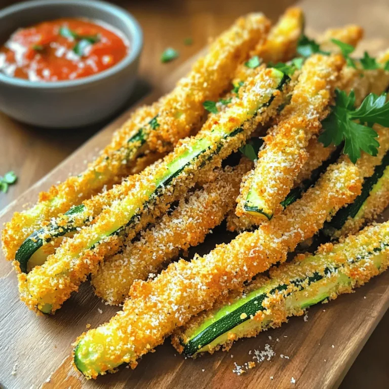 To make delicious air fryer zucchini fries, you'll need just a few key items. Here’s what you should gather: - 2 medium zucchini, cut into strips - 1 cup breadcrumbs (preferably panko for extra crunch) - 1/2 cup grated Parmesan cheese - 1 teaspoon garlic powder - 1 teaspoon onion powder - 1/2 teaspoon paprika - 1/2 teaspoon salt - 1/4 teaspoon black pepper - 1 large egg, beaten - 1 tablespoon olive oil These ingredients combine to create a tasty, crunchy snack. The zucchini serves as a healthy base. The breadcrumbs and Parmesan add crunch and flavor. Seasonings like garlic powder and paprika make everything pop. You can easily find these items at your local grocery store. If you want the full recipe, check out the link above. 1. Start by preheating your air fryer to 400°F (200°C) for about 5 minutes. This step is key, as it helps the fries cook evenly and achieve that perfect crisp. 2. Next, take your zucchini. Cut the two medium zucchini into strips. Aim for uniformity in size. This helps them cook at the same rate. 3. In a large bowl, mix the breadcrumbs, grated Parmesan, garlic powder, onion powder, paprika, salt, and black pepper. This mix gives your zucchini fries a tasty coating. Make sure to mix well. 1. Dip each zucchini strip into the beaten egg. Let any extra egg drip off before moving to the next step. This keeps the coating from getting soggy. 2. Now it’s time to coat the zucchini. Roll each strip in the breadcrumb mix. Ensure every piece is fully covered. This will make them crunchy and delicious. 1. Arrange the coated zucchini fries in a single layer in the air fryer basket. Don’t overcrowd them; this allows hot air to circulate and cook evenly. 2. Cook the fries for about 10-12 minutes. Flip them halfway through. This ensures they get crispy on all sides. When they are golden brown, they are ready. 3. Once done, take them out of the air fryer and let them cool for a couple of minutes. This brief wait allows them to crisp up even more. For the full recipe, check out the details above. Enjoy your homemade crispy air fryer zucchini fries! To get the best air fryer zucchini fries, preheating is key. Preheating your air fryer to 400°F (200°C) for about five minutes ensures even cooking. If you skip this step, your fries may cook unevenly. Avoiding overcrowding in the basket is also important. Place the zucchini fries in a single layer. If they are too close together, they will steam instead of fry. This means less crunch. You can cook in batches if needed. Adjusting seasonings can make your fries pop. Try adding Italian herbs or chili powder for a spicy twist. You can also mix in lemon zest for a bright flavor. Don’t forget about dips! Marinara sauce and garlic aioli pair well with these fries. You can also try ranch or tzatziki sauce for a fresh take. These additions can elevate your snack or appetizer. For the full recipe, check out the complete guide above. {{image_2}} You can make this dish even better for you. If you need gluten-free options, use gluten-free breadcrumbs. They work just as well and keep the crunch. For vegan adaptations, skip the egg. Instead, coat the zucchini with a mix of plant-based milk and a touch of cornstarch. This will help the breadcrumbs stick. Your fries will still taste great, and everyone can enjoy them. Let’s add some fun to your zucchini fries. For spicy zucchini fries, mix in cayenne pepper or chili powder with your breadcrumbs. This gives a nice kick. If you love Italian flavors, add dried oregano or basil to the breadcrumb mix. This twist brings fresh vibes to each bite. You can play with spices to find your favorite flavor combo. Don't be afraid to explore! To keep your zucchini fries fresh, store them properly. First, let the fries cool down completely. Place them in an airtight container. They will last in the fridge for up to three days. If you want to keep them longer, consider freezing. To freeze, spread the fries in a single layer on a baking sheet. Freeze them for about an hour. Once frozen, transfer them to a freezer bag. This method helps keep them from sticking together. They can be stored in the freezer for up to three months. When reheating zucchini fries, you want them crispy again. The best way to do this is using the air fryer. Preheat your air fryer to 375°F (190°C). Place the fries in the basket in a single layer. Heat them for about 5 to 7 minutes. Check to ensure they are hot and crispy. If you do not have an air fryer, you can use an oven. Preheat the oven to 400°F (200°C). Spread the fries on a baking sheet lined with parchment paper. Bake for about 10 minutes, flipping halfway through. This helps them stay crispy. Avoid using a microwave, as it makes the fries soggy. For a full recipe on how to make these fries, check out the [Full Recipe]. Air fryer zucchini fries can last about 2 to 3 days in the fridge. Store them in an airtight container to keep them fresh. If you want to keep them longer, you can freeze them. Just make sure they cool completely before freezing. Yes, you can use other vegetables! Carrots, eggplants, or sweet potatoes work well. Just cut them into similar sizes as zucchini for even cooking. Adjust the cooking time based on the vegetable you choose. Zucchini fries pair well with many dips. I love marinara sauce and garlic aioli. You could also try ranch dressing or tzatziki for a cool twist. These dips add flavor and make the fries even more fun to eat! You learned how to make tasty air fryer zucchini fries. We discussed the simple ingredients, like zucchini and breadcrumbs, and shared easy steps to coat and cook them. I provided tips to improve your frying skills and suggested fun flavor twists. You can even store and reheat leftovers effectively. Keep experimenting with flavors and textures. Enjoy your healthy snack, and have fun creating new variations!