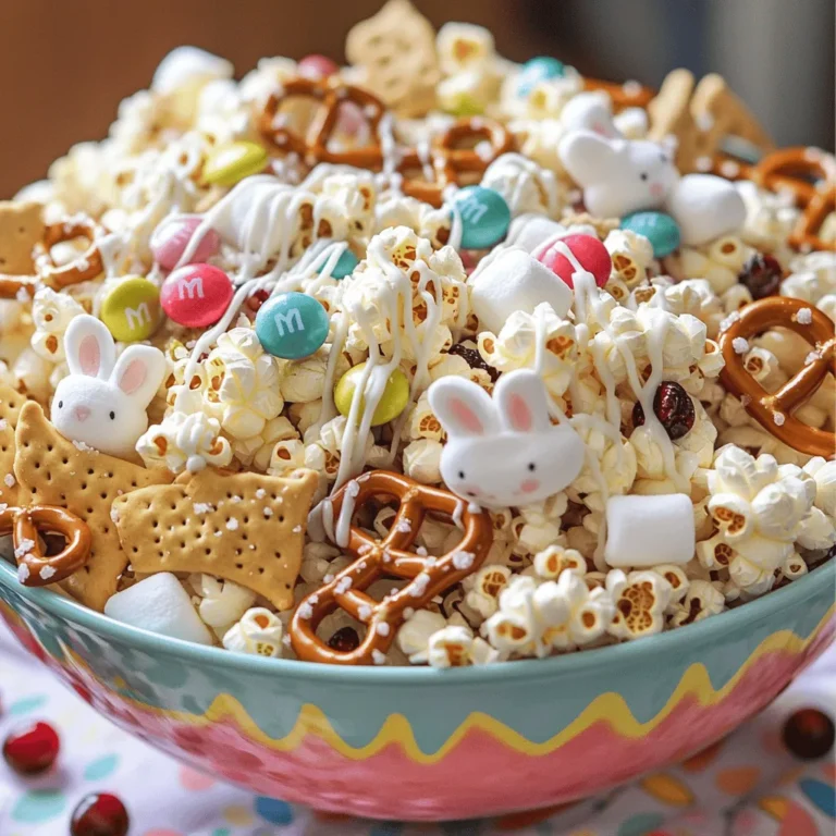 To make the Easter Bunny Bait Snack Mix, gather these main ingredients: - 3 cups popcorn (popped) - 1 cup pretzel twists - 1 cup mini marshmallows - 1 cup pastel M&M's - 1 cup bunny-shaped crackers - ½ cup white chocolate chips - 2 tablespoons coconut oil - ½ teaspoon sea salt These ingredients combine to create a fun mix of sweet and salty flavors. The popcorn adds a light crunch, while the pretzels give a nice saltiness. You’ll love the gooey marshmallows and the colorful M&M's. The bunny-shaped crackers add a playful touch, perfect for Easter! Want to make your mix even better? Consider these optional add-ins: - ½ cup dried cranberries or raisins Adding dried fruit gives a nice chew and balances the sweetness. You can also swap in nuts or seeds if you like a crunch. To make this snack mix, you need a few simple tools: - Large mixing bowl - Microwave-safe bowl - Spatula - Baking sheet - Parchment paper These tools help you mix, melt, and spread your snack mix easily. A spatula is great for coating everything evenly with the white chocolate. Use the parchment paper to keep your baking sheet clean. You can find the full recipe for more tips and details on creating this delightful treat! First, gather all your ingredients. You will need popcorn, pretzels, mini marshmallows, pastel M&M's, bunny-shaped crackers, and dried cranberries if you want. In a big bowl, add 3 cups of popped popcorn, 1 cup of pretzel twists, and 1 cup of mini marshmallows. Next, toss in 1 cup of pastel M&M's and 1 cup of bunny-shaped crackers. If you like, add ½ cup of dried cranberries or raisins. Mix everything gently so you don’t crush the popcorn or pretzels. For the next step, you will melt the white chocolate. Take a microwave-safe bowl and add ½ cup of white chocolate chips and 2 tablespoons of coconut oil. Microwave them in 30-second bursts. Stir the mixture each time until it is smooth and melted. Be patient; it should take about 1 to 2 minutes in total. Now it's time to bring it all together! Drizzle the melted white chocolate over your snack mix in the big bowl. Use a spatula to toss the mix carefully. Make sure all pieces get a good coating. Once it’s well mixed, spread the snack mix out on a baking sheet lined with parchment paper. Sprinkle ½ teaspoon of sea salt over the top. Let it cool for about 30 minutes. This is when it will set. Once it hardens, feel free to break apart any clusters. Enjoy this fun treat! For the full recipe, check out the details above! To melt white chocolate, you need a safe method. I prefer the microwave. Place the white chocolate chips and coconut oil in a bowl. Heat it in 30-second bursts. Stir the mix well between bursts. This method helps prevent burning. When the chocolate is smooth, it’s ready to use. If it’s too thick, add a bit more coconut oil. To keep your Easter Bunny Bait Snack Mix fresh, store it in an airtight container. This prevents moisture from getting in. I like to use mason jars or zip-top bags. Keep the mix in a cool, dry place. This way, it stays crunchy and tasty. If stored correctly, it lasts up to a week. Make your snack mix a delightful gift! Use colorful bags or boxes. You can also add a cute tag. Try adding a sprinkle of edible glitter for a fun touch. Serving the mix in Easter-themed bowls makes it festive too. It’s all about the little details that make your gift shine! {{image_2}} You can change the flavor of your Easter Bunny Bait Snack Mix with different chocolates. Instead of white chocolate, try using milk or dark chocolate. Each option adds a unique taste. For a fun twist, mix in some peanut butter chips. The flavor contrasts with the sweet elements of the mix. To keep this mix fresh all year, swap seasonal ingredients. In fall, use pumpkin spice cereal instead of bunny crackers. In summer, add colorful fruit-flavored gummies for a bright touch. You can even use chocolate-covered pretzels for a richer flavor during the winter months. This way, you make sure the mix stays exciting! You can get creative with snack combinations. Try adding nuts like almonds or cashews for crunch. Dried fruits like apricots or figs offer sweetness. You can also swap the popcorn for rice cereal if you want a different base. The options are endless! Each mix can become a new favorite treat. For the full recipe, check out the Easter Bunny Bait Snack Mix. To keep your Easter Bunny Bait Snack Mix fresh, use an airtight container. This helps keep moisture out and maintains its crunch. You can also use sealed bags for gifts or parties. If you have leftovers, store them in a cool, dry place. Avoid sunlight, as it can melt the chocolate and ruin the mix. Your snack mix can last up to two weeks if stored properly. After that, it might lose its crunch. The chocolate can also start to fade in flavor. So, enjoy your Easter Bunny Bait Snack Mix soon after making it for the best taste! Look for signs that tell you if your snack mix is no longer good. If it smells stale or has a strange odor, it's time to toss it. Also, check the texture. If it feels soft or chewy, it might be past its prime. Lastly, if you see any mold, do not eat it. Always prioritize safety when enjoying your treats! Yes, you can make this recipe a day ahead. The snack mix stays fresh and tasty. Just store it in an airtight container. This keeps it crunchy and flavorful. I find it best to let it sit for a few hours so the flavors mix well. You can easily customize the mix. For a nut-free option, skip any nut add-ins. Use gluten-free pretzels if needed. You can also swap out M&M's for dairy-free chocolate. If you want to cut sugar, reduce the marshmallows or use sugar-free options. Mix in your favorite dried fruits or seeds to make it unique. Serving this snack mix can be fun! You can use colorful bowls that match the holiday. Fill small bags for easy sharing at parties. For a fancy touch, add edible glitter on top. Place it on a festive platter for display. It looks great and tastes amazing! You learned how to create a tasty Easter Bunny Bait Snack Mix. We covered key ingredients, helpful tools, and easy steps. Melting chocolate and assembling the mix is fun! Remember to use fresh ingredients and try different flavors. Store your mix well and enjoy it fresh. This snack is great for any time of year. Get creative with your variations and enjoy sharing it with family and friends. Happy snacking!