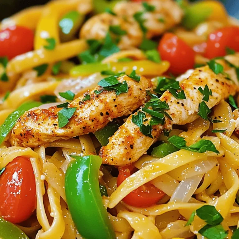 - 2 boneless, skinless chicken breasts (cut into strips) - 8 oz fettuccine pasta - 1 tablespoon Cajun seasoning - 2 tablespoons olive oil - 1 green bell pepper (sliced) - 1 red bell pepper (sliced) - 1 medium onion (thinly sliced) - 3 cloves garlic (minced) - 1 cup cherry tomatoes (halved) - 1 cup heavy cream - 1 cup shredded Parmesan cheese - Salt and pepper to taste - Fresh parsley (chopped, for garnish) Cajun Chicken Pasta is a lively dish that bursts with flavor. Each ingredient plays a key role. The chicken, seasoned with Cajun spices, gives a nice kick. Fettuccine is perfect for soaking up the creamy sauce. For veggies, I love using colorful bell peppers and onions. They add crunch and sweetness. Garlic and cherry tomatoes boost the flavor even more. Heavy cream makes the sauce rich and smooth. Parmesan cheese adds depth. A sprinkle of fresh parsley brightens the dish. This combination creates a delightfully tasty meal. You can find the Full Recipe below to guide you through every step! - Bring salted water to a boil in a large pot. - Add the fettuccine and cook according to package instructions. - Drain the pasta and set it aside. - Toss chicken strips with Cajun seasoning until well-coated. - Heat a skillet over medium-high heat and add olive oil. - Cook the chicken for about 5-7 minutes until browned and cooked through. - In the same skillet, add sliced bell peppers and onion. - Sauté until the vegetables are softened, about 4-5 minutes. - Stir in minced garlic and halved cherry tomatoes for added flavor. - Reduce the heat to medium-low. - Stir in the heavy cream, warming it through. - Gradually add Parmesan cheese, stirring until it melts into the sauce. - Toss the cooked fettuccine and chicken into the sauce. - Mix everything together until the pasta and chicken are well-coated. - Season the dish with salt and pepper to taste. - Garnish with chopped fresh parsley before serving. For the full recipe, check out the details above. Enjoy this flavorful and simple delight! To make Cajun chicken pasta your own, you can adjust the Cajun seasoning. If you like it spicy, add more seasoning. If you prefer it milder, use less. This dish is all about your taste. Balancing creaminess with spice is key. Heavy cream makes the dish rich, but you can add more spices to keep the flavor strong. Start with a little cream and taste as you go. Cooking chicken evenly is important for the best results. I recommend using a hot skillet. This helps the chicken cook fast and brown nicely. Always cut your chicken into strips for even cooking. To prevent pasta from sticking, add a little olive oil to the boiling water. Stir the pasta every few minutes while it cooks. Drain it well, and you won’t have any clumps. Garnish your Cajun chicken pasta with fresh parsley. It adds color and a fresh taste. You can also sprinkle some extra Parmesan cheese on top. For serving, use a wide bowl to show off the pasta and chicken. A colorful plate makes the dish pop. Consider adding lemon wedges on the side for a zesty touch. For the full recipe, check out the complete guide for making this delightful dish. {{image_2}} You can swap the chicken for shrimp or sausage. Shrimp cooks fast and adds a sweet taste. Just cook it until it turns pink. Sausage brings a smoky flavor that pairs well. Choose spicy or mild sausage, depending on your taste. Both options keep the dish exciting and tasty. For a meatless take, use mushrooms and tofu. Mushrooms give a rich, umami flavor. They cook down nicely and add texture. Tofu is great for protein and absorbs flavor well. Press the tofu to remove extra water. Cut it into cubes, season, and sauté until golden. This version is just as satisfying and delicious. You don’t have to stick with fettuccine. Try penne, linguine, or whole wheat pasta. Penne holds sauce well in its tubes. Linguine is a flat noodle that works nicely too. Whole wheat pasta adds a nutty flavor and is healthier. Each type brings a unique twist to your dish. Check out the Full Recipe for more guidance! To keep your Cajun Chicken Pasta fresh, store it in the fridge. Use an airtight container. This helps prevent moisture loss and keeps the flavors intact. Make sure to store it within two hours of cooking. It can last about three to four days in the fridge. When reheating, I recommend using a skillet. Add a splash of water or cream to keep it moist. Heat it on low, stirring often. This method helps maintain the dish's creamy texture. Avoid using the microwave, as it can dry out the pasta. If you want to freeze it, let it cool completely. Place it in a freezer-safe container, leaving some space for expansion. It can last up to three months in the freezer. To defrost, place it in the fridge overnight. Reheat it gently on the stove, adding a little cream or water for moisture. Enjoy your meal later with great taste! You can use several options instead of heavy cream. Here are some good alternatives: - Half-and-half: This creates a creamy texture with less fat. - Greek yogurt: This adds a tangy flavor and thick texture. - Coconut milk: This gives a rich taste with a hint of sweetness. - Silken tofu: Blend it for a smooth, creamy option. These substitutes can help you make a lighter sauce without losing flavor. Cajun Chicken Pasta has a medium heat level. The spice comes from Cajun seasoning. This seasoning blends spices like paprika, cayenne, and black pepper. You can adjust the heat by using less seasoning or adding more cream. If you enjoy heat, feel free to add extra spices or hot sauce. Yes, you can prep this dish in advance. Here are some tips: - Cook the chicken and pasta: You can cook these ahead and store them in the fridge. - Make the sauce: Prepare the sauce and store it separately. This keeps the pasta from getting soggy. - Combine before serving: Just toss everything together when you are ready to eat. This way, you save time and still enjoy a delicious meal. For the complete recipe, refer to the Full Recipe. In this blog post, we covered the key ingredients for Cajun Chicken Pasta, from chicken and pasta to spices and cream. I took you step-by-step through cooking the dish, offering tips for flavor and presentation. Different variations, like using shrimp or going vegetarian, give you options. Lastly, we discussed storage and reheating. Cooking this dish can be simple and fun. I hope you try it and enjoy every bite!