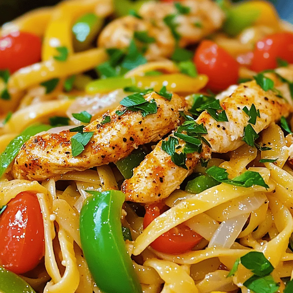 - 2 boneless, skinless chicken breasts (cut into strips) - 8 oz fettuccine pasta - 1 tablespoon Cajun seasoning - 2 tablespoons olive oil - 1 green bell pepper (sliced) - 1 red bell pepper (sliced) - 1 medium onion (thinly sliced) - 3 cloves garlic (minced) - 1 cup cherry tomatoes (halved) - 1 cup heavy cream - 1 cup shredded Parmesan cheese - Salt and pepper to taste - Fresh parsley (chopped, for garnish) Cajun Chicken Pasta is a lively dish that bursts with flavor. Each ingredient plays a key role. The chicken, seasoned with Cajun spices, gives a nice kick. Fettuccine is perfect for soaking up the creamy sauce. For veggies, I love using colorful bell peppers and onions. They add crunch and sweetness. Garlic and cherry tomatoes boost the flavor even more. Heavy cream makes the sauce rich and smooth. Parmesan cheese adds depth. A sprinkle of fresh parsley brightens the dish. This combination creates a delightfully tasty meal. You can find the Full Recipe below to guide you through every step! - Bring salted water to a boil in a large pot. - Add the fettuccine and cook according to package instructions. - Drain the pasta and set it aside. - Toss chicken strips with Cajun seasoning until well-coated. - Heat a skillet over medium-high heat and add olive oil. - Cook the chicken for about 5-7 minutes until browned and cooked through. - In the same skillet, add sliced bell peppers and onion. - Sauté until the vegetables are softened, about 4-5 minutes. - Stir in minced garlic and halved cherry tomatoes for added flavor. - Reduce the heat to medium-low. - Stir in the heavy cream, warming it through. - Gradually add Parmesan cheese, stirring until it melts into the sauce. - Toss the cooked fettuccine and chicken into the sauce. - Mix everything together until the pasta and chicken are well-coated. - Season the dish with salt and pepper to taste. - Garnish with chopped fresh parsley before serving. For the full recipe, check out the details above. Enjoy this flavorful and simple delight! To make Cajun chicken pasta your own, you can adjust the Cajun seasoning. If you like it spicy, add more seasoning. If you prefer it milder, use less. This dish is all about your taste. Balancing creaminess with spice is key. Heavy cream makes the dish rich, but you can add more spices to keep the flavor strong. Start with a little cream and taste as you go. Cooking chicken evenly is important for the best results. I recommend using a hot skillet. This helps the chicken cook fast and brown nicely. Always cut your chicken into strips for even cooking. To prevent pasta from sticking, add a little olive oil to the boiling water. Stir the pasta every few minutes while it cooks. Drain it well, and you won’t have any clumps. Garnish your Cajun chicken pasta with fresh parsley. It adds color and a fresh taste. You can also sprinkle some extra Parmesan cheese on top. For serving, use a wide bowl to show off the pasta and chicken. A colorful plate makes the dish pop. Consider adding lemon wedges on the side for a zesty touch. For the full recipe, check out the complete guide for making this delightful dish. {{image_2}} You can swap the chicken for shrimp or sausage. Shrimp cooks fast and adds a sweet taste. Just cook it until it turns pink. Sausage brings a smoky flavor that pairs well. Choose spicy or mild sausage, depending on your taste. Both options keep the dish exciting and tasty. For a meatless take, use mushrooms and tofu. Mushrooms give a rich, umami flavor. They cook down nicely and add texture. Tofu is great for protein and absorbs flavor well. Press the tofu to remove extra water. Cut it into cubes, season, and sauté until golden. This version is just as satisfying and delicious. You don’t have to stick with fettuccine. Try penne, linguine, or whole wheat pasta. Penne holds sauce well in its tubes. Linguine is a flat noodle that works nicely too. Whole wheat pasta adds a nutty flavor and is healthier. Each type brings a unique twist to your dish. Check out the Full Recipe for more guidance! To keep your Cajun Chicken Pasta fresh, store it in the fridge. Use an airtight container. This helps prevent moisture loss and keeps the flavors intact. Make sure to store it within two hours of cooking. It can last about three to four days in the fridge. When reheating, I recommend using a skillet. Add a splash of water or cream to keep it moist. Heat it on low, stirring often. This method helps maintain the dish's creamy texture. Avoid using the microwave, as it can dry out the pasta. If you want to freeze it, let it cool completely. Place it in a freezer-safe container, leaving some space for expansion. It can last up to three months in the freezer. To defrost, place it in the fridge overnight. Reheat it gently on the stove, adding a little cream or water for moisture. Enjoy your meal later with great taste! You can use several options instead of heavy cream. Here are some good alternatives: - Half-and-half: This creates a creamy texture with less fat. - Greek yogurt: This adds a tangy flavor and thick texture. - Coconut milk: This gives a rich taste with a hint of sweetness. - Silken tofu: Blend it for a smooth, creamy option. These substitutes can help you make a lighter sauce without losing flavor. Cajun Chicken Pasta has a medium heat level. The spice comes from Cajun seasoning. This seasoning blends spices like paprika, cayenne, and black pepper. You can adjust the heat by using less seasoning or adding more cream. If you enjoy heat, feel free to add extra spices or hot sauce. Yes, you can prep this dish in advance. Here are some tips: - Cook the chicken and pasta: You can cook these ahead and store them in the fridge. - Make the sauce: Prepare the sauce and store it separately. This keeps the pasta from getting soggy. - Combine before serving: Just toss everything together when you are ready to eat. This way, you save time and still enjoy a delicious meal. For the complete recipe, refer to the Full Recipe. In this blog post, we covered the key ingredients for Cajun Chicken Pasta, from chicken and pasta to spices and cream. I took you step-by-step through cooking the dish, offering tips for flavor and presentation. Different variations, like using shrimp or going vegetarian, give you options. Lastly, we discussed storage and reheating. Cooking this dish can be simple and fun. I hope you try it and enjoy every bite!