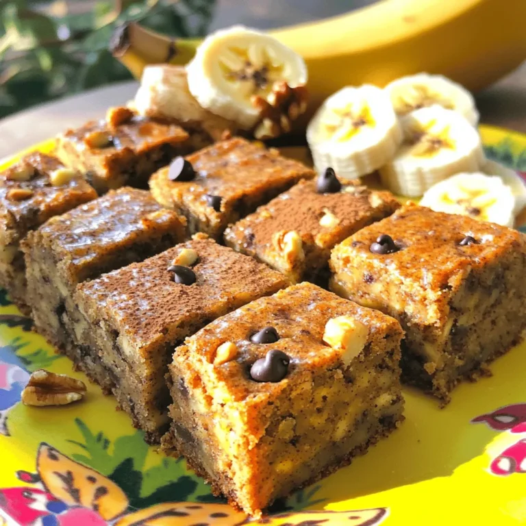 To make these healthy banana bread bars, gather the following items: - 3 ripe bananas, mashed - 1/2 cup unsweetened applesauce - 1/4 cup honey or maple syrup - 1/4 cup coconut oil, melted - 2 large eggs - 1 teaspoon vanilla extract - 1 1/2 cups whole wheat flour - 1 teaspoon baking soda - 1/2 teaspoon salt - 1 teaspoon ground cinnamon - 1/2 cup chopped walnuts or pecans (optional) - 1/2 cup dark chocolate chips (optional) These banana bread bars are a great choice for a healthy snack. The ripe bananas add natural sweetness and potassium. Applesauce provides moisture without extra fat. Whole wheat flour boosts fiber content, aiding digestion. Coconut oil gives healthy fats, while honey or maple syrup adds flavor. - Each bar is lower in sugar than many sweets. - Packed with nutrients, they support energy levels. - The nuts add protein and healthy fats, great for heart health. You can make these bars your own by adding some optional ingredients. Consider including: - Chopped nuts: Walnuts or pecans add crunch and healthy fats. - Dark chocolate chips: These add a touch of sweetness and antioxidants. - Spices: Try adding nutmeg or ginger for more flavor depth. - Dried fruits: Raisins or cranberries can give a fruity twist. Feel free to mix and match these options to create your perfect healthy banana bread bars. For the full recipe, check out the Deliciously Healthy Banana Bread Bars recipe. First, gather all your ingredients. You will need ripe bananas, applesauce, honey, and more. Make sure your oven is preheated to 350°F (175°C). Grease a 9x9 inch baking pan or line it with parchment paper. This helps the bars come out easily. In a large bowl, mash the ripe bananas until smooth. Then, add the applesauce, honey or maple syrup, melted coconut oil, eggs, and vanilla extract. Mix these together well. In another bowl, whisk the dry ingredients: whole wheat flour, baking soda, salt, and ground cinnamon. Slowly add the dry mix to the wet mix. Stir gently until just combined. If you want, fold in walnuts or dark chocolate chips. Pour the batter into your prepared pan. Spread it out evenly. Bake for 25 to 30 minutes. Check with a toothpick; it should come out clean. Let the bars cool for 10 minutes in the pan, then move them to a wire rack. When measuring flour, spoon it into the cup and level it off. This keeps the amount accurate. For bananas, make sure they are very ripe; this gives the best flavor. Mix gently when combining wet and dry ingredients. Overmixing can make the bars tough. If you want a sweeter taste, add a bit more honey. Using the right method helps create soft and tasty bars. To keep your banana bread bars fresh, store them in an airtight container. They will last up to five days at room temperature. If you want to keep them longer, place them in the fridge. They can stay good for about a week when chilled. For even longer storage, freeze the bars. Wrap them tightly in plastic wrap and place them in a freezer bag. They can last up to three months in the freezer. Every oven is different, so your baking time might vary. Start checking your bars at 25 minutes. Insert a toothpick in the center. If it comes out clean, they’re done! If not, check again every two to three minutes. Keep an eye on the edges; if they brown too fast, cover them with foil. If your bars turn out too dry, you may have overbaked them. Always check the doneness early. If they are too moist, you may not have baked them long enough. Another tip is to use very ripe bananas. They add moisture and flavor. If your bars fall apart, try adding more binding agents like applesauce or an extra egg next time. Adjusting these small details can lead to perfect banana bread bars every time. For a complete guide, check the Full Recipe. {{image_2}} You can easily make this banana bread bars recipe gluten-free. Just swap the whole wheat flour for a gluten-free flour blend. Look for blends that contain a mix of rice flour, almond flour, and tapioca flour. This will give your bars a nice texture. Be sure to check that your baking soda is gluten-free too. Want to change the taste? You can add fun flavors to your banana bread bars. Try adding a teaspoon of nutmeg for warmth. You can also mix in dried fruits like cranberries or raisins. If you enjoy nuts, walnuts or pecans add a nice crunch. Dark chocolate chips can also bring a rich taste. Go ahead and get creative! If you want less sugar, you can use other sweeteners. Coconut sugar is a great choice. It has a lower glycemic index than regular sugar. Stevia can also work well; just follow the package instructions for amounts. You can even use ripe mashed dates for natural sweetness. They blend well and add extra fiber. Remember, each sweetener can change the flavor a bit, so adjust to your taste! For the full recipe, don’t miss out on the deliciously healthy banana bread bars. Store your healthy banana bread bars in an airtight container. Keep them at room temperature for up to three days. If you want to keep them longer, the fridge is a good option. The cool air helps maintain freshness and taste. To freeze your banana bread bars, wrap them in plastic wrap. Then, place them in a freezer-safe bag. Label the bag with the date. They can stay frozen for up to three months. When you're ready to enjoy them, simply thaw them overnight in the fridge. Reheat banana bread bars in the microwave for about 10-15 seconds. For a crispier edge, try warming them in the oven at 350°F (175°C) for about 5-7 minutes. This gives them a fresh-baked taste, just like when they first came out of the oven. Yes, you can use regular flour if you want. Whole wheat flour adds more fiber and nutrients. It also gives a nice flavor. If you use regular flour, the bars will be softer. You may need to adjust the liquid, as regular flour absorbs less moisture. Banana bread bars stay fresh for about 5 days at room temperature. Keep them in an airtight container. If you want them to last longer, store them in the fridge. They can last up to a week there. You can also freeze them for up to 3 months. Just wrap them well to avoid freezer burn. Using applesauce in the recipe adds moisture without extra fat. It cuts down on calories too. Applesauce is low in sugar, which helps keep your bars healthy. It also adds fiber and vitamins. The natural sweetness from applesauce can replace some sugar. This makes your banana bread bars even tastier and healthier. For the full recipe, check out the Deliciously Healthy Banana Bread Bars. This article covered all you need to know about banana bread bars. We explored the key ingredients and their health benefits. I provided step-by-step instructions for easy baking. You learned tips for storage and adjustments for baking times. We even discussed fun variations and answers to common questions. Try making these bars your own, and enjoy the tasty results. Happy baking!