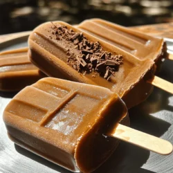 Creating Mocha Iced Coffee Popsicles is simple and fun. Here’s what you need: - 2 cups brewed coffee, cooled - 1 cup milk (or dairy-free alternative) - 1/2 cup sweetened condensed milk or maple syrup - 2 tablespoons unsweetened cocoa powder - 1 teaspoon vanilla extract - A pinch of salt - Optional garnishes: chocolate shavings or espresso beans You’ll start with two cups of brewed coffee. Make sure it is cooled first. Next, add one cup of milk. You can use any milk you like, even a dairy-free option. Then, mix in a half cup of sweetened condensed milk or maple syrup for sweetness. The cocoa powder gives a rich flavor, so add two tablespoons. A teaspoon of vanilla extract adds warmth. Don’t forget a tiny pinch of salt to enhance the flavors. For a special touch, you can garnish the popsicles. Some chocolate shavings or a whole espresso bean can make them look fancy. This is the Full Recipe you’ll follow to make these delicious treats. 1. Combine all liquid ingredients in a mixing bowl. 2. Whisk the mixture until well blended. 3. Adjust sweetness to taste. You can add more sweetened condensed milk or maple syrup if needed. 1. Pour mixture into popsicle molds. Leave a small gap at the top. The liquid will expand when frozen. 2. Insert sticks into the molds and place them in the freezer. 3. Freeze for at least 6-8 hours. Make sure they are completely solid. 1. To release the popsicles from molds, run warm water over the outside for a few seconds. 2. Gently pull on the sticks to release the popsicles. 3. If you like, garnish the popsicles with chocolate shavings or a whole espresso bean before serving. For a fun touch, serve these popsicles on a chilled plate or in a cup of iced coffee. You can even sprinkle some cocoa powder or cinnamon on top just before serving for extra flair. Enjoy this cold and refreshing treat! - Selecting quality coffee: Use freshly brewed coffee. It gives the best flavor. Choose a smooth, medium roast. Avoid bitter brews for a sweet taste. - Using the right milk alternatives: If you prefer dairy-free, almond or oat milk works great. They add creaminess without overpowering the coffee flavor. - How to achieve a smoother texture: Make sure to whisk the mixture well. This helps blend the cocoa and sweetener evenly. You can also strain the mix to remove any lumps for a silkier finish. - What to do if popsicles don't freeze properly: If they are soft, check your freezer’s temperature. It should be at 0°F or -18°C. You can also try freezing them longer. - Ways to fix overly sweet or bitter flavors: If too sweet, add a little more coffee. If too bitter, mix in a bit more sweetened condensed milk or maple syrup. Taste as you go to find the right balance. For the full recipe, check out the Mocha Iced Coffee Popsicles section. Enjoy! {{image_2}} You can change the flavor of your mocha iced coffee popsicles. Adding spices like cinnamon or nutmeg gives a warm twist. Just a pinch can make a big difference. If you love chocolate, try using different types. Dark chocolate adds richness, while milk chocolate gives sweetness. You can even mix chocolates for a fun surprise! If you are lactose intolerant, use a dairy-free option. Almond milk or oat milk works great. For those watching sugar, you can use low-sugar or keto-friendly sweeteners. Instead of sweetened condensed milk, try using stevia or erythritol. These swaps keep the flavor intact while fitting your diet! To keep your mocha iced coffee popsicles fresh, store them in a sealed container. Use a container that prevents air from getting in. Wrap each popsicle in plastic wrap for extra protection. This helps keep ice crystals from forming. You can freeze them for up to three months. Mark the date so you know when to enjoy them by. When you're ready to savor a popsicle, take it out of the freezer. Let it sit at room temperature for about five minutes. This softens it just enough for easy eating. If you don't finish a popsicle, you might wonder if you can refreeze it. Yes, you can refreeze them, but they may lose some texture. Always ensure they stay at a safe temperature to avoid any issues. Can I use decaf coffee for these popsicles? Yes, you can use decaf coffee. It will still taste great. The flavor comes from the cocoa and other ingredients. If you want a caffeine boost, use regular coffee. How long can I keep them in the freezer? You can store these popsicles in the freezer for up to two months. Just make sure to keep them in an airtight container. This keeps them fresh and prevents freezer burn. What are the nutritional values of these popsicles? Each popsicle has about 100 calories. They contain some carbohydrates and sugars, mostly from the sweetened condensed milk. If you want lower sugar options, try maple syrup or a sugar substitute. Do I need special molds? You don’t need fancy molds. Simple plastic or silicone molds work well. You can even use small cups or ice cube trays. Just add sticks for easy handling. How can I make these without a blender? You can mix everything by hand. Just use a whisk or a fork to blend the ingredients well. It might take a bit longer, but it works just fine. Can I make a larger batch? Yes! You can double the recipe easily. Just make sure you have enough molds to hold all the mixture. You may need to freeze them in batches if you run out of space. You now have a tasty recipe for mocha iced coffee popsicles. We covered ingredients, preparation, freezing, and serving tips. I shared ways to customize flavors and make dietary substitutions, too. Remember to store your popsicles right for the best taste. Enjoy making this simple treat, and feel free to get creative! These popsicles are a cool way to enjoy coffee on hot days.