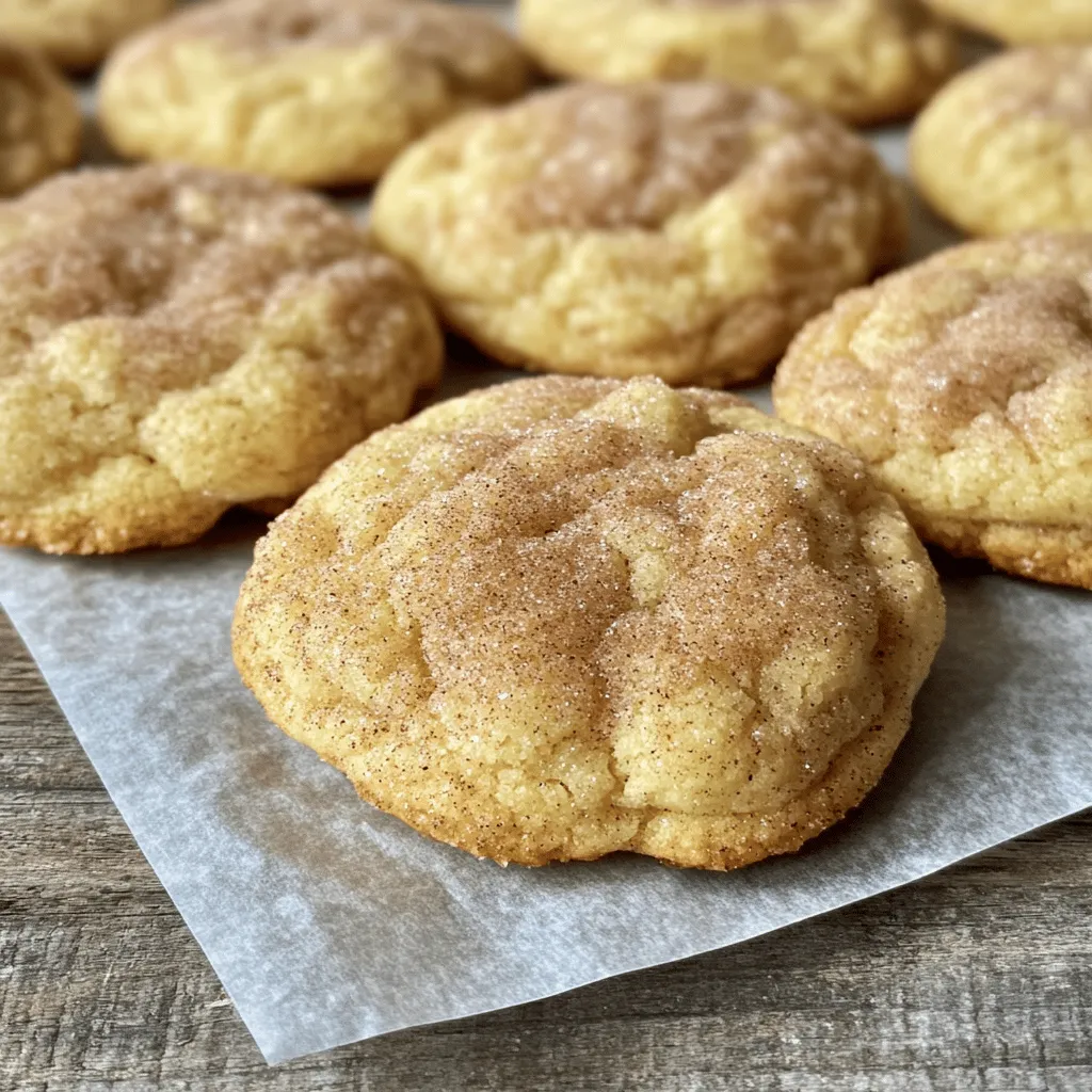 To make classic snickerdoodle cookies, you need simple, tasty items. The main ingredients are: - 1 cup unsalted butter, softened - 1 ½ cups granulated sugar - 2 large eggs - 2 ¾ cups all-purpose flour - 1 teaspoon baking soda - 2 teaspoons cream of tartar - ¼ teaspoon salt - 1 teaspoon vanilla extract - 3 tablespoons cinnamon sugar (for coating) These ingredients come together to create a soft and chewy cookie. Some key baking components add texture and flavor. - Baking soda helps the cookies rise. - Cream of tartar gives snickerdoodles their unique taste and chewy texture. - Salt enhances the sweetness of the cookies. These components are essential for that classic snickerdoodle flavor. You can add fun twists to your snickerdoodles. Here are some ideas: - Chocolate chips for a sweet surprise. - Chopped nuts for added crunch. - A dash of nutmeg for a warm spice. These options let you customize your cookies and make them your own. For the full recipe, check out Classic Snickerdoodle Cookies. Start by preheating your oven to 350°F (175°C). This step warms the oven and helps the cookies bake evenly. While the oven heats, line two baking sheets with parchment paper. This prevents the cookies from sticking and makes cleanup easy. In a large mixing bowl, combine one cup of softened butter and 1 ½ cups of granulated sugar. Use a mixer to blend them until the mixture is light and fluffy, about 3-5 minutes. Next, add two large eggs, one at a time, mixing well after each. Finally, stir in one teaspoon of vanilla extract. This adds a lovely flavor that makes your cookies special. In another bowl, whisk together 2 ¾ cups of all-purpose flour, one teaspoon of baking soda, two teaspoons of cream of tartar, and ¼ teaspoon of salt. This mix gives your cookies their classic texture. Gradually add the dry mix to the wet mix. Use low speed to combine until just mixed. Be careful not to overmix, as this can make the cookies tough. In a small bowl, mix three tablespoons of cinnamon with granulated sugar for coating. Scoop about one tablespoon of dough and roll it into a ball. Roll this ball in the cinnamon sugar mixture until it is fully coated. Place the dough balls on the prepared baking sheets, leaving about 2 inches between each. This space allows them to spread while baking. Now, you're ready to bake! Follow the remaining steps in the Full Recipe to finish your delicious snickerdoodle cookies. To get the best snickerdoodle cookies, focus on creaming the butter and sugar. Cream them until they are light and fluffy. This adds air and makes your cookies soft. Next, be gentle when mixing in the flour. Overmixing leads to tough cookies. You want a nice dough that holds together but isn’t too dense. You can easily change up the flavor of your snickerdoodles. Try adding 1 teaspoon of almond extract for a nutty twist. You can also mix in ½ cup of chopped nuts or chocolate chips. If you want an extra kick, add a pinch of nutmeg with the cinnamon sugar. This adds a warm spice flavor that pairs well with the sweetness. Watch out for a few common errors. First, don’t skip the cream of tartar. It gives snickerdoodles their classic taste and texture. Also, make sure your butter is softened but not melted. If it's too warm, the cookies will spread too much. Lastly, keep an eye on the baking time. Remove them when the edges are set but the centers look soft. They will firm up as they cool, giving you that perfect chewy bite. For the full recipe of these delightful cookies, check out the [Full Recipe]. {{image_2}} To make gluten-free Snickerdoodles, swap the all-purpose flour with a gluten-free blend. Look for a blend that includes xanthan gum, which helps to bind the ingredients. This change keeps the cookies soft and chewy, just like the classic version. For a vegan Snickerdoodle, replace the eggs with flax eggs or applesauce. To make a flax egg, mix one tablespoon of ground flaxseed with three tablespoons of water. Let it sit for about five minutes until it thickens. Use coconut oil instead of butter for a rich flavor. These swaps let you enjoy Snickerdoodles while sticking to a plant-based diet. You can add a twist to your Snickerdoodles by mixing in fun flavors. Try adding chocolate chips, chopped nuts, or dried fruit. You can also experiment with flavored extracts, like almond or maple, to give your cookies a new taste. These add-ins create a unique cookie that still has that classic Snickerdoodle charm. For the full recipe, check out our main guide. To keep your snickerdoodle cookies fresh, store them in an airtight container. This helps keep them soft and tasty. Place parchment paper between layers if you stack them. This prevents sticking. Keep the container in a cool, dry place. Avoid direct sunlight and heat. Snickerdoodles taste best within a week, but they can last longer. Freezing snickerdoodle cookies is easy and a great way to save some for later. Start by cooling the cookies completely. Then, arrange them in a single layer on a baking sheet. Place the sheet in the freezer for about one hour. This helps prevent them from sticking together. Once frozen, transfer the cookies to a freezer-safe bag or container. They can last for up to three months in the freezer. To enjoy warm snickerdoodles, reheat them in the oven. Preheat your oven to 350°F (175°C). Place the cookies on a baking sheet for about 5 minutes. This warms them up and makes them soft again. You can also use the microwave. Heat each cookie for about 10-15 seconds. This is quick, but be careful not to overheat. Enjoy your snickerdoodles just like they came out of the oven! Snickerdoodle cookies get their chewiness from a few key ingredients. First, the butter helps create a tender texture. Second, cream of tartar is essential for that classic tang and chewy bite. It affects how the cookies rise and keeps them soft. When combined with the right baking time, you get that perfect chewy cookie. Yes, you can use brown sugar. It will change the flavor a bit. Brown sugar adds moisture and a slight caramel taste. This can make your Snickerdoodles softer, but they may be less crisp around the edges. If you want a richer taste, try mixing both sugars for the best of both worlds. To make Snickerdoodles softer, focus on a few simple tips. Use room temperature butter to ensure a good mix. Don't overbake them; they should still be soft in the center when you pull them out. Another tip is to chill the dough for 30 minutes before baking. This helps them keep their shape and stay soft inside. Snickerdoodles have an interesting history! They likely originated in the United States in the late 1800s. Some say the name comes from a German word for "snail noodles." Others believe it has no meaning at all. These cookies became popular due to their simple ingredients and unique flavor. Today, they are a beloved treat across many homes. For the full recipe, check out the Classic Snickerdoodle Cookies section above! In this post, we explored Snickerdoodle cookies. We covered key ingredients, step-by-step instructions, and helpful tips. I shared various recipes, including gluten-free and vegan options. You learned the best practices for storage and reheating. Baking should be fun and rewarding. With these steps, you can make delicious cookies that everyone will love. Enjoy baking and sharing your treats!