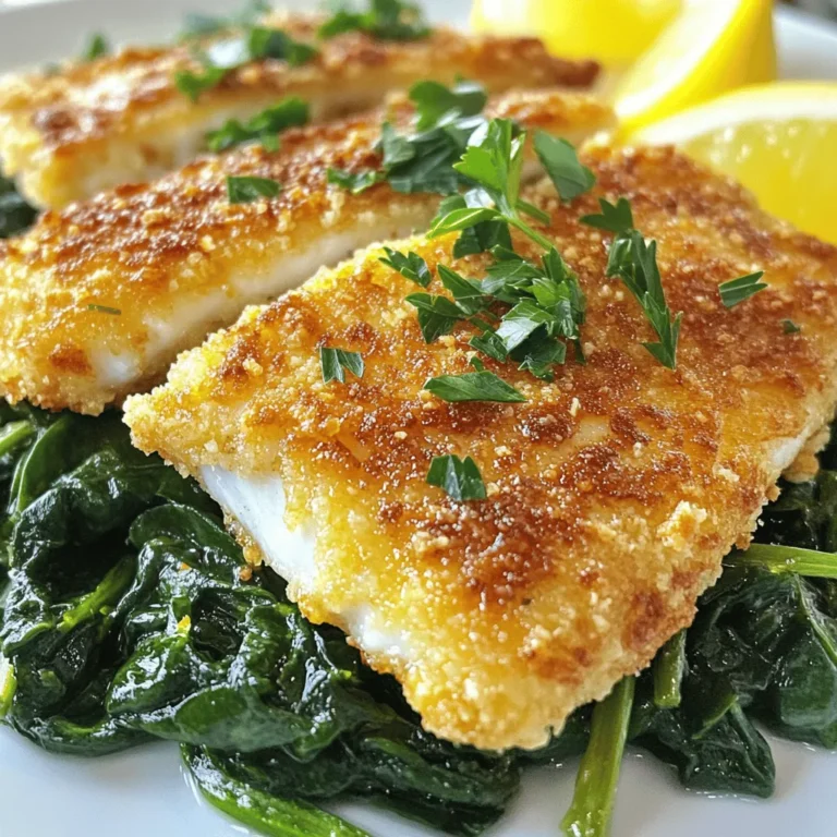 To make this dish, you need: - 4 tilapia fillets - 1 cup grated Parmesan cheese - 1 cup breadcrumbs (preferably panko for extra crunch) The seasonings are crucial for flavor. You will use: - 1 teaspoon garlic powder - 1 teaspoon dried Italian herbs (oregano, basil, thyme) - 1/2 teaspoon paprika - 1/4 teaspoon salt - 1/4 teaspoon black pepper These ingredients help the crust stick well: - 2 large eggs - 1 tablespoon Dijon mustard Using fresh ingredients can make your meal even better. Always look for high-quality tilapia and fresh herbs. This recipe brings great flavor with simple elements. You can find the full recipe [here](#). First, preheat your oven to 425°F (220°C). This high heat helps the fish cook evenly and get crispy. Take a baking sheet and line it with parchment paper. This makes cleanup easy. In a shallow bowl, whisk together two large eggs and one tablespoon of Dijon mustard. Make sure they blend well. In another bowl, mix one cup of grated Parmesan cheese with one cup of breadcrumbs, garlic powder, dried Italian herbs, paprika, salt, and black pepper. This mixture will form the tasty crust. Take a tilapia fillet and dip it into the egg mixture first. Make sure it gets fully coated. Let any extra egg drip off. Next, dredge the fillet into the cheese and breadcrumb mixture. Press gently so it sticks well. Place each breaded fillet on the lined baking sheet, leaving space between them. Now, drizzle two tablespoons of olive oil over the tilapia fillets. This will help them crisp up while baking. Put the baking sheet in the oven and bake for 12-15 minutes. The fish is done when it’s cooked through and the crust is golden brown. For the full recipe, check out the details! To get a nice crunch, use panko breadcrumbs. They give the tilapia a great texture. You want each bite to be crispy and light. Drizzle olive oil over the crust before baking. This helps the crust turn a lovely golden color. Make sure to cover all the fillets evenly for the best results. I love to serve this dish with sautéed spinach. The greens add a nice color to your plate. Lemon wedges on the side brighten the dish. Just a squeeze of lemon adds a fresh taste to the rich tilapia. Feel free to get creative with your spices. Try adding some paprika or a dash of cayenne for heat. Fresh herbs like dill or cilantro can also elevate the flavor. Experimenting with spices makes cooking fun and personal. You can adapt this recipe to match your taste. For the full recipe, check out the detailed steps above! {{image_2}} You can change the cheese for your crust. Cheddar or asiago offer great flavors. Each cheese brings a unique taste. This lets you create new dishes every time. You can also mix cheeses for even more fun. Try sharp cheddar for a bold kick or creamy asiago for richness. If you need gluten-free options, swap regular breadcrumbs for gluten-free ones. Many brands make great gluten-free choices. You can also go vegan! Use ground flaxseed mixed with water as an egg substitute. It binds well and adds nutrients. Ensure your breadcrumbs are vegan too. Want to boost the taste? Add lemon zest to your crust mix. It gives a bright, fresh note. You can also try spices like cayenne for heat or dill for a herbaceous touch. Experiment with your favorite flavors to make this dish your own. Each addition can change the whole meal. To keep your Parmesan crusted tilapia fresh, refrigerate it in airtight containers. This helps lock in flavor and moisture. Make sure the tilapia cools down first. It can last up to three days in the fridge. If you think you won't eat it soon, consider freezing it. When you reheat your tilapia, aim to keep the crust crispy. Preheat your oven to 375°F (190°C). Place the tilapia on a baking sheet. Heat it for about 10 minutes. This method warms the fish without making it soggy. Avoid using a microwave, as it can ruin the texture. You can freeze tilapia before cooking or after. If you freeze it uncooked, wrap each fillet tightly in plastic wrap, then place it in a freezer bag. This keeps it fresh for about three months. If you freeze it cooked, let it cool first. Then, store it in an airtight container. Cooked tilapia can last for up to two months in the freezer. To check if your tilapia is done, use a food thermometer. The internal temperature should reach 145°F (63°C). You can also look for visual signs. The fish should be opaque and flake easily with a fork. If it looks shiny and translucent, it needs more time. Cook it until it turns a lovely white color for the best texture. Yes, you can replace tilapia with other types of fish. Good options include cod, haddock, or catfish. Each fish has its own flavor, so adjust your seasoning if needed. When substituting, pick fish with a similar texture and cooking time. This will help keep your dish balanced and tasty. Pair your tilapia with simple, fresh sides. Here are some great suggestions: - Sautéed spinach with garlic - Roasted vegetables like asparagus or carrots - A light salad with lemon dressing - Quinoa or rice for a hearty touch These sides add color and flavor to your meal, making it complete. For an extra zing, serve lemon wedges on the side. You can find the full recipe for Parmesan Crusted Tilapia to enjoy this delightful dish at home. This blog covered how to make Parmesan Crusted Tilapia. We explored key ingredients, from tilapia fillets and Parmesan cheese to tasty seasonings. I shared step-by-step instructions for a perfect bake, plus useful tips to achieve a crisp texture. Remember, you can try variations, adjust for dietary needs, and store leftovers properly. In conclusion, this dish is simple and rewarding. Enjoy experimenting with flavors and textures to create your perfect meal.