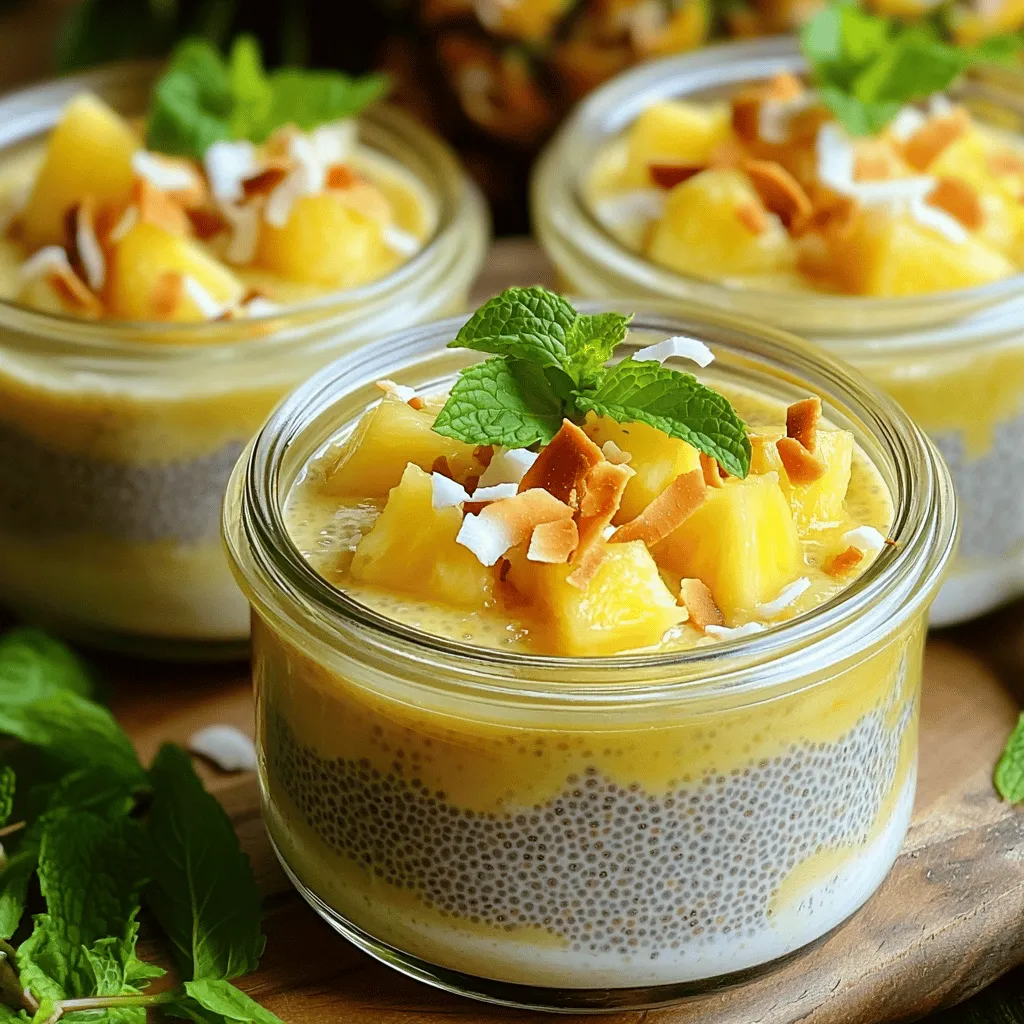 - 1 cup coconut milk (canned or carton) - 1 cup fresh pineapple, diced - 1/4 cup chia seeds - 2 tablespoons honey or maple syrup (adjust for sweetness) - 1 teaspoon vanilla extract - A pinch of salt - Toasted coconut flakes for garnish - Fresh mint leaves for garnish (optional) Using fresh and wholesome ingredients makes this treat even better. Coconut milk gives a rich, creamy base. Fresh pineapple adds natural sweetness and tartness. Chia seeds are the magic ingredient. They swell up and create a pudding-like texture. Honey or maple syrup sweetens the mix. Vanilla extract adds a warm flavor. A pinch of salt rounds out all the tastes. This pudding is not just tasty; it’s good for you too. Each serving is about 200 calories. It has healthy fats from coconut milk. Pineapple provides vitamin C and antioxidants. Chia seeds give you fiber and protein, making this pudding filling. This treat fuels your body while satisfying your sweet tooth. Coconut and pineapple both offer health perks. Coconut helps keep your heart healthy. Pineapple supports digestion and boosts your immune system. Plus, chia seeds pack a punch with fiber, helping you feel full longer. This pudding is a simple way to enjoy a nutritious snack or dessert. For the full recipe, check out the details above and get ready to make this delightful dish! Start by blending the coconut milk and fresh pineapple. Use a blender or smoothie maker. Blend until you get a smooth and creamy texture. Next, sweeten your mix with honey or maple syrup. You can adjust the amount based on how sweet you like it. Finally, add in the vanilla extract and a pinch of salt. This adds depth to the flavor. Now, it’s time to add the chia seeds. Pour them into the blended mixture. Stir well to ensure even distribution. This is key to prevent clumping. If you skip this step, you might end up with some clumps of seeds. Stir until the seeds are well mixed in. Cover the bowl and place it in the fridge. I recommend refrigerating for at least four hours. For the best results, let it sit overnight. This allows the chia seeds to absorb the liquid. After it sets, give it a good stir. This helps break up any clumps that may have formed. Enjoy your delicious pineapple coconut chia pudding! For the full recipe, check out the details above. To avoid clumps in chia pudding, stir the chia seeds well. Mix them into the liquid right after blending. This helps them spread out evenly. Make sure to use a whisk or fork. After mixing, cover the bowl and place it in the fridge. Let it sit for at least four hours. For the best results, overnight is ideal. This helps the chia seeds soak up the liquid and grow. When you take it out, stir again to break up any clumps. For a creative presentation, serve your pudding in clear glass jars. This lets everyone see the pretty layers. You can add some diced pineapple on top for extra color. Garnish each serving with toasted coconut flakes. Fresh mint leaves also add a nice touch and flavor. These small details make your dish look gourmet and fun. To store leftovers, place the pudding in an airtight container. Keep it in the fridge to maintain freshness. It can last up to five days. However, the texture may change over time. Always check for any off smells or odd colors before eating. If it looks or smells strange, it’s best to toss it. {{image_2}} You can make this pudding even more fun by adding different fruits. Try mango or kiwi for a twist. These fruits add a fresh taste and vibrant colors. You can also use flavored coconut milk. Options like vanilla or chocolate can change the flavor profile. This keeps things exciting every time you make it! If you want to change the sweetness, you have options. You can use agave syrup, stevia, or even dates. Each sweetener brings a different taste. Adjust the amount based on your preference. Some may like it sweeter, while others prefer a milder flavor. It’s all about what works for you. This recipe is easy to modify for special diets. To make it vegan, just stick with maple syrup instead of honey. This keeps your dish plant-based. If you need it gluten-free, you are in luck. All the ingredients are already gluten-free. Enjoy this tasty treat without worry! Chia pudding lasts about 5 days in the fridge. Store it in a sealed container. Check for changes in smell or color. If it smells bad or has mold, throw it away. Yes, you can use frozen pineapple. Frozen pineapple is handy and can save time. It may be softer than fresh pineapple after thawing. When using frozen pineapple, blend it while still frozen. This helps create a smoother pudding. You may need to add a little more chia seeds to balance the extra water from thawed fruit. You can use other non-dairy milks like almond or soy. Each milk has a different taste. Almond milk is lighter, while soy milk is creamier. Make sure to choose unsweetened options. This keeps the flavors balanced in your pudding. This Pineapple Coconut Chia Pudding is simple and fun to make. You will need just a few ingredients. Here’s what you need: - 1 cup coconut milk (canned or carton) - 1 cup fresh pineapple, diced - 1/4 cup chia seeds - 2 tablespoons honey or maple syrup (adjust for sweetness) - 1 teaspoon vanilla extract - A pinch of salt - Toasted coconut flakes for garnish - Fresh mint leaves for garnish (optional) Start by blending coconut milk, pineapple, honey, vanilla, and salt. This step is quick and easy. Pour the mixture into a bowl. Next, mix in the chia seeds. Stir well to avoid clumps. Cover the bowl and refrigerate it. Let it chill for at least four hours or overnight for the best flavor. This pudding sets up beautifully. When ready, stir it to break any clumps. Serve it in clear jars to show off that creamy layer. Top with toasted coconut and mint for a fresh look. This tropical treat is not only tasty but also healthy. Try making this Pineapple Coconut Chia Pudding today for a delightful snack! You’ve learned how to make Pineapple Coconut Chia Pudding. The key ingredients blend well for a tasty treat. The chia seeds give it nutrition and help with texture. Remember to chill it properly for the best results. You can customize flavors and sweeteners to match your taste. This pudding is easy to make and perfect for any occasion. With the right storage, it stays fresh longer. Try this simple recipe that brightens your day! Enjoy your tropical pudding adventure!