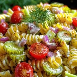 - 8 ounces rotini pasta - 1 cup dill pickles, chopped - 1/2 cup red onion, finely diced - 1/2 cup celery, diced - 1/2 cup cherry tomatoes, halved The main ingredients are simple yet pack a punch. I love using rotini pasta because its twists hold the dressing and flavors well. Dill pickles add that signature tang, making each bite a delight. The red onion gives a nice crunch and slight sweetness. Celery adds freshness, while cherry tomatoes bring a splash of color and juicy flavor. - 1 cup mayonnaise - 2 tablespoons pickle juice - 1 tablespoon Dijon mustard - 1 teaspoon garlic powder - Salt and pepper to taste The dressing ties everything together. Mayonnaise creates a rich base, while pickle juice boosts the tanginess. Dijon mustard adds depth, and garlic powder gives a hint of warmth. Adjust the salt and pepper to your taste. Each component works to enhance the flavors in the salad. - Fresh dill for garnish A sprinkle of fresh dill on top adds a lovely pop of color. It also enhances the dill flavor found in the pickles. This optional garnish takes the dish from good to great. If you have fresh dill on hand, definitely use it! For the full recipe, check the Dill Pickle Pasta Salad section. Enjoy making this fun and tangy dish! - Start cooking rotini pasta in salted boiling water. - Cook until al dente, which takes about 8-10 minutes. - Drain and rinse under cold water to stop cooking. This keeps the pasta firm. - In a large mixing bowl, combine chopped dill pickles, red onion, celery, and cherry tomatoes. - Mix these fresh veggies well for a colorful base. Each adds crunch and flavor. - In a separate bowl, whisk together mayonnaise, pickle juice, Dijon mustard, garlic powder, salt, and pepper. - Keep whisking until smooth. This dressing ties all the flavors together in the salad. - Add the cooked and cooled pasta to the bowl with the vegetables. - Pour the dressing over the pasta and toss gently until everything is evenly coated. - Make sure each piece of pasta is dressed for a burst of flavor in every bite. - Taste the salad and adjust seasoning with more salt and pepper if needed. - Cover the salad with plastic wrap and refrigerate for at least 30 minutes. - Chilling helps the flavors meld. Before serving, toss gently and add fresh dill for garnish if desired. This simple process leads to a tangy and flavorful delight you won't forget! For the full recipe, check the link above. To cook al dente pasta, boil salted water first. Add the rotini pasta and follow the package time. It should be firm but not hard. Taste a piece to check if it’s done. When ready, drain the pasta in a colander. Rinse it under cold water. This stops the cooking and cools it down. Rinsing also keeps it from sticking together. If you want to swap out mayonnaise, try Greek yogurt or sour cream. These swaps add a nice tang and creaminess. You can also add spices like paprika or cayenne for a kick. Fresh herbs like parsley or chives can brighten the dish too. Mix and match until you find your favorite flavor. This salad is perfect for picnics, potlucks, or barbecues. It’s a crowd-pleaser and easy to make ahead. Pair it with grilled chicken, burgers, or hot dogs for a fun meal. You can even serve it as a light lunch with some crusty bread. Each bite brings a burst of tangy goodness that everyone will love. {{image_2}} If you need gluten-free options, use gluten-free rotini pasta. Many brands offer great alternatives that cook well. You can find them at any grocery store. For a vegan twist, swap mayonnaise with vegan mayo or cashew cream. Both options keep the creamy texture without dairy. Want to make your salad heartier? Add protein like grilled chicken or canned tuna. These options boost flavor and nutrition. You can also toss in other veggies. Try bell peppers, peas, or corn for added crunch and color. To give your salad a fun twist, add spices like smoked paprika or cayenne pepper. Fresh herbs such as parsley or chives also work wonders. If you enjoy rich flavors, consider adding crispy bacon or shredded cheese. Both add a savory depth that complements the tangy pickles nicely. To keep your Dill Pickle Pasta Salad fresh, use an airtight container. This helps block air and moisture. Store the salad in the fridge for up to three days. If you want to keep it longer, consider freezing. However, the texture may change. To maintain freshness, avoid mixing the dressing with the pasta until serving. This keeps the pasta from getting mushy. If you have leftover dressing, store it separately. Can you freeze Dill Pickle Pasta Salad? Yes, but it's not the best option. Freezing can change the texture of the pasta and veggies. If you decide to freeze it, do so for up to one month. To freeze, place the salad in a freezer-safe container. Leave some space at the top. This allows for expansion. When ready to eat, move it to the fridge for overnight thawing. After thawing, mix in fresh ingredients like pickles or onions for extra crunch. Dill Pickle Pasta Salad is best enjoyed cold. If you want to warm it, use low heat. Place the salad in a pan and stir gently. Heat until just warm, not hot. Too much heat can make the pasta mushy and change the taste. For a quick option, let it sit at room temperature for about 20 minutes before serving. This helps bring back some flavor without losing the freshness. Enjoy your tangy and flavorful salad! The best pasta for this salad is rotini. Its spiral shape holds the dressing and flavors well. You can also try fusilli or penne for a different texture. Each type makes the salad fun to eat. Yes, you can make this salad a day ahead. Just cover it well and store it in the fridge. This makes it a great choice for parties or picnics. The flavors will blend and taste even better after chilling overnight. The Dill Pickle Pasta Salad lasts about three to five days in the fridge. Just make sure to keep it sealed in an airtight container. If it looks or smells off, it’s best to throw it away. This salad pairs well with grilled meats or sandwiches. Try serving it next to burgers or hot dogs at a BBQ. You can also enjoy it with a light soup for a full meal. Absolutely! Kids love the crunchy pickles and creamy dressing. To make it even more appealing, you can let them help mix in the ingredients. They may enjoy choosing extra veggies or even bits of cheese to add. Dill Pickle Pasta Salad is a tasty dish that's easy to make. You gather the right ingredients, cook the pasta, and mix it all together. Customize the salad with dressings and extra ingredients to fit your taste. You can store leftovers, making it great for meal prep too. This salad suits any occasion, pleasing kids and adults alike. Don't hesitate to experiment with flavors and serve it alongside your favorite meals. Enjoy creating your own version of this fun recipe!