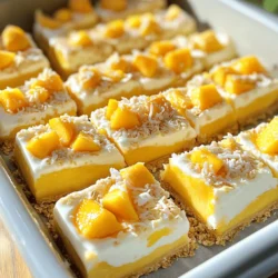 To make these no-bake peach yogurt bars, you need a few key items: - 2 cups rolled oats - 1 cup almond flour - 1/4 cup honey or maple syrup - 1/4 cup coconut oil, melted - 1 teaspoon vanilla extract - 1 1/2 cups Greek yogurt (vanilla or plain) - 2 ripe peaches, diced - 1/4 teaspoon cinnamon - Pinch of salt - 1/4 cup toasted coconut flakes (for topping) These ingredients create a tasty, healthy treat that everyone will love. You can add more fun with toppings. Here are some ideas: - Fresh berries like strawberries or blueberries - Chopped nuts for crunch - A drizzle of honey or maple syrup - A sprinkle of granola These toppings give a nice twist and extra flavor to your bars. If you don't have some ingredients, don't worry! Here are some swaps: - Use quick oats instead of rolled oats for a softer base. - Swap almond flour for all-purpose flour or oat flour. - Replace coconut oil with butter if you prefer. - Any yogurt can work, like dairy-free or flavored ones. - You can use any fruit if peaches are not in season. These substitutions keep the recipe flexible and easy. For the complete recipe, check the full recipe link. To start, grab a large mixing bowl. Add 2 cups of rolled oats, 1 cup of almond flour, 1/4 cup of honey or maple syrup, and 1/4 cup of melted coconut oil. Don’t forget the 1 teaspoon of vanilla extract! Mix all the ingredients well until they blend together. This mixture will be your base layer. Next, take an 8x8 inch baking dish and line it with parchment paper. Press the oatmeal mixture firmly into the bottom of the dish. Make sure it's compact and even. This step is key to a great base. Now, we move on to the filling. In another bowl, mix 1 1/2 cups of Greek yogurt with 2 diced ripe peaches. You can use either vanilla or plain yogurt based on your taste. Add 1/4 teaspoon of cinnamon and a pinch of salt for extra flavor. Stir gently until the peaches spread evenly throughout the yogurt. This mixture should be creamy and fruity. Spread the yogurt-peach filling over your oatmeal crust in the baking dish. Use a spatula to smooth it out evenly. This creates a nice layer of flavor. To finish, sprinkle 1/4 cup of toasted coconut flakes on top. This adds a delightful crunch. Cover the dish with plastic wrap or a lid. Refrigerate for at least 3-4 hours, or even overnight, to let the bars set. After chilling, use the parchment paper to lift the bars out easily. Cut them into squares or rectangles, and enjoy your No-Bake Peach Yogurt Bars! You can find the full recipe to guide you through the process. To get the best texture in your no-bake peach yogurt bars, choose ripe peaches. Ripe peaches are sweet and juicy. They blend well into the yogurt. Use Greek yogurt for a thick, creamy base. Mix the yogurt gently with the peaches. Avoid over-mixing to keep the chunks intact. This adds texture to every bite. Let your bars chill for at least four hours. If you can, chill them overnight. This helps them set properly and makes them easy to slice. These bars are great for any time of day. Serve them as a snack or a light dessert. You can also pack them in lunch boxes. To make them special, add a drizzle of honey on top before serving. Fresh mint leaves or a sprinkle of cinnamon can also enhance the flavor. For a fun twist, serve them with a dollop of whipped cream or yogurt. They look and taste amazing! Layering is key to making these bars tasty and pretty. Start by pressing the oatmeal mixture into the baking dish firmly. This creates a strong base. When adding the yogurt-peach layer, spread it evenly. Use a spatula to smooth it out. For the top layer, sprinkle toasted coconut flakes evenly. This adds crunch and flavor. Make sure every layer is compact. This helps the bars hold their shape when cut. Following these tips will make your bars look and taste great! {{image_2}} You can make these bars dairy-free or vegan easily. Simply replace Greek yogurt with a dairy-free yogurt. Look for almond or coconut yogurt. Use maple syrup instead of honey for sweetening. This swap keeps the flavors bright and tasty. You still get that creamy texture and refreshing taste. While peaches shine in this recipe, other fruits work well too. Try ripe mangoes for a tropical twist. Strawberries will give sweet and tart notes. Blueberries add a pop of color and flavor. You can mix fruits for a fun blend. Just remember to chop them small for even distribution. Boost the flavor with simple add-ins. A squeeze of lemon juice brightens the taste. You can also add a dash of nutmeg for warmth. If you love chocolate, sprinkle cocoa nibs on top. Try mixing in some nuts for crunch. Each addition changes the bars in a new way. Enjoy experimenting with these fun ideas! To keep your No-Bake Peach Yogurt Bars fresh, store them in the fridge. Use an airtight container to prevent them from drying out. Make sure to separate the layers with parchment paper if stacking. This helps keep each bar intact and easy to grab. If you want to save some bars for later, freezing them is a great option. First, cut the bars into squares. Then, wrap each square tightly in plastic wrap. Place the wrapped bars in a freezer-safe bag. They will stay fresh for up to three months in the freezer. When you’re ready to eat them, let them thaw in the fridge overnight. In the fridge, these bars last about five days. Check for any signs of spoilage before eating. If they start to change color or smell, it's best to throw them away. Always keep them in a cool spot to maintain their taste and texture. Enjoy your tasty treat while it's fresh! Yes, you can use frozen peaches in this recipe. Just thaw them first. Drain any excess juice to prevent a soggy texture. Fresh peaches give a better taste, but frozen works too. These bars can last up to five days in the fridge. Store them in an airtight container. This keeps them fresh and tasty for your next snack. Absolutely! You can swap honey for maple syrup or agave nectar. Just use the same amount. This makes it easy to match your taste. Yes, you can! Just use gluten-free oats instead of regular rolled oats. This small change keeps the bars safe for those who avoid gluten. You can replace almond flour with oat flour or all-purpose flour. Each will change the flavor slightly but will still work well. Definitely! Chopped nuts or seeds can add a nice crunch. Consider walnuts, almonds, or chia seeds for added nutrition. You can cut back on the sweetener or use a low-calorie syrup. Reducing the amount of coconut oil can also help lower calories. To cut the bars neatly, use a warm knife. Just dip it in hot water and wipe it dry before slicing. This helps make clean cuts without mess. For the full recipe of these tasty bars, refer back to the earlier sections. To sum up, we covered everything you need for delicious no-bake peach yogurt bars. We explored key ingredients, step-by-step instructions, useful tips, and fun variations. Remember to choose your favorite toppings and storage methods for the best results. Whether you enjoy them fresh or frozen, these bars are easy and tasty. I hope you feel inspired to make your own unique version. Enjoy your peachy treat!