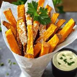 - Sweet potatoes and their preparation You need 2 large sweet potatoes. First, peel them. Then cut them into thin fries. Thin fries cook better and get crispier. - Seasonings and extras Gather these items: - 3 tablespoons olive oil - 4 cloves garlic, minced - 1 teaspoon paprika - 1 teaspoon salt - ½ teaspoon black pepper - ½ cup grated Parmesan cheese These seasonings add flavor and make the fries tasty. Olive oil helps the spices stick to the fries. - Optional garnishes For a fresh touch, use 2 tablespoons fresh parsley, chopped. This adds color and a burst of flavor. You can also serve with ketchup or garlic aioli for dipping. Explore the full recipe to see how these ingredients come together in a delicious way! 1. Preheating the oven: Start by preheating your oven to 425°F (220°C). This step ensures that your fries cook evenly and get that nice crunch. 2. Cutting the sweet potatoes into fries: Take 2 large sweet potatoes and peel them. Slice them into thin fries, about 1/4 inch thick. Try to keep them the same size, so they cook evenly. 3. Coating the fries with olive oil and seasonings: In a large bowl, toss the sweet potato fries with 3 tablespoons of olive oil. Make sure every fry is coated well. Then, add 4 minced garlic cloves, 1 teaspoon of paprika, 1 teaspoon of salt, and ½ teaspoon of black pepper. Mix it all together until the fries are fully coated in the tasty seasonings. 1. Spreading fries on the baking sheet: Line a large baking sheet with parchment paper. Spread the fries in a single layer. Leave space between them for the best crispiness. 2. Baking time and flipping instructions: Bake the fries in the preheated oven for about 25 to 30 minutes. Halfway through, flip the fries to ensure they cook evenly. 3. Knowing when they are done: The fries are done when they turn golden brown and crispy. Keep an eye on them to avoid burning. 1. Adding Parmesan cheese: Once you take the fries out of the oven, sprinkle ½ cup of grated Parmesan cheese over the hot fries. The heat will help the cheese melt slightly, giving them a rich flavor. 2. Garnishing the fries: Finish by garnishing with 2 tablespoons of chopped fresh parsley. This adds a pop of color and a fresh taste to your fries. For the full recipe, you can refer to the complete instructions above. Enjoy your delicious Garlic Parmesan Sweet Potato Fries! To get the best crispiness, space is key. When you place the fries too close together, they steam instead of bake. This makes them soft instead of crispy. Spread them out in a single layer on the baking sheet. If you want a faster method, try air frying. An air fryer circulates hot air around the fries, giving them a nice crunch without much oil. You can add more flavor to your fries with spices. Consider using chili powder for heat or Italian herbs like oregano. These spices can give your fries a unique twist. As for dipping sauces, ketchup is classic, but garlic aioli is a great choice too. You might also like spicy mayo or ranch dressing for extra flavor. Think about what goes well with your fries. They pair nicely with grilled chicken or burgers. You can also serve them as a snack at parties. For a fun presentation, use a cone or a shallow dish lined with parchment paper. Add a small bowl of dipping sauce on the side for a pop of color and flavor. For more delicious ideas, check out the Full Recipe. {{image_2}} You can change the taste of your fries easily. For a spicy kick, add chili powder. Just mix it in with your other seasonings. You can adjust the amount based on your spice level. If you want fresh herbs, try adding rosemary or thyme. These herbs bring a wonderful flavor that pairs well with sweet potatoes. If you want to switch it up, you can use other cheeses. Pecorino Romano or Asiago work great. They have a similar salty flavor but add their unique twist. For those who prefer vegan options, try nutritional yeast. It has a cheesy taste and is plant-based. You can sprinkle it on right after baking for a tasty finish. Get creative by adding other veggies to your fries. Carrots or zucchini can be cut into fry shapes and mixed in. They cook well and add color to your dish. You can also try different cooking methods. Twice-baked fries get extra crispy and are a fun change. You can load them up with toppings like cheese, sour cream, or even bacon bits for a hearty snack. For the complete recipe, check out the Full Recipe section. After you enjoy your Garlic Parmesan Sweet Potato Fries, let them cool down. Place them in an airtight container. This helps keep them fresh. Try to eat them within two days for the best taste. If you want to keep them crispy, place a paper towel at the bottom of the container. This absorbs extra moisture. To maintain crispiness, avoid stacking the fries. Give them space in the container. If you have a lot, use multiple containers. This way, they stay crunchy and tasty. When reheating your fries, the oven is best. Preheat it to 400°F (200°C). Spread the fries on a baking sheet. Heat them for about 10 minutes. This method restores their crisp texture. If you prefer a quicker way, use an air fryer. Set it to 350°F (175°C) for about 5 minutes. You can freeze leftover fries too. Place them in a single layer on a baking sheet. Freeze them until solid, then transfer to a freezer bag. They can last up to three months. When ready to eat, just reheat from frozen. Enjoy your Garlic Parmesan Sweet Potato Fries again! For the complete recipe, check out the Full Recipe. Yes, you can. You can use applesauce or mashed bananas as alternatives. These options add moisture but may change the texture. The fries might not get as crispy. If you want to skip oil, add more seasoning to boost flavor. You can use regular potatoes, but the taste will differ. Sweet potatoes are sweeter and have a creamier texture. Regular potatoes are starchier and will crisp up differently. They also absorb flavors in a unique way. Each type brings its own charm to the dish. To get crispy fries, follow these tips: - Cut the sweet potatoes into thin, even pieces. - Coat them lightly with oil. Too much oil makes them soggy. - Spread them out on the baking sheet. Don’t let them touch! - Flip halfway through baking for even crispiness. - Bake at a high temperature for the best results. These steps help keep your fries crunchy and golden, just like the ones you find in restaurants. For more details, check the Full Recipe. You’ve learned how to make delicious sweet potato fries. We covered ingredients, preparation, and baking tips. Achieving the perfect crispiness matters for great taste. You can customize flavors with different seasonings and cheeses. Remember to store leftovers properly to maintain texture. These tips will help you create fries everyone loves. Now, go ahead and impress friends and family with your new skill!