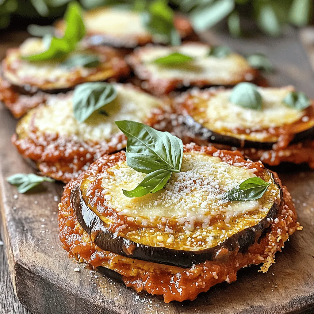 To make Baked Eggplant Parmesan, begin with these key ingredients: - Eggplants and their preparation - 2 medium eggplants, sliced into 1/4 inch rounds - 1 teaspoon salt I recommend salting the eggplant slices. This step helps draw out moisture and bitterness, giving you a better flavor. Let them sit for about 30 minutes. Afterward, rinse the slices and pat them dry. - Cheese varieties and alternatives - 2 cups marinara sauce (homemade or store-bought) - 2 cups shredded mozzarella cheese - 1 cup grated Parmesan cheese For a creamy texture, use both mozzarella and Parmesan. You can swap mozzarella for provolone if you like a sharper taste. - Breading and seasoning components - 1 cup all-purpose flour - 3 large eggs, beaten - 1 cup breadcrumbs (preferably Italian seasoned) - 2 teaspoons dried basil - 1 teaspoon dried oregano - Olive oil spray These ingredients create a crispy layer on the eggplant. The Italian seasoned breadcrumbs add depth to the flavor. Fresh herbs are great too, if you have them on hand! This list covers everything you need to whip up a delicious Baked Eggplant Parmesan. For the complete recipe, check the Full Recipe section above. First, preheat your oven to 375°F (190°C). This helps cook everything evenly. Next, slice the eggplants into 1/4 inch rounds. Lay them on a paper towel and sprinkle with salt. The salt draws out moisture and bitterness. Let them sit for about 30 minutes. After that, rinse the slices and pat them dry with another paper towel. This step is key for a great texture. Now, let’s set up our breading station. Place flour in one shallow dish. In another dish, pour the beaten eggs. In a third dish, mix breadcrumbs with dried basil and oregano. This setup makes breading easy and fun. Now it’s time to coat the eggplant slices. Dip each slice first into the flour. Then, dunk it into the beaten eggs. Finally, coat it with the breadcrumb mix. Press lightly to make sure it sticks well. This creates a crunchy outer layer. Place the breaded eggplant slices on a baking sheet lined with parchment paper. Spray them lightly with olive oil spray. This helps them get golden brown. Bake in the preheated oven for 25-30 minutes, flipping halfway through. You want them crispy and brown. Let’s build our Baked Eggplant Parmesan. Start by spreading a thin layer of marinara sauce on the bottom of a 9x13 inch baking dish. Then, arrange a layer of baked eggplant slices over the sauce. Top with a mix of mozzarella and Parmesan cheese. Repeat these layers: sauce, eggplant, and cheeses until you use all the ingredients. Finish with a final layer of marinara and a generous amount of mozzarella and Parmesan on top. Cover the dish with aluminum foil. Bake for 25 minutes, then remove the foil. Bake for an additional 15-20 minutes until the cheese is bubbly and golden. This creates a beautiful, hearty dish. Let it cool for about 10 minutes before slicing. If you like, garnish with fresh basil leaves for a touch of color. For the complete recipe, check out the Full Recipe. When handling eggplants, wash them well to remove dirt. Use a sharp knife to slice them. Always cut away from your body to stay safe. To save time, set up your tools and ingredients before you start. This helps you work faster and stay organized. Baking gives a lighter dish than frying. Frying can add extra oil, making it heavy. To keep eggplant from being soggy, salt it before cooking. Let it sit for about 30 minutes. This step draws out moisture and helps with texture. Herbs can boost flavor. I suggest using dried basil and oregano. Fresh herbs like parsley or thyme can also add freshness. For marinara sauce, homemade is best, but store-bought works too. Choose a sauce with simple, natural ingredients for the best taste. For the full recipe, check out the detailed instructions! {{image_2}} If you need gluten-free options, swap regular flour and breadcrumbs for gluten-free versions. Use almond flour or rice flour for breading. This keeps the texture crispy without gluten. For a vegan version, replace the cheeses with dairy-free alternatives. Nutritional yeast can add a cheesy flavor. Use cashew cheese or other plant-based cheese for a creamy texture. Want to boost nutrition? Add spinach or mushrooms to your layers. These ingredients add flavor and texture. For a spicy kick, try red pepper flakes or diced jalapeños. Mix them into your marinara sauce for extra heat. Adjust to your taste and enjoy the punch! Pair Baked Eggplant Parmesan with a fresh side salad. A simple green salad offers a great contrast. Garlic bread also complements this dish well. If you have leftovers, use them in a wrap or sandwich. The flavors meld beautifully, making a tasty lunch option. To keep your Baked Eggplant Parmesan fresh, place it in the fridge. Use an airtight container. It will last for about three to four days. If you want to store it longer, consider freezing. Cut portions into smaller pieces. Wrap them tightly in plastic wrap, then place in a freezer bag. This helps prevent freezer burn. Baked Eggplant Parmesan can last up to three months in the freezer. When reheating, take it from the fridge or freezer. Preheat your oven to 350°F (175°C). If frozen, let it thaw overnight in the fridge. Place the dish in the oven for about 20-25 minutes. Cover it with foil to avoid burning the cheese. Choose glass or plastic containers with tight lids. Glass containers are durable and help keep moisture in. If using plastic, ensure it's BPA-free. Always label your containers with the date. This helps track how long your leftovers last. To keep your dish fresh, avoid stacking heavy items on top. This helps keep the layers intact and prevents spills. For extra freshness, line your container with parchment paper before adding the dish. This adds a layer of protection against moisture. How long can Baked Eggplant Parmesan be stored? You can store Baked Eggplant Parmesan in the fridge for up to five days. Make sure to cover it tightly. For longer storage, freeze it for up to three months. Can I prepare this dish in advance? Yes, you can prepare Baked Eggplant Parmesan ahead of time. Assemble it, then cover and refrigerate. Bake it when you are ready to eat. What is the best way to reheat Baked Eggplant Parmesan? The best way to reheat it is in the oven. Preheat to 350°F (175°C). Cover with foil and heat for about 20 minutes. Why is my eggplant soggy? Soggy eggplant may happen if it was not salted enough. Salting helps draw out moisture. Let the slices sit for at least 30 minutes, then rinse and dry well. How can I make my Baked Eggplant Parmesan more flavorful? To boost flavor, add fresh herbs like basil or parsley. You can also mix different cheese types or use spicy marinara sauce. Caloric breakdown of the dish One serving of Baked Eggplant Parmesan has about 350 calories. This can vary based on serving size and ingredients used. Key nutritional benefits of the main ingredients Eggplants are low in calories and high in fiber. They help with digestion. Cheese provides calcium and protein, while marinara sauce adds vitamins from tomatoes. Enjoying this dish gives a balance of nutrients. For the full recipe, check [Full Recipe]. Baked Eggplant Parmesan is a tasty dish that anyone can make. We covered easy steps to prepare eggplants, layer cheese, and bake everything perfectly. I shared tips for achieving a great texture and adding flavor. Remember to store leftovers correctly so they stay fresh. Variations like gluten-free or vegan options make this dish easy to enjoy for everyone. With these techniques, you can impress your family and friends with delicious meals. Enjoy making and sharing your own Baked Eggplant Parmesan!