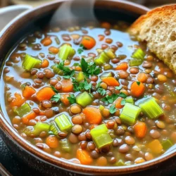 This soup is simple and tasty. Here are the main ingredients you'll need: - 1 cup dried green or brown lentils, rinsed and drained - 1 medium onion, diced - 2 cloves garlic, minced - 2 medium carrots, diced - 2 celery stalks, diced - 1 can (14 oz) diced tomatoes - 4 cups vegetable broth - 1 teaspoon cumin - 1 teaspoon smoked paprika - 1 teaspoon dried thyme - 2 bay leaves - Salt and pepper to taste - 2 tablespoons olive oil To make your soup even better, consider these optional ingredients: - A handful of spinach or kale - Fresh parsley for garnish Adding spinach or kale boosts nutrition and adds color. Fresh parsley gives a bright finish to each bowl. Lentils are protein-rich and full of fiber. They help keep you full and satisfied. Onions and garlic add flavor and health benefits, like boosting your immune system. Carrots and celery provide vitamins and minerals. The spices, like cumin and smoked paprika, not only enhance taste but also offer anti-inflammatory properties. Overall, this soup is nourishing and comforting. For the full recipe, check out the details above. To start, gather all your ingredients. This makes the process smooth and fun. Here’s what you need: - 1 cup dried green or brown lentils, rinsed and drained - 1 medium onion, diced - 2 cloves garlic, minced - 2 medium carrots, diced - 2 celery stalks, diced - 1 can (14 oz) diced tomatoes - 4 cups vegetable broth - 1 teaspoon cumin - 1 teaspoon smoked paprika - 1 teaspoon dried thyme - 2 bay leaves - Salt and pepper to taste - 2 tablespoons olive oil - A handful of spinach or kale (optional) - Fresh parsley for garnish Now, wash your lentils under cold water. This helps remove dirt and any small stones. Next, chop your onion, garlic, carrots, and celery. Having everything ready saves time. Heat the olive oil in a large pot over medium heat. Add the diced onions and sauté them for 3-4 minutes. You want them to look clear. Then, toss in the minced garlic, carrots, and celery. Cook these for about 5-6 minutes until they soften. Next, stir in the cumin, smoked paprika, and dried thyme. Let them cook for one minute so the spices release their aroma. Now, add the rinsed lentils, diced tomatoes (with juice), and vegetable broth. Toss in the bay leaves and season with salt and pepper. Bring this mixture to a boil. After it boils, lower the heat. Let it simmer uncovered for around 30 minutes. You want the lentils to be tender but not mushy. If you choose to add spinach or kale, stir it in and cook for 5 more minutes. Before serving, don’t forget to remove the bay leaves. Adjust the seasoning to your taste, and garnish with fresh parsley. To get the best texture, avoid overcooking the lentils. They should be soft but still hold their shape. If you want a thicker soup, mash a few lentils with a fork. This adds creaminess without using dairy. For added flavor, consider sautéing the garlic for a minute before adding other veggies. You can also play with spices. Try a pinch of chili powder for heat or some lemon juice for brightness. Using good quality vegetable broth makes a big difference. It adds depth to the soup. Lastly, let the soup sit for a while before serving. This allows the flavors to mix well. For the complete cooking experience, refer to the Full Recipe. Enjoy your warm, hearty bowl of vegan lentil soup! When making lentil soup, avoid these common mistakes: - Not rinsing lentils: Always rinse them to remove dirt and debris. - Overcooking vegetables: Add delicate veggies like spinach late in cooking. - Skipping spices: These add depth, so don’t skip the cumin or smoked paprika. - Not tasting while cooking: Always taste and adjust seasoning as needed. To make your lentil soup bold, try these tips: - Use fresh herbs: Add fresh parsley or cilantro right before serving. - Add acid: A splash of lemon juice brightens the flavors. - Use homemade broth: Homemade vegetable broth has a richer taste than store-bought. - Incorporate umami: Add a tablespoon of miso or soy sauce for depth. Having the right tools makes cooking easier: - Heavy-bottomed pot: This helps distribute heat evenly. - Sharp knife: A sharp knife makes chopping vegetables quick and safe. - Measuring cups and spoons: Accurate measurements ensure great flavor balance. - Wooden spoon: Perfect for stirring without scratching your pot. Try these tips and tricks to elevate your vegan lentil soup experience! For the complete recipe, refer to the Full Recipe. {{image_2}} To give your vegan lentil soup a kick, try adding some heat. You can mix in red pepper flakes or diced jalapeños. If you want a smoky taste, add chipotle peppers in adobo sauce. These small changes can make your soup bold and exciting. You can also serve it with a side of hot sauce for those who love spice. For a creamy texture, blend part of the soup. Use an immersion blender or a regular blender. Blend until smooth, then stir it back into the pot. You can also add coconut milk for richness. This adds a lovely flavor and makes the soup velvety. It’s a great way to change up the classic recipe. You can use many types of lentils in this soup. Green and brown lentils are the most common choices. They hold their shape well during cooking. If you prefer a softer texture, use red lentils. They break down and create a thicker soup. Each type brings its own taste and texture, so feel free to experiment. To keep your leftover soup fresh, store it in an airtight container. Let it cool down first. Place it in the fridge if you plan to eat it within three days. For longer storage, use the freezer. This way, you can enjoy it later! If you want to freeze the soup, portion it out into smaller containers. Leave some space at the top. The soup will expand as it freezes. It can last up to three months in the freezer. Just remember to label the containers with the date! When you’re ready to enjoy your soup again, take it out of the fridge or freezer. If frozen, let it thaw overnight in the fridge. Reheat it on the stove over medium heat. Stir often to prevent sticking. For the best taste, add a splash of vegetable broth or water if it seems thick. Enjoy your delicious Vegan Lentil Soup! For the full recipe, check out the details above. Yes, you can cook Vegan Lentil Soup in a slow cooker. Just follow the same steps but adjust the timing. Combine all ingredients in the slow cooker. Set it to low for 6-8 hours or high for 3-4 hours. This method allows flavors to deepen and the soup to become very rich. It's a great option if you want to set it and forget it! Vegan Lentil Soup lasts about 5 to 7 days in the fridge. Store it in an airtight container for the best results. Make sure it cools down before sealing. If you notice any changes in smell or color, it’s best to toss it out. You can also freeze it for up to three months for longer storage. You can serve Vegan Lentil Soup with many tasty sides. Here are some great options: - Crusty bread for dipping - A fresh green salad - Rice or quinoa for added texture - A slice of avocado on top - Vegan grilled cheese for a cozy combo These pairings enhance the meal and make it more filling. Enjoy exploring different combinations! You now know how to make a tasty vegan lentil soup. We explored main ingredients, optional flavors, and the soup's health benefits. The step-by-step guide makes cooking easy and fun. We addressed common mistakes and shared tools for great results. You can even try spicy or creamy variations to mix things up. Remember to store leftovers properly for future meals. With these tips, you're set for soup success! Enjoy your cooking and stay healthy.