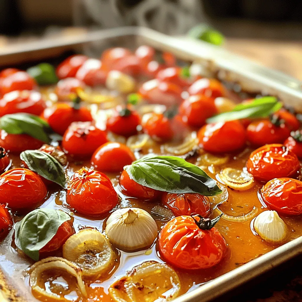- Ripe tomatoes - Onion - Garlic - Fresh basil leaves To make a great roasted tomato basil soup, start with ripe tomatoes. The best tomatoes have a deep red color and feel heavy for their size. Next, chop a medium onion. This adds sweetness and depth to the soup. You’ll also need four cloves of garlic. Roasting the garlic makes it sweet and creamy. Finally, grab fresh basil leaves. They bring a bright, herbal flavor that makes the soup shine. - Olive oil - Salt and pepper - Sugar (optional) - Vegetable broth - Heavy cream (optional) You need olive oil to roast the veggies. It adds a rich flavor. Don't forget salt and pepper! They season the soup perfectly. If you want a touch of sweetness, use a teaspoon of sugar. Vegetable broth gives the soup body and flavor. If you like creamy soup, heavy cream is a great option. It makes the soup smooth and rich. - Baking sheet - Blender - Pot - Oven Using the right tools makes cooking easier. A baking sheet helps roast the vegetables evenly. You’ll need a blender to mix the soup until it’s smooth. A pot is essential for heating the soup. Lastly, preheat your oven to 400°F (200°C) to get those veggies roasted just right. For the full recipe, check out the details above! First, preheat your oven to 400°F (200°C). This step is key for good roasting. Next, take a large baking sheet and arrange your ingredients. Spread the quartered tomatoes, chopped onion, and unpeeled garlic cloves evenly. This helps them roast evenly and get great flavor. Now, it's time to season. Drizzle olive oil over the vegetables. Sprinkle salt and pepper to taste. If you enjoy a hint of sweetness, add a teaspoon of sugar. Roast the vegetables in the oven for about 30 to 35 minutes. You want them caramelized and soft. Stir them halfway through to ensure they roast evenly. Once the veggies are done, let them cool for a few minutes. Carefully squeeze the roasted garlic out of its skins and toss the skins. In a blender, combine the roasted tomatoes, onion, garlic, and vegetable broth. Blend until smooth. If you prefer some texture, pulse a few times instead of blending completely. Pour the blended soup into a pot over medium heat. Stir in fresh basil leaves and simmer for about 10 minutes. If you want creaminess, add heavy cream and mix well. Adjust the seasoning with salt and pepper as needed. For a rich taste, seasoning is key. Use fresh herbs like basil to brighten the soup. Salt enhances flavor, while pepper adds a little kick. Some people like a pinch of sugar to balance acidity. When it comes to tomatoes, choose ripe ones. Look for tomatoes that feel heavy for their size. They should smell sweet and earthy. Fresh tomatoes make the soup taste amazing. To keep your soup fresh, cool it first. Then, store it in an airtight container. Place it in the fridge for up to three days. When you’re ready to eat, reheat it on the stove. Stir it gently to avoid burning. You can also use a microwave, but be sure to cover it. This keeps the steam in and warms it evenly. Garnishes make your soup look great. Try adding fresh basil leaves on top. A drizzle of olive oil adds shine and flavor. Serve the soup in bowls with crusty bread. This makes a lovely meal. You can pair it with a light salad for added freshness. For a fun twist, offer cheese toast on the side. For the full recipe, check out the Roasted Tomato Basil Soup section. {{image_2}} To make your soup creamy, simply add heavy cream. After blending the roasted veggies, stir in half a cup of heavy cream. This adds richness and smoothness to the soup. If you want a lighter option, you can use coconut milk instead. This gives you a hint of sweetness while keeping it creamy. Want to turn up the heat? Add a pinch of red pepper flakes or a diced jalapeño. Both options give a nice kick to the soup. You can also sprinkle in smoked paprika for a warm flavor. This adds depth and warmth to the dish. For more flavor, try adding a splash of balsamic vinegar or a squeeze of lemon juice. These enhance the taste and bring balance to the dish. Looking for a vegan option? Simply skip the heavy cream. Use coconut milk or almond milk for creaminess. You can also swap vegetable broth with a homemade version to ensure it’s fully plant-based. Toss in extra herbs like thyme or oregano for added flavor. This keeps the soup fresh and vibrant while staying true to plant-based values. For the full recipe, check the details above. To keep your roasted tomato basil soup fresh, store it in the fridge. Let the soup cool before placing it in a container. Use an airtight container to prevent air from spoiling the soup. It can stay fresh for about 3 to 5 days in the refrigerator. Always check for any signs of spoilage before eating. If you want to keep the soup longer, freezing is a great option. Pour the cooled soup into freezer-safe containers or bags. Leave some space at the top for expansion. It can last in the freezer for up to 3 months. When you’re ready to eat it, thaw it overnight in the fridge. To reheat, pour the soup into a pot and warm it over low heat. Stir it often to avoid burning. You can also microwave it in short intervals, stirring in between. This will help it heat evenly. Choose containers that are safe for both freezing and microwaving. Glass containers work well, as do heavy-duty plastic bags. Always label your containers with the date. This will help you keep track of how long the soup has been stored. Avoid using regular plastic wrap, as it may not hold up in the freezer. Keeping your soup stored correctly ensures you enjoy every delicious bite later! Yes, you can use canned tomatoes. They offer convenience and save time. Canned tomatoes are picked at peak ripeness and sealed quickly, which helps preserve their flavor. However, fresh tomatoes provide a brighter taste and texture. If you choose canned, go for whole or diced tomatoes in juice, not sauce. Roasted tomato basil soup lasts about three to five days in the fridge. Store it in an airtight container. Make sure to let it cool before sealing. This helps keep the flavors fresh. You can pair this soup with many sides. Grilled cheese sandwiches are classic and delicious. A fresh salad adds a nice crunch, too. Crusty bread or garlic bread also works well. These options make your meal hearty and satisfying. Yes, this soup is quite healthy. Tomatoes are rich in vitamins A and C, plus antioxidants. Basil adds flavor and has anti-inflammatory properties. Olive oil provides healthy fats. If you add cream, it increases calories but adds richness. Adjust according to your needs for a balanced meal. This article covered how to make delicious roasted tomato basil soup. We explored fresh ingredients, pantry staples, and essential kitchen tools. I provided step-by-step instructions for preparing, roasting, and blending the soup. You learned tips to enhance flavor and how to store leftovers. I also shared variations, like creamy and spicy options. In closing, this soup is a simple yet tasty dish you can enjoy any time. Enjoy making it your way!