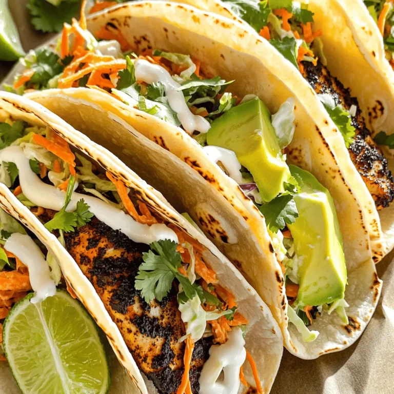 You will need a few key ingredients to make blackened fish tacos that burst with flavor. Here’s a breakdown of what to gather: - Fish Types: You can use: - 4 fillets of white fish (tilapia, cod, or snapper) - Seasoning Mix: A great blend of spices gives the fish its signature taste: - 2 tablespoons paprika - 1 tablespoon cayenne pepper - 1 tablespoon garlic powder - 1 tablespoon onion powder - 1 teaspoon dried oregano - 1 teaspoon salt - ½ teaspoon black pepper - Essential Toppings: These add crunch and brightness to your tacos: - 1 cup cabbage, shredded - ½ cup carrots, grated - ¼ cup cilantro, chopped - 1 lime, juiced - 1 avocado, sliced - ½ cup sour cream - 1 tablespoon lime juice (for the slaw) - Salt and pepper to taste Gather these ingredients for a tasty taco experience. For the full recipe, check the details above. To start, gather your spices. You need paprika, cayenne pepper, garlic powder, onion powder, oregano, salt, and black pepper. 1. In a small bowl, mix these seasonings well. 2. A good mix ensures every bite bursts with flavor. Next, take your fish fillets. I like to use tilapia, cod, or snapper. 1. Pat them dry with a paper towel. 2. This makes the spices stick better. Now, rub the spice mix evenly on both sides of the fish. 1. Don’t skip this step; it’s crucial for flavor. 2. After coating, drizzle lime juice over the fillets. Let the fish marinate for about 15 minutes. This helps the flavors blend. Now it’s time to cook! Heat olive oil in a large skillet over medium-high heat. 1. The oil should shimmer but not smoke. 2. Once hot, add your seasoned fish fillets carefully. Cook each fillet for about 3 to 4 minutes on each side. 1. Look for a nice blackened crust. 2. The fish is done when it flakes easily with a fork. Keep an eye on the heat. Too high can burn the spices. While the fish cooks, warm your corn tortillas. 1. You can use a skillet or microwave. 2. If using a skillet, warm them for about 20 to 30 seconds. Now, it’s time to assemble the tacos! 1. Break the cooked fish into large pieces. 2. Place some fish on each tortilla. Next, add a scoop of zesty slaw on top. 1. This slaw adds crunch and freshness. 2. Don’t forget a couple of avocado slices for creaminess. If you like, drizzle with sour cream for extra flavor. Now, your tacos are ready to enjoy! For the complete recipe, check the [Full Recipe]. Marinating the fish is key to great flavor. This process helps the spices soak in. I recommend letting the fish sit with the seasoning for at least 15 minutes. This time allows the fish to absorb the lime juice and spices. If you like it spicier, feel free to adjust the cayenne. Add more for a kick or less for a milder taste. Using a cast iron skillet is my favorite way to cook these tacos. It gets very hot and helps create a great crust on the fish. Make sure the skillet is preheated for best results. If you don’t have a cast iron skillet, you can grill or broil the fish. Each method adds a different flavor but keeps the dish delicious. Blackened fish tacos taste great with simple sides. I love serving them with rice and beans or a fresh salad. These sides balance the spice and add extra nutrients. For drinks, try a cold beer or a refreshing limeade. Both pair well with the bold flavors of the tacos. Enjoy! {{image_2}} You can use many types of fish for blackened tacos. While tilapia, cod, and snapper are popular, don't shy away from other options. Salmon or mahi-mahi can add a nice twist. Both have great flavors and textures. When choosing fish, think about sustainability. Look for fish with eco-labels like Marine Stewardship Council (MSC) or Seafood Watch recommendations. These choices help protect our oceans and keep fish populations healthy. Slaw is a key part of blackened fish tacos. While cabbage and carrots are traditional, you can try other veggies. Think about using kale or radishes for a new taste. You can also change the dressing. Use a yogurt-based sauce for creaminess. Or, try a vinaigrette for a tangy kick. Add herbs like dill or mint to brighten up the flavor profile. Toppings can make your tacos unique. Popular sauces include mango salsa for sweetness or chipotle sauce for heat. Both add great flavors and textures to your dish. You can also add more toppings. Jicama gives a nice crunch, and radishes add a peppery bite. Fresh herbs like cilantro or basil can enhance the dish even more. For a creamy touch, sliced avocado is a must! To keep your blackened fish tacos fresh, follow these steps: - Refrigerating: Place leftover tacos in an airtight container. The fish and slaw can lose their crunch if stored together. Keep the fish separate from the toppings. - Reheating: Use a skillet over medium heat for best results. Heat the fish for 2-3 minutes until warm. For the tortillas, warm them in the skillet for about 20 seconds. This keeps them soft. To maintain freshness and flavor, eat the leftovers within two days. The longer they sit, the less tasty they become. For fish fillets before cooking, wrap them tightly in plastic wrap. Then, place them in a freezer-safe bag. This helps prevent freezer burn. You can store raw fish for up to three months. For prepared tacos, I recommend not freezing them. The texture changes when thawed. If you must, freeze the components separately. You can freeze the fish and slaw in airtight containers. Just consume them within a month for the best flavor. The best fish for blackened tacos is white fish. I recommend tilapia, cod, or snapper. Each fish has a light flavor and a flaky texture that works well with the bold spices. Tilapia is mild and absorbs flavors nicely. Cod has a firmer texture and holds up well during cooking. Snapper offers a slightly sweet taste, adding depth to your tacos. Yes, you can prepare blackened fish tacos ahead of time. Cook the fish and make the slaw in advance. Store them separately in the fridge. To reheat, warm the fish in a skillet over low heat. Heat the tortillas quickly in a pan or microwave. This keeps them soft and warm. Blackened fish tacos can be spicy, but you control the heat. The spice mix includes cayenne pepper, which packs a punch. To make them milder, reduce the cayenne or leave it out. You can also add toppings like sour cream to cool things down. I love pairing blackened fish tacos with fresh sides. Try serving them with a zesty corn salad or black beans. A simple avocado salad also complements the flavors well. For drinks, cold beer or a refreshing limeade pairs nicely. For the full recipe, check out [Full Recipe]. Blackened fish tacos are an easy, tasty meal option. We covered the best fish types, key seasonings, and essential toppings. You learned step-by-step how to prepare the spice rub, cook the fish, and assemble the tacos. Don’t forget the tips for getting great flavor and exploring variations. Store leftovers properly for the best taste. Enjoy making these tacos your own while experimenting with flavors and ingredients. Happy cooking!