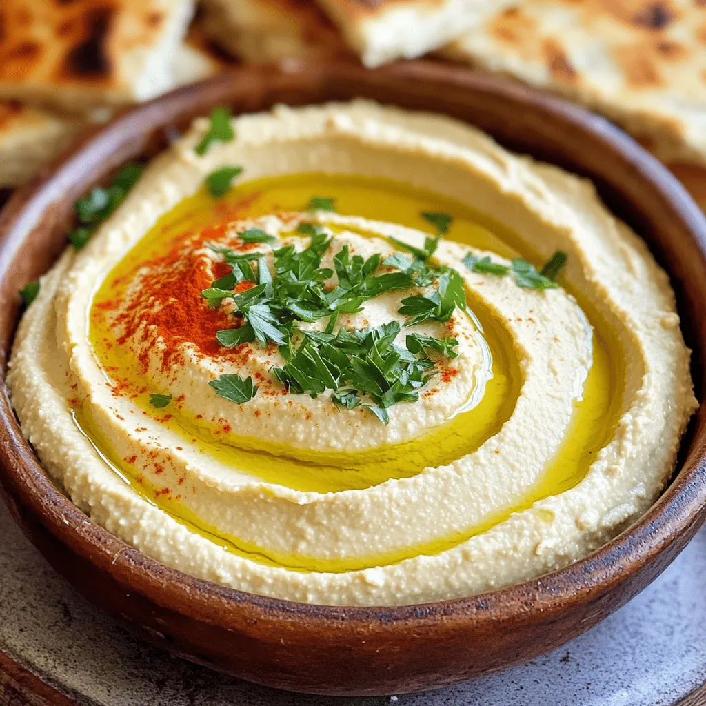 To make classic hummus, you need simple, fresh ingredients. Here’s what you will need: - 1 can (15 oz) chickpeas, drained and rinsed - 1/4 cup tahini - 2 tablespoons extra virgin olive oil - 2 tablespoons lemon juice - 1 garlic clove, minced - 1/2 teaspoon ground cumin - Salt to taste - Water as needed for consistency - Pinch of paprika for garnish - Fresh parsley, chopped for garnish Chickpeas are the star of this dish. They give hummus its creamy texture and rich flavor. Tahini adds a nutty taste. The olive oil makes it smooth and adds healthy fats. Fresh lemon juice brings brightness, while garlic and cumin add depth. Salt enhances all these flavors. You may adjust the water to get the right consistency. Some like it thick, while others prefer it smooth. For garnish, paprika adds a touch of color, and parsley gives a fresh finish. With these ingredients, you can create a delicious, healthy snack. Check out the Full Recipe for detailed instructions on making this delightful dish! - Step 1: Add ingredients to blender or food processor First, gather all your ingredients. In your blender or food processor, add: - 1 can (15 oz) chickpeas, drained and rinsed - 1/4 cup tahini - 2 tablespoons extra virgin olive oil - 2 tablespoons lemon juice - 1 garlic clove, minced - 1/2 teaspoon ground cumin - Step 2: Blend and scrape down sides Blend these ingredients on high speed. As you blend, stop to scrape down the sides. This helps mix all the flavors well. - Step 3: Adjust consistency with water If the hummus is too thick, add water. Do this one tablespoon at a time. Blend after each addition until you reach your desired smoothness. You might need about 3-5 tablespoons of water. - Step 4: Season with salt After you get the right texture, taste your hummus. Add salt to your liking. Blend again to mix the salt evenly. - Step 5: Transfer and garnish for serving Once smooth, transfer the hummus to a serving bowl. Drizzle a little olive oil on top. Finally, sprinkle with paprika and chopped parsley for a nice touch. Enjoy this creamy classic hummus as a healthy snack or a party dip! For the full recipe, check out the details above. To make great hummus, focus on a few key details. Achieving the Right Consistency The texture matters. You want your hummus to be creamy and smooth. Start with enough water. Add it slowly. Blend until it looks perfect. If it feels too thick, keep adding water. Aim for a silky finish. Importance of Quality Tahini Good tahini can change everything. Look for fresh, high-quality tahini. It should taste nutty and rich. If it’s bitter, skip it. This will affect your final flavor. Use the best tahini you can find. Balancing Flavors: Salt and Lemon Juice Salt and lemon juice bring your hummus to life. Taste your mixture as you go. Add salt slowly for balance. Lemon juice adds brightness. Find the right amount for your taste. A little extra can really lift the dish. For the complete process, check the Full Recipe. Enjoy making this classic dish! {{image_2}} Hummus is great on its own, but you can make it even more fun. Here are some tasty twists to try. - Roasted Red Pepper Hummus To make this, add one cup of roasted red peppers to your classic hummus base. This adds a sweet and smoky flavor that brightens up your dip. It’s perfect for parties or a snack at home. - Spicy Harissa Hummus Mix in two tablespoons of harissa paste. This North African chili paste will give your hummus a warm kick. It’s great if you love heat. Serve it with pita chips for a flavorful treat. - Herb-Infused Hummus Blend in a handful of fresh herbs like basil, cilantro, or parsley. This adds a fresh taste to the hummus. You can also mix in lemon zest for an extra zing. This version pairs well with fresh veggies. These variations are simple to make. Just follow the full recipe for classic hummus and add the extra ingredients. Enjoy exploring new flavors! To keep your classic hummus fresh, store it in the fridge. Use an airtight container. This helps keep out air and moisture. Place a layer of plastic wrap over the hummus before sealing the lid. This adds extra protection against drying out. You can freeze hummus too. Portion it into smaller containers. Leave some space at the top for expansion. Cover well to prevent freezer burn. When ready to use, thaw it in the fridge overnight. Stir well before serving. How long does homemade hummus last? It stays fresh in the fridge for about 5 to 7 days. If you freeze it, use it within 3 months for the best taste. Always check for any off smells or changes in texture before eating. For the full recipe, check out the complete instructions above and enjoy your delicious classic hummus! Can I use dried chickpeas instead of canned? Yes, you can use dried chickpeas. First, soak them overnight. Then, cook them until soft. This method takes more time but can enhance the flavor. Use about 1 cup of dried chickpeas for this recipe. What can I serve with hummus? Hummus pairs well with many foods. You can serve it with fresh veggies like carrots, cucumbers, and bell peppers. Pita bread or chips also work great. Try it on sandwiches or wraps for added flavor. How do I make hummus without tahini? You can skip tahini and still enjoy hummus. Use extra olive oil for creaminess. Try adding a little more lemon juice for flavor. Nut butters like almond or sunflower seed can also replace tahini. What’s the nutritional information for Classic Hummus? Classic hummus is packed with nutrients. A serving (about 2 tablespoons) provides roughly: - Calories: 70 - Protein: 2 grams - Fat: 4 grams - Carbohydrates: 6 grams - Fiber: 2 grams This makes it a healthy, tasty snack option. For the full recipe, check out the instructions above. Classic hummus combines simple, fresh ingredients to create a healthy, tasty dip. You learned the essential ingredients, step-by-step preparation, and ways to enhance flavors. Remember to store it correctly for longer freshness. Try variations like roasted red pepper or spicy harissa to keep things exciting. No matter how you enjoy it, hummus is a versatile dish. It fits well into meals or as a snack. Now, grab those ingredients and start blending your very own hummus today!