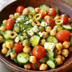 - 1 can (15 oz) chickpeas, drained and rinsed - 1 cup cherry tomatoes, halved - 1 cucumber, diced - ½ red onion, finely chopped - 1 bell pepper (any color), diced - ¼ cup Kalamata olives, pitted and sliced - ¼ cup feta cheese, crumbled - 3 tablespoons olive oil - 2 tablespoons red wine vinegar - 1 teaspoon dried oregano - Salt and pepper to taste - Fresh parsley, chopped (for garnish) The base of this salad starts with chickpeas. Chickpeas add protein and fiber. They give the salad a nice texture too. Next, we have cherry tomatoes. Their sweetness brightens the dish. The cucumber adds a crisp and refreshing bite. Red onion brings a sharp flavor that balances well. You can pick any color bell pepper. It adds crunch and color to the salad. Kalamata olives provide a salty and rich taste. Feta cheese adds creaminess and tang. The dressing consists of olive oil, red wine vinegar, and oregano. This combination gives the salad a Mediterranean flair. Feel free to swap out ingredients to suit your taste. For example, use green olives instead of Kalamata. You can also try using apple cider vinegar instead of red wine vinegar. If you want a vegan option, replace feta cheese with tofu or a vegan cheese alternative. This salad is light yet filling. Each serving has about 220 calories. You get around 10 grams of protein and 8 grams of healthy fat. The fiber content is about 7 grams, making it great for digestion. For the full recipe, check out the detailed steps to make this Mediterranean Chickpea Salad. - First, take a large mixing bowl. - Add the drained chickpeas, halved cherry tomatoes, diced cucumber, chopped red onion, and diced bell pepper. - Next, toss in the sliced Kalamata olives and crumbled feta cheese. - In a smaller bowl, whisk together olive oil, red wine vinegar, dried oregano, salt, and pepper. - Pour the dressing over the salad mixture. - Gently toss everything together until well coated. - Let the salad sit for about 10 minutes. This helps the flavors meld beautifully. - Serve the salad in a nice bowl. - Garnish with fresh chopped parsley for a pop of color. - This salad pairs well with grilled meats or crusty bread. - Enjoy it as a light lunch or a refreshing side dish. For the full recipe, check out the Mediterranean Chickpea Salad section above. Letting the Mediterranean Chickpea Salad sit is key. This step helps the flavors blend. I suggest waiting at least 10 minutes before serving. You can adjust the seasoning based on what you like. If you want more salt or pepper, just add it. Taste as you go for the best result. Making this salad ahead of time works wonders. I find that it tastes even better the next day. Just store it in the fridge in an airtight container. For leftovers, keep them sealed to stay fresh. Use within three days for the best flavor. This salad pairs well with many dishes. Try serving it with grilled chicken or fish. It also goes great with pita bread or rice. For drinks, a crisp white wine or sparkling water complements the meal perfectly. Enjoy your Mediterranean feast! {{image_2}} You can make this salad your own by changing the flavors. Adding fresh herbs like basil, mint, or dill can brighten the dish. Try adding spices like cumin or smoked paprika for a warm touch. Seasonal vegetables also work well! In summer, add zucchini or radishes. In fall, try roasted sweet potatoes or butternut squash. Each season brings new tastes to enjoy. Want to make this salad heartier? You can add grilled chicken, shrimp, or tofu. Grilled chicken gives a nice smoky flavor. Shrimp cooks quickly and adds a sweet taste. Tofu is great for a plant-based option. Just keep the salad light. Use small amounts of protein so the salad stays fresh and bright. While the original dressing is tasty, you can switch it up! Try a lemon-tahini dressing for a creamy twist. A balsamic vinaigrette works well too. You can make dressings at home or buy them. Homemade dressings often taste better and let you control the ingredients. Store-bought options are quick and easy for busy days. To store your Mediterranean chickpea salad in the refrigerator, place it in an airtight container. This keeps the flavors fresh and helps avoid spills. Use a container that fits your salad closely to limit air exposure. You can keep it in the fridge for up to three days. To maintain texture, avoid adding the dressing until you're ready to eat. Freezing chickpea salad can change the texture, but you can freeze some parts. For best results, freeze just the chickpeas and veggies without dressing. Place them in a freezer-safe bag or container. When you’re ready to enjoy, thaw the salad overnight in the fridge. Add fresh veggies and dressing just before serving for the best taste. Your Mediterranean chickpea salad lasts about three days in the fridge. Look for changes in color or smell as signs of spoilage. If the salad looks dull or smells off, it's best to throw it away. Always trust your senses—when in doubt, don't eat it. For the full recipe, check the detailed instructions above. How to make a Mediterranean Chickpea Salad? To make this salad, you start with one can of chickpeas. Drain and rinse them well. Next, add halved cherry tomatoes, diced cucumber, chopped red onion, and diced bell pepper. Mix in sliced Kalamata olives and crumbled feta cheese. For the dressing, whisk together olive oil, red wine vinegar, dried oregano, salt, and pepper. Pour the dressing over the salad and toss gently. Let it sit for ten minutes to blend the flavors. You can find the full recipe for detailed instructions. Can I use dried chickpeas instead of canned? Yes, you can use dried chickpeas. Simply soak them overnight and cook until tender. It takes longer, but the taste is fresh and tasty. Make sure you drain and rinse them before adding to the salad. What’s a good substitute for feta cheese? If you need a substitute for feta cheese, try using crumbled goat cheese or a dairy-free cheese. You can also use diced avocado for creaminess without cheese. Is this salad gluten-free? Yes, this Mediterranean Chickpea Salad is gluten-free. All its ingredients are naturally free of gluten. This makes it a great choice for those with gluten sensitivities. Can I make this salad vegan? Absolutely! To make this salad vegan, simply leave out the feta cheese. You can replace it with a plant-based cheese or skip it entirely. The salad will still taste great and be fully vegan. How can I add more protein? You can easily add more protein by including grilled chicken, shrimp, or tofu. Chickpeas already offer protein, but adding these options helps boost it even more. What other dressings work well with this salad? Beyond the olive oil and vinegar dressing, you could try tahini or a lemon vinaigrette. A yogurt-based dressing can also add a nice touch. Each dressing offers a unique flavor twist to the salad. This Mediterranean Chickpea Salad combines tasty ingredients and offers many options. You can customize it with different veggies or dressings to fit your needs. Enjoy it fresh or try meal prep for easy eating throughout the week. Remember to store it properly for the best taste. Whether you serve it as a side or make it a meal, this salad is sure to please. Try it today and savor its bright, fresh flavors!