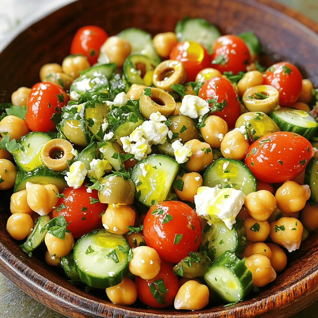- 1 can (15 oz) chickpeas, drained and rinsed - 1 cup cherry tomatoes, halved - 1 cucumber, diced - ½ red onion, finely chopped - 1 bell pepper (any color), diced - ¼ cup Kalamata olives, pitted and sliced - ¼ cup feta cheese, crumbled - 3 tablespoons olive oil - 2 tablespoons red wine vinegar - 1 teaspoon dried oregano - Salt and pepper to taste - Fresh parsley, chopped (for garnish) The base of this salad starts with chickpeas. Chickpeas add protein and fiber. They give the salad a nice texture too. Next, we have cherry tomatoes. Their sweetness brightens the dish. The cucumber adds a crisp and refreshing bite. Red onion brings a sharp flavor that balances well. You can pick any color bell pepper. It adds crunch and color to the salad. Kalamata olives provide a salty and rich taste. Feta cheese adds creaminess and tang. The dressing consists of olive oil, red wine vinegar, and oregano. This combination gives the salad a Mediterranean flair. Feel free to swap out ingredients to suit your taste. For example, use green olives instead of Kalamata. You can also try using apple cider vinegar instead of red wine vinegar. If you want a vegan option, replace feta cheese with tofu or a vegan cheese alternative. This salad is light yet filling. Each serving has about 220 calories. You get around 10 grams of protein and 8 grams of healthy fat. The fiber content is about 7 grams, making it great for digestion. For the full recipe, check out the detailed steps to make this Mediterranean Chickpea Salad. - First, take a large mixing bowl. - Add the drained chickpeas, halved cherry tomatoes, diced cucumber, chopped red onion, and diced bell pepper. - Next, toss in the sliced Kalamata olives and crumbled feta cheese. - In a smaller bowl, whisk together olive oil, red wine vinegar, dried oregano, salt, and pepper. - Pour the dressing over the salad mixture. - Gently toss everything together until well coated. - Let the salad sit for about 10 minutes. This helps the flavors meld beautifully. - Serve the salad in a nice bowl. - Garnish with fresh chopped parsley for a pop of color. - This salad pairs well with grilled meats or crusty bread. - Enjoy it as a light lunch or a refreshing side dish. For the full recipe, check out the Mediterranean Chickpea Salad section above. Letting the Mediterranean Chickpea Salad sit is key. This step helps the flavors blend. I suggest waiting at least 10 minutes before serving. You can adjust the seasoning based on what you like. If you want more salt or pepper, just add it. Taste as you go for the best result. Making this salad ahead of time works wonders. I find that it tastes even better the next day. Just store it in the fridge in an airtight container. For leftovers, keep them sealed to stay fresh. Use within three days for the best flavor. This salad pairs well with many dishes. Try serving it with grilled chicken or fish. It also goes great with pita bread or rice. For drinks, a crisp white wine or sparkling water complements the meal perfectly. Enjoy your Mediterranean feast! {{image_2}} You can make this salad your own by changing the flavors. Adding fresh herbs like basil, mint, or dill can brighten the dish. Try adding spices like cumin or smoked paprika for a warm touch. Seasonal vegetables also work well! In summer, add zucchini or radishes. In fall, try roasted sweet potatoes or butternut squash. Each season brings new tastes to enjoy. Want to make this salad heartier? You can add grilled chicken, shrimp, or tofu. Grilled chicken gives a nice smoky flavor. Shrimp cooks quickly and adds a sweet taste. Tofu is great for a plant-based option. Just keep the salad light. Use small amounts of protein so the salad stays fresh and bright. While the original dressing is tasty, you can switch it up! Try a lemon-tahini dressing for a creamy twist. A balsamic vinaigrette works well too. You can make dressings at home or buy them. Homemade dressings often taste better and let you control the ingredients. Store-bought options are quick and easy for busy days. To store your Mediterranean chickpea salad in the refrigerator, place it in an airtight container. This keeps the flavors fresh and helps avoid spills. Use a container that fits your salad closely to limit air exposure. You can keep it in the fridge for up to three days. To maintain texture, avoid adding the dressing until you're ready to eat. Freezing chickpea salad can change the texture, but you can freeze some parts. For best results, freeze just the chickpeas and veggies without dressing. Place them in a freezer-safe bag or container. When you’re ready to enjoy, thaw the salad overnight in the fridge. Add fresh veggies and dressing just before serving for the best taste. Your Mediterranean chickpea salad lasts about three days in the fridge. Look for changes in color or smell as signs of spoilage. If the salad looks dull or smells off, it's best to throw it away. Always trust your senses—when in doubt, don't eat it. For the full recipe, check the detailed instructions above. How to make a Mediterranean Chickpea Salad? To make this salad, you start with one can of chickpeas. Drain and rinse them well. Next, add halved cherry tomatoes, diced cucumber, chopped red onion, and diced bell pepper. Mix in sliced Kalamata olives and crumbled feta cheese. For the dressing, whisk together olive oil, red wine vinegar, dried oregano, salt, and pepper. Pour the dressing over the salad and toss gently. Let it sit for ten minutes to blend the flavors. You can find the full recipe for detailed instructions. Can I use dried chickpeas instead of canned? Yes, you can use dried chickpeas. Simply soak them overnight and cook until tender. It takes longer, but the taste is fresh and tasty. Make sure you drain and rinse them before adding to the salad. What’s a good substitute for feta cheese? If you need a substitute for feta cheese, try using crumbled goat cheese or a dairy-free cheese. You can also use diced avocado for creaminess without cheese. Is this salad gluten-free? Yes, this Mediterranean Chickpea Salad is gluten-free. All its ingredients are naturally free of gluten. This makes it a great choice for those with gluten sensitivities. Can I make this salad vegan? Absolutely! To make this salad vegan, simply leave out the feta cheese. You can replace it with a plant-based cheese or skip it entirely. The salad will still taste great and be fully vegan. How can I add more protein? You can easily add more protein by including grilled chicken, shrimp, or tofu. Chickpeas already offer protein, but adding these options helps boost it even more. What other dressings work well with this salad? Beyond the olive oil and vinegar dressing, you could try tahini or a lemon vinaigrette. A yogurt-based dressing can also add a nice touch. Each dressing offers a unique flavor twist to the salad. This Mediterranean Chickpea Salad combines tasty ingredients and offers many options. You can customize it with different veggies or dressings to fit your needs. Enjoy it fresh or try meal prep for easy eating throughout the week. Remember to store it properly for the best taste. Whether you serve it as a side or make it a meal, this salad is sure to please. Try it today and savor its bright, fresh flavors!