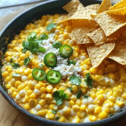 To make this tasty Street Corn Dip, you need the following ingredients: - 2 cups frozen corn, thawed - 1 cup cream cheese, softened - ½ cup sour cream - 1 cup shredded cotija cheese - 1 jalapeño, deseeded and finely chopped - 2 tablespoons mayonnaise - 2 tablespoons lime juice - 1 teaspoon garlic powder - 1 teaspoon chili powder - Salt and pepper to taste - Fresh cilantro, chopped (for garnish) - Tortilla chips (for serving) If you can't find some ingredients, don't worry! You can easily swap them. Here are a few ideas: - Use fresh corn instead of frozen. Just cook it first. - Swap cream cheese for Greek yogurt for a lighter dip. - Replace cotija cheese with feta or even cheddar cheese. - Use red bell pepper instead of jalapeño for less heat. - Lime juice can be replaced with lemon juice if needed. Using fresh corn gives a bright taste and crisp texture. It adds a sweet burst to every bite. However, frozen corn is just as good! It is picked at peak ripeness and frozen quickly. This keeps the flavor locked in. For ease and convenience, I often use frozen corn. Both options work well, depending on what you have. Just make sure to thaw frozen corn fully before cooking. To make this delicious dip, start by heating a large skillet over medium heat. Add 2 cups of thawed corn. Cook it for about 5-7 minutes. Stir it occasionally until the corn is slightly charred. This adds great flavor! In a mixing bowl, combine 1 cup of softened cream cheese, ½ cup of sour cream, and 2 tablespoons of mayonnaise. Also add 2 tablespoons of lime juice, 1 teaspoon of garlic powder, and 1 teaspoon of chili powder. Mix everything until it is smooth and creamy. Now, add the charred corn and 1 finely chopped jalapeño to the creamy mixture. Stir in half of the 1 cup of shredded cotija cheese. Season with salt and pepper to taste. Transfer this mixture back to the skillet. Cook it on low heat for another 3-5 minutes. Stir it occasionally until everything is heated through. Once hot, remove it from heat. Sprinkle the top with the remaining cotija cheese and some fresh chopped cilantro. To get the best char on your corn, make sure your skillet is hot. The corn should sizzle when it hits the pan. Avoid stirring too much; let it sit for a bit to get that nice brown color. If you have fresh corn, use it! Cut the kernels off the cob for the best flavor. Mixing well is key! Use a hand mixer for a super smooth dip. If you want texture, use a spatula. Make sure all the spices are well combined. You can taste and adjust the seasoning to your liking. This dip is all about balance! For the full recipe, check out the [Full Recipe]. Enjoy your dip with crispy tortilla chips! One big mistake is not heating the corn enough. If you skip charring, you miss that sweet flavor. Another mistake is using cold cream cheese. Always soften it first for a smooth dip. Also, don’t skip the salt and pepper. They bring out the taste of your ingredients. This dip shines with tortilla chips, but you can get creative! Try serving it with veggie sticks or pita chips for a fresh twist. Pair it with a cool drink, like lemonade or iced tea. You can also serve it as a side with grilled meats. It adds a fun flair to any meal. To keep your dip warm, use a slow cooker. Set it to low, and it will stay perfect for hours. If you don’t have one, a warm skillet works too. Just keep the heat low and stir often. Covering the dip with a lid can help trap heat and keep it creamy. For the full recipe, check out Street Corn Dip . {{image_2}} If you love spice, add more jalapeño. Use two or three jalapeños for a kick. You can also toss in diced serrano peppers for extra heat. A pinch of cayenne can spice it up too. Mix well, and taste before you serve. The heat should match your taste. This dip works well for vegetarians. Use vegan cream cheese and sour cream. Substitute cotija cheese with a plant-based option. Nutritional yeast can add a cheesy flavor. Always check labels for dairy-free options. This way, everyone can enjoy the dip. Cheese can change the dip's taste. Try using feta for a tangy twist. Gouda or cheddar can add creaminess. Mix different cheeses for a unique flavor. Always shred cheese fresh for the best taste. You can even add a bit of blue cheese for a bold flavor. For the full recipe, check out the [Full Recipe]. After enjoying your Street Corn Dip, you might have some left. Store it in an airtight container. Make sure it cools to room temperature first. This helps keep the dip fresh and tasty. Place it in the fridge if you plan to eat it soon. It should last for about three to four days. When you’re ready to enjoy your dip again, reheating is key. Use a microwave for quick results. Heat in short bursts, about 30 seconds at a time. Stir between each burst. This helps the dip warm evenly. You can also use a skillet on low heat. Stir often to avoid burning. Aim to heat until just warm, not too hot. This keeps the flavors bright and creamy. Want to save some for later? You can freeze Street Corn Dip. Use a freezer-safe container and leave some space at the top. The dip may expand when frozen. It’s best to eat it within two months for the best taste. To thaw, move it to the fridge overnight. Reheat it gently as mentioned above. This way, you can enjoy a taste of summer anytime! You can serve Street Corn Dip with tortilla chips for the perfect crunch. You can also pair it with fresh veggies like bell peppers and carrots. This dip goes well with grilled meats or even tacos. Try it on a baked potato for a twist. The flavors blend well with anything savory. Yes, you can make Street Corn Dip ahead of time. Prepare it a few hours before your event for best results. Store it in the fridge in an airtight container. When you’re ready to serve, just heat it up. This helps the flavors meld together, making it even tastier. To make Street Corn Dip healthier, use low-fat cream cheese and sour cream. You can also skip the mayonnaise or use Greek yogurt instead. Add more veggies like diced tomatoes or avocado for extra nutrients. This adds flavor without extra calories, letting you enjoy every bite guilt-free. You now have all the tools to make a great street corn dip. We covered key ingredients and their substitutes. You learned how to char corn and blend flavors for a tasty mix. I shared tips to help you avoid common mistakes and suggested perfect pairings. You can try fun variations and store your dip for later use. Enjoy creating your dip and impressing your friends!