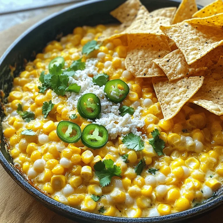 To make this tasty Street Corn Dip, you need the following ingredients: - 2 cups frozen corn, thawed - 1 cup cream cheese, softened - ½ cup sour cream - 1 cup shredded cotija cheese - 1 jalapeño, deseeded and finely chopped - 2 tablespoons mayonnaise - 2 tablespoons lime juice - 1 teaspoon garlic powder - 1 teaspoon chili powder - Salt and pepper to taste - Fresh cilantro, chopped (for garnish) - Tortilla chips (for serving) If you can't find some ingredients, don't worry! You can easily swap them. Here are a few ideas: - Use fresh corn instead of frozen. Just cook it first. - Swap cream cheese for Greek yogurt for a lighter dip. - Replace cotija cheese with feta or even cheddar cheese. - Use red bell pepper instead of jalapeño for less heat. - Lime juice can be replaced with lemon juice if needed. Using fresh corn gives a bright taste and crisp texture. It adds a sweet burst to every bite. However, frozen corn is just as good! It is picked at peak ripeness and frozen quickly. This keeps the flavor locked in. For ease and convenience, I often use frozen corn. Both options work well, depending on what you have. Just make sure to thaw frozen corn fully before cooking. To make this delicious dip, start by heating a large skillet over medium heat. Add 2 cups of thawed corn. Cook it for about 5-7 minutes. Stir it occasionally until the corn is slightly charred. This adds great flavor! In a mixing bowl, combine 1 cup of softened cream cheese, ½ cup of sour cream, and 2 tablespoons of mayonnaise. Also add 2 tablespoons of lime juice, 1 teaspoon of garlic powder, and 1 teaspoon of chili powder. Mix everything until it is smooth and creamy. Now, add the charred corn and 1 finely chopped jalapeño to the creamy mixture. Stir in half of the 1 cup of shredded cotija cheese. Season with salt and pepper to taste. Transfer this mixture back to the skillet. Cook it on low heat for another 3-5 minutes. Stir it occasionally until everything is heated through. Once hot, remove it from heat. Sprinkle the top with the remaining cotija cheese and some fresh chopped cilantro. To get the best char on your corn, make sure your skillet is hot. The corn should sizzle when it hits the pan. Avoid stirring too much; let it sit for a bit to get that nice brown color. If you have fresh corn, use it! Cut the kernels off the cob for the best flavor. Mixing well is key! Use a hand mixer for a super smooth dip. If you want texture, use a spatula. Make sure all the spices are well combined. You can taste and adjust the seasoning to your liking. This dip is all about balance! For the full recipe, check out the [Full Recipe]. Enjoy your dip with crispy tortilla chips! One big mistake is not heating the corn enough. If you skip charring, you miss that sweet flavor. Another mistake is using cold cream cheese. Always soften it first for a smooth dip. Also, don’t skip the salt and pepper. They bring out the taste of your ingredients. This dip shines with tortilla chips, but you can get creative! Try serving it with veggie sticks or pita chips for a fresh twist. Pair it with a cool drink, like lemonade or iced tea. You can also serve it as a side with grilled meats. It adds a fun flair to any meal. To keep your dip warm, use a slow cooker. Set it to low, and it will stay perfect for hours. If you don’t have one, a warm skillet works too. Just keep the heat low and stir often. Covering the dip with a lid can help trap heat and keep it creamy. For the full recipe, check out Street Corn Dip . {{image_2}} If you love spice, add more jalapeño. Use two or three jalapeños for a kick. You can also toss in diced serrano peppers for extra heat. A pinch of cayenne can spice it up too. Mix well, and taste before you serve. The heat should match your taste. This dip works well for vegetarians. Use vegan cream cheese and sour cream. Substitute cotija cheese with a plant-based option. Nutritional yeast can add a cheesy flavor. Always check labels for dairy-free options. This way, everyone can enjoy the dip. Cheese can change the dip's taste. Try using feta for a tangy twist. Gouda or cheddar can add creaminess. Mix different cheeses for a unique flavor. Always shred cheese fresh for the best taste. You can even add a bit of blue cheese for a bold flavor. For the full recipe, check out the [Full Recipe]. After enjoying your Street Corn Dip, you might have some left. Store it in an airtight container. Make sure it cools to room temperature first. This helps keep the dip fresh and tasty. Place it in the fridge if you plan to eat it soon. It should last for about three to four days. When you’re ready to enjoy your dip again, reheating is key. Use a microwave for quick results. Heat in short bursts, about 30 seconds at a time. Stir between each burst. This helps the dip warm evenly. You can also use a skillet on low heat. Stir often to avoid burning. Aim to heat until just warm, not too hot. This keeps the flavors bright and creamy. Want to save some for later? You can freeze Street Corn Dip. Use a freezer-safe container and leave some space at the top. The dip may expand when frozen. It’s best to eat it within two months for the best taste. To thaw, move it to the fridge overnight. Reheat it gently as mentioned above. This way, you can enjoy a taste of summer anytime! You can serve Street Corn Dip with tortilla chips for the perfect crunch. You can also pair it with fresh veggies like bell peppers and carrots. This dip goes well with grilled meats or even tacos. Try it on a baked potato for a twist. The flavors blend well with anything savory. Yes, you can make Street Corn Dip ahead of time. Prepare it a few hours before your event for best results. Store it in the fridge in an airtight container. When you’re ready to serve, just heat it up. This helps the flavors meld together, making it even tastier. To make Street Corn Dip healthier, use low-fat cream cheese and sour cream. You can also skip the mayonnaise or use Greek yogurt instead. Add more veggies like diced tomatoes or avocado for extra nutrients. This adds flavor without extra calories, letting you enjoy every bite guilt-free. You now have all the tools to make a great street corn dip. We covered key ingredients and their substitutes. You learned how to char corn and blend flavors for a tasty mix. I shared tips to help you avoid common mistakes and suggested perfect pairings. You can try fun variations and store your dip for later use. Enjoy creating your dip and impressing your friends!