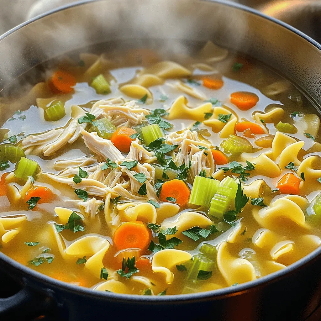 To make this warm and tasty soup, gather these ingredients: - Chicken and broth essentials - 1 lb boneless, skinless chicken breasts - 8 cups low-sodium chicken broth - Vegetables to include - 1 medium onion, diced - 2 carrots, chopped - 2 stalks celery, chopped - 3 cloves garlic, minced - Seasonings and oils - 1 teaspoon dried thyme - 1 teaspoon dried parsley - Salt and pepper to taste - 2 tablespoons olive oil - Fresh parsley for garnish These ingredients create a base that is simple yet full of flavor. The chicken gives the soup its hearty feel. The broth adds depth and warmth. The veggies bring freshness and crunch. The spices tie it all together, making every bite comforting. You can find the full recipe [here](link). How to sauté the vegetables Start by heating olive oil in a large pot over medium heat. Add diced onion, chopped carrots, and celery. Cook these for about 5 to 7 minutes. You want them to soften but not brown. Stir them often so they cook evenly. This step builds a great flavor base. Properly cooking the chicken Once the vegetables soften, add low-sodium chicken broth to the pot. Bring the broth to a boil. After boiling, reduce the heat and add boneless chicken breasts. Cover the pot and let it simmer for 15 to 20 minutes. The chicken should be fully cooked and tender. Shredding chicken technique After cooking, remove the chicken from the pot. Use two forks to shred the chicken. Make sure to pull it apart into bite-sized pieces. This makes it easier to eat and blends well into the soup. Return the shredded chicken to the pot to keep all the flavors together. Adding the broth and spices You already added broth when cooking the chicken. After shredding, check the broth flavor. Add dried thyme and parsley for depth. Stir in salt and pepper to enhance the taste. A pinch of salt can make a big difference. Cooking noodles for perfect texture Now it's time to add the egg noodles. Follow the package instructions for cooking time. Usually, it takes about 6 to 8 minutes. Stir them occasionally to prevent sticking. Perfect noodles will be tender yet firm. Final seasoning tips Once the noodles are cooked, taste the soup again. Adjust the seasoning with more salt and pepper if needed. The soup should feel warm and comforting. Serve it hot and garnish with fresh parsley. This adds a pop of color and fresh flavor. For the full recipe, check out the [Full Recipe]. To make your chicken noodle soup shine, start with homemade broth. It has a rich flavor that store-bought broth can't match. If you have time, simmer bones and veggies for hours. This step adds depth to your soup. Next, add fresh herbs. They brighten up the dish. Fresh parsley or thyme works well. Toss them in at the end to keep their flavor strong. Also, balance flavors with salt. Taste as you go. This step helps you find the right seasoning. Too much salt can ruin your soup, but too little makes it bland. Using a slow cooker opens up new options. Simply add all ingredients and let it cook on low. This method allows flavors to meld over time. You can enjoy a hot meal when you get home. If you're short on time, try an Instant Pot. It cooks everything quickly. Put all your ingredients in, seal the lid, and set it to the soup setting. In about 30 minutes, you’ll have warm, comforting chicken noodle soup. For complete instructions, check out the Full Recipe. {{image_2}} When you make classic chicken noodle soup, you can change it to fit your needs. Here are some great options. - Gluten-free versions: Use gluten-free egg noodles. They taste great and work well in the soup. Check the package for cooking times, as they may differ from regular noodles. - Low-sodium options: Opt for low-sodium chicken broth. This choice helps reduce salt and keeps the soup healthy. You can also skip added salt while cooking. - Different proteins: If you have turkey, use it instead of chicken. Cook it the same way. You can also use rotisserie chicken for a quick meal. This saves time and adds flavor. - Vegetable substitutions: Feel free to swap in your favorite veggies. Peas, green beans, or corn can add color and taste. Use what you have on hand, and keep it fun! Explore more ideas and tips in the [Full Recipe]. To keep your chicken noodle soup fresh, store it in a tight container. Place it in the fridge. It will stay good for about three to four days. If you want to save it longer, freeze the soup. Use freezer-safe containers or bags for this. Make sure to leave some space at the top. The soup will expand as it freezes. When it's time to eat again, you can use two methods to reheat the soup: microwave or stovetop. If you use the microwave, heat it in short bursts. Stir after each burst to get even heat. For stovetop, pour the soup into a pot and heat on low. Stir often to prevent any sticking. To keep the noodles from getting mushy, try this tip: add fresh noodles when you reheat. If you have leftover noodles, cook them separately and mix them in just before serving. This way, they stay firm and tasty. Enjoy your comforting bowl of soup again! How long does chicken noodle soup last in the fridge? Chicken noodle soup lasts about 3 to 4 days in the fridge. It's best to store it in an airtight container. This keeps it fresh and tasty for your next meal. Can I use rotisserie chicken in this recipe? Yes, you can use rotisserie chicken! It saves time and adds great flavor. Just shred the chicken and add it to the soup near the end. This way, it warms up nicely without cooking too long. What can I serve with chicken noodle soup? Chicken noodle soup pairs well with many sides. You can serve it with crusty bread, a simple salad, or crackers. These options enhance the meal and make it feel more filling. For the complete recipe, check out the Full Recipe section. In this post, we covered how to make a tasty chicken noodle soup. We explored the key ingredients, including chicken, broth, and veggies. You learned step-by-step how to prepare and cook the soup, plus tips for great flavor. Variations for different diets and storing leftovers were also shared. Remember, making soup at home is simple and allows for creativity. Enjoying your warm bowl of soup can bring comfort and joy on any day.