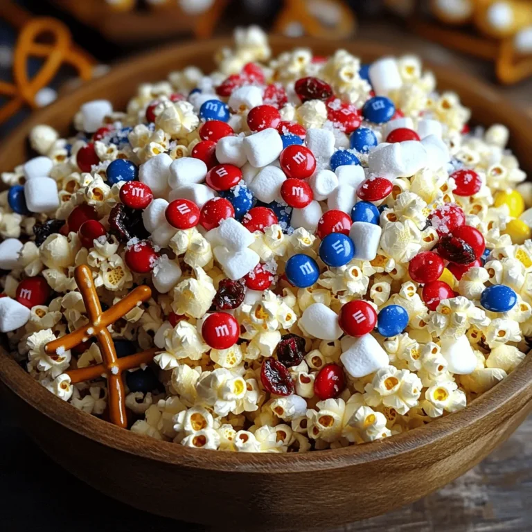 This snack mix is easy and fun to make. Here are the basic ingredients you'll need: - 2 cups popcorn, popped - 1 cup red and blue M&M's - 1 cup pretzel sticks - 1 cup mini marshmallows - 1 cup dried cranberries (for the red) - 1 cup white chocolate chips - 1 teaspoon sea salt These ingredients give the mix a great color and taste. The popcorn adds a light crunch, while the M&M's and cranberries bring sweetness. Pretzels lend a salty touch, and marshmallows add a chewy texture. You can make this snack mix even better! Consider these optional add-ins: - ½ cup roasted unsalted almonds Almonds add a nice crunch and nutty flavor. You can also try adding mini pretzel bites or your favorite nuts. Feel free to get creative! Need to swap some ingredients? Here are some ideas: - Use dark chocolate chips instead of white chocolate. - Substitute popcorn with rice cereal for a different crunch. - Use dried cherries or strawberries instead of cranberries. These swaps keep the spirit of the mix while giving you new flavors. Just remember, the key is to keep the colors bright and fun for your Fourth of July celebration. For the full recipe, check out the details above! Start by gathering all your ingredients. You need popcorn, M&M's, pretzel sticks, mini marshmallows, dried cranberries, white chocolate chips, and sea salt. If you want some crunch, add almonds. In a large mixing bowl, combine the popcorn, M&M's, pretzel sticks, mini marshmallows, dried cranberries, and almonds if you choose to use them. Mix everything gently to blend the colors and textures. This mix is all about fun and looks great with red, white, and blue! Next, it’s time to melt the white chocolate. Use a microwave-safe bowl for this. Place the white chocolate chips in the bowl. Heat them in the microwave for 30 seconds. Take the bowl out and stir the chips. Repeat this process until the chocolate is smooth and melted. Make sure not to overheat it. You want it creamy, not burnt. After mixing in the melted white chocolate, sprinkle sea salt over your snack mix. Toss it one last time to make sure everything is coated. Now, spread the mix onto a parchment-lined baking sheet. Let it cool and set for about 15 minutes. Once it is set, break it into clusters. You can serve it in a big bowl or put it in bags for easy snacking. This snack mix is great for parties, picnics, or just a fun treat at home. Enjoy your Fourth of July with this tasty and festive delight! To keep your snack mix fresh, store it in an airtight container. A glass jar works well. If you use a plastic bag, squeeze out all the air. This helps keep it crunchy. Avoid placing the mix in a warm area. A cool, dark spot is best for storage. Make your snack mix fun to serve! Use clear bowls to show off the colors. You can also use red, white, and blue cups for individual servings. Adding flags or stars as decor adds to the festive look. It makes your snack mix pop at any gathering! You can easily make this snack mix ahead of time. Prepare it a day before your event. Just store it properly, and it will stay fresh. This gives you more time to enjoy the celebration with family and friends. Plus, it makes for a quick grab-and-go snack! For the full recipe, check out the detailed instructions above. {{image_2}} You can easily switch up the flavors in your snack mix. Here are some ideas: - Use caramel popcorn instead of regular popcorn. - Swap M&M's for chocolate-covered raisins. - Add crushed pretzels for extra crunch. - Replace cranberries with chopped strawberries or cherries. - Try using yogurt-covered pretzels for a creamy taste. These changes can create new taste experiences. Experiment to find your favorites! Snack mixes can be fun for any holiday. Here are some themed ideas: - Halloween: Use candy corn and chocolate pumpkins. - Christmas: Add red and green candies with peppermint bits. - Easter: Mix in pastel-colored candies and bunny-shaped crackers. - Valentine’s Day: Use heart-shaped candies and pink marshmallows. These mixes can make your celebrations more festive! If you want a healthier twist, try these options: - Substitute white chocolate chips with dark chocolate. - Use air-popped popcorn instead of buttered. - Add nuts like walnuts or pistachios for good fats. - Include dried fruits like apricots or figs for natural sweetness. - Skip the marshmallows to lower sugar content. These choices can help you enjoy tasty snacks without the guilt! To keep your Fourth of July Patriotic Snack Mix fresh, store it in an airtight container. This prevents air from making the mix stale. A glass jar or plastic container works well. Keep it in a cool, dry place away from sunlight. Avoid damp areas, as moisture can ruin the crunchy texture. When stored correctly, this snack mix lasts about one week. However, for the best taste, enjoy it within three days. Check for any signs of sogginess or off smells before snacking. If the mix loses its crunch, it may not taste as good. If you have leftover snack mix, consider using it creatively. You can sprinkle it on yogurt or ice cream for a fun treat. It also makes a great topping for desserts or baked goods. Mix it into trail mix for a quick snack when you're on the go. Yes, you can easily make this snack mix vegan. Swap the white chocolate chips for vegan chocolate. Use plant-based snacks, like popcorn and pretzels. Check the labels to ensure all items are dairy-free. Kids love fun colors and shapes. Use colorful cereal instead of pretzels. Swap dried cranberries for their favorite dried fruit, like bananas or apples. You can even add shaped candies, like stars or hearts, for more fun. You can add red, white, and blue snacks. Try strawberries, blueberries, or yogurt-covered raisins. You might also include cheese crackers or red licorice. Mix and match to create a fun blend that everyone will enjoy. Absolutely! Use gluten-free pretzels and check that all snacks are gluten-free. Many brands offer gluten-free popcorn and candies. Just ensure every ingredient meets your dietary needs. This blog post covered how to make a tasty Fourth of July snack mix. We looked at basic ingredients, fun add-ins, and substitutions. I shared step-by-step instructions for preparation and serving. You now know tips for storage and how to present your mix. There are suggestions for variations too, ensuring good taste for everyone. Keep it simple and joyful. Enjoy making this fun treat for your friends and family.
