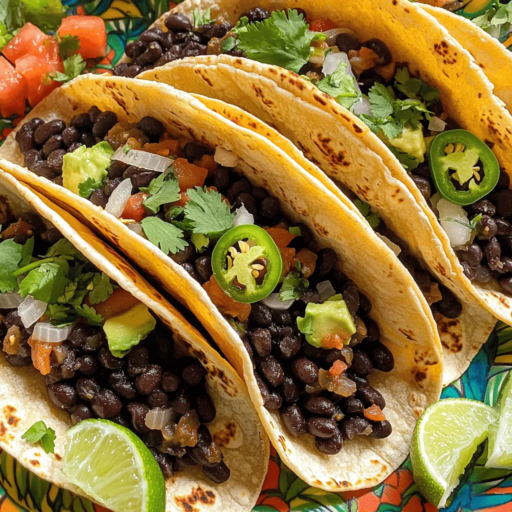 - 2 cups cooked black beans (or one 15 oz can, drained and rinsed) - 1 tablespoon olive oil - 1 small onion, finely chopped - 2 cloves garlic, minced - 1 jalapeño pepper, finely chopped (remove seeds for less heat) - 1 teaspoon ground cumin - 1 teaspoon smoked paprika - ½ teaspoon chili powder - Salt and pepper to taste - 8 small corn or flour tortillas - Fresh cilantro for garnish - Lime wedges for serving - Optional toppings: diced tomatoes, avocado, shredded lettuce, or vegan sour cream You can adjust these amounts for your taste. If you want less spice, use less jalapeño. If you love heat, keep the seeds in. Swap black beans for pinto or kidney beans if you prefer. You can also use olive oil for cooking. Feel free to use any oil you like. For quick prep, chop the onion and garlic first. This way, you can add them to the pan fast. To save time, use canned black beans; they are ready to go. Always rinse canned beans. It removes extra salt and improves the taste. If you want a smoother filling, mash the beans more. For a crunchier taco, warm tortillas in a dry skillet. This makes them soft and easy to fold. First, gather your ingredients. You need cooked black beans, olive oil, onion, garlic, jalapeño, cumin, smoked paprika, chili powder, salt, and pepper. For the tortillas, choose corn or flour. 1. Heat the olive oil in a large skillet over medium heat. 2. Add the chopped onion and sauté for about 5 minutes. The onion should become soft and clear. 3. Stir in the minced garlic and chopped jalapeño. Cook this for 2 more minutes. You want the kitchen to smell great. 4. Now, add the black beans. Mash them a little with the fork. This makes a chunky mix. 5. Sprinkle the spices over the beans. Mix well and cook for 5-7 minutes. Stir often until everything is hot. Next, warm your tortillas. Use a separate pan over medium heat. Heat them for about 30 seconds on each side. They should be soft and bendable. 1. Take a tortilla and place a spoonful of the spicy black bean mix in the center. 2. Add fresh cilantro on top. You can also add diced tomatoes, avocado, or shredded lettuce if you like. Your tacos are almost ready! 1. Arrange the tacos on a bright platter. This makes them look fun and inviting. 2. Sprinkle extra cilantro on top for color. 3. Serve lime wedges on the side. A squeeze of lime adds a nice flavor. Enjoy these tasty spicy black bean tacos! For the full recipe, check out the details above. To boost the taste of your spicy black bean tacos, you can use fresh herbs. Cilantro adds a bright note. You can also try using fresh lime juice. It brings a zesty kick that ties all the flavors together. For a deeper flavor, add a dash of hot sauce. This adds heat and complexity. Don’t forget to season your black beans. A pinch of salt and pepper can make a big difference. When cooking the black beans, mash them slightly. This creates a thick, hearty mix. You can also use a fork for a chunky texture. Sauté the onion until it is soft and clear. This helps to build a base flavor. Warm the tortillas in a dry skillet. This makes them soft and easy to fold. Keep an eye on them; you want them warm, not crispy. For a stunning display, use a colorful platter. Arrange the tacos in a circle or line. This makes them inviting. Sprinkle extra cilantro on top for a fresh look. Serve lime wedges on the side. This adds a bright color and lets guests add their own zing. You can also use vibrant toppings. Diced tomatoes or avocado can enhance the visual appeal. For more detailed instructions, check out the Full Recipe. {{image_2}} If you want to switch up the protein, try adding quinoa or lentils. Both options work well. You can also use shredded chicken or beef if you like meat. Just cook them with the same spices for great taste. To keep it vegetarian or vegan, stick with the black beans. They are a great source of protein. You can also use tofu or tempeh for a different texture. Just make sure to season them well to match the flavor of the tacos. Toppings make these tacos fun and unique! Here are some great ideas: - Diced tomatoes - Sliced avocado - Shredded lettuce - Vegan sour cream Feel free to get creative! You can add fresh jalapeños for more heat or corn for sweetness. The options are endless. Check the full recipe for more ideas on how to enjoy your spicy black bean tacos! To store leftover tacos, wrap them in foil or place them in an airtight container. Keep them in the fridge for up to two days. This helps to keep the flavors fresh and the tortillas soft. If you store the filling separately, it will stay good for about three to four days. You can freeze the black bean filling for later use. Place it in a freezer-safe bag or container. Make sure to remove as much air as possible. It will last up to three months in the freezer. When you're ready to eat, just thaw it overnight in the fridge. To reheat, you can use a skillet or microwave. If using a skillet, heat it over medium heat. Add the filling and stir until hot. In the microwave, place the filling in a bowl and cover it. Heat for about two minutes, stirring halfway. Warm tortillas in a dry skillet for about 30 seconds on each side. This will keep them soft and tasty. For the full recipe, check out the complete guide. You can easily make this dish vegetarian. The main ingredient, black beans, is already vegetarian. Just be sure to use vegetable oil instead of olive oil if you prefer. Avoid any meat-based toppings. Fresh veggies like avocado and lettuce work great. You can also add a vegan sour cream for creaminess. Many side dishes pair well with black bean tacos. Here are some tasty options: - Mexican rice - Grilled corn on the cob - Chips and salsa - Guacamole - A fresh green salad These sides add color and flavor to your meal. Yes, you can use different beans. Pinto beans or kidney beans are good options. They will change the flavor slightly but will still taste great. Just make sure to cook them well. You can also use canned beans for quick prep. Just rinse them before using. This blog post covered everything you need for amazing tacos. We explored the key ingredients, tips for prep, and essential cooking steps. You learned how to assemble and serve delicious tacos and discovered ways to enhance their flavor. We also shared variations for different diets and how to store your leftovers. Now, you can create tasty tacos your way. Enjoy the process and share them with friends!