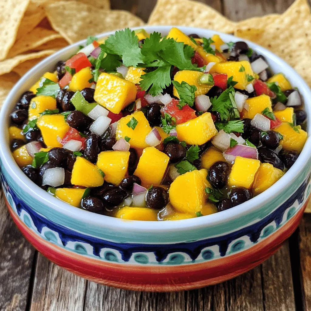 - 1 ripe mango, diced - 1 cup canned black beans, rinsed and drained - 1/2 red bell pepper, finely chopped - 1/2 red onion, finely chopped - 1 jalapeño, seeds removed and minced (optional for extra heat) - 1/4 cup fresh cilantro, chopped - Juice of 2 limes - 1 tablespoon olive oil - Salt and pepper to taste Using the right amount of each ingredient is key for great flavor. Accurate measurements make sure that the salsa tastes just right. If you add too much of one thing, it can throw off the balance. To choose a ripe mango, look for one that feels slightly soft when you squeeze it. It should also have a sweet smell near the stem. A ripe mango will give your salsa the best taste! For the black beans, use canned ones for ease. Just rinse them well to remove excess sodium and any canning liquid. These steps will help you create a Mango Black Bean Salsa that is fresh and tasty. Enjoy the vibrant colors and flavors in every bite! Check out the Full Recipe for detailed instructions. Start by gathering all your ingredients. You’ll need a ripe mango, black beans, red bell pepper, red onion, and jalapeño. Dice the mango into small pieces. Rinse and drain the black beans. Then, chop the red bell pepper and red onion finely. If you like heat, mince the jalapeño after removing the seeds. Next, take a large mixing bowl and combine all these ingredients. Add the chopped cilantro for a fresh touch. Now, drizzle the mixture with the juice of two limes and one tablespoon of olive oil. The lime juice adds zing, while the oil brings richness. It’s time to mix! Gently toss the salsa with a large spoon. Be careful not to mash the mango. You want each piece to shine in the mix. To ensure even flavor distribution, focus on folding the ingredients. This gentle motion helps coat everything with lime and oil, making each bite tasty. Chilling the salsa is key. It allows the flavors to blend nicely. This step also cools the salsa, making it refreshing. I recommend chilling for at least 30 minutes. This waiting time enhances the taste. Your salsa will burst with flavor after a good chill. For the full recipe, check out the complete instructions and tips! Adjust the salt and pepper to fit your taste. Start with a pinch of salt and a dash of pepper. Mix it well and taste it again. If it needs more flavor, add a bit more. For heat, you can add more minced jalapeño. If you like sweetness, try adding a touch of honey or agave. This will balance the flavors nicely. Serve the salsa in a bright bowl. A colorful bowl makes everything pop! You can add extra cilantro on top for a burst of green. Pair the salsa with crispy tortilla chips. This adds a fun crunch. Use a large spoon or a scoop for easy serving. This way, everyone gets a good amount. You can make this salsa a few hours before serving. It tastes even better after chilling. Store it in the fridge in an airtight container. This keeps it fresh and tasty. If you want it to last longer, make sure to keep it covered. The next day, check the salsa before serving. If it looks good, it will probably taste great too! {{image_2}} You can swap black beans for other beans, like pinto or kidney beans. These beans add a different taste and texture. If you want a unique flavor, try chickpeas. For herbs, parsley works well instead of cilantro. You can also use green onions for a milder taste. Want to add more fruit? Pineapple or peach gives a sweet twist. Both fruits add a juicy burst that pairs great with mango. You can mix in diced cucumber or corn for extra crunch. These additions make the salsa more colorful and fun! This salsa is vegan-friendly. It contains no animal products, making it great for plant-based diets. If you need low-sodium options, rinse the canned beans well. You can leave out the added salt for a healthier choice. Just taste as you go to find the right balance. To keep your Mango Black Bean Salsa fresh, refrigerate it right away. Place the salsa in an airtight container. This helps keep air out and flavors in. You can also use a glass jar with a tight lid. Make sure the salsa is cool before sealing it. This prevents condensation, which can make it watery. Mango Black Bean Salsa lasts about 3 to 5 days in the fridge. After that, check for signs of spoilage. Look for off smells or changes in color. If the salsa seems slimy, it's best to throw it out. Trust your senses; if it doesn’t smell or look right, don’t eat it. Can you freeze salsa? Yes, but it may change in texture. To freeze, use a freezer-safe container. Leave some space at the top since salsa expands when frozen. To thaw, place it in the fridge overnight. You can also run the container under warm water for quicker thawing. Use thawed salsa within a week for the best taste. For the full recipe to make this tasty dip, check out the [Full Recipe]. To make Mango Black Bean Salsa, start with the right tools. Use a sharp knife and a cutting board. Here are some steps for beginners: - Dice the ripe mango, making sure it's sweet and firm. - Rinse and drain the canned black beans well to remove excess salt. - Chop the red bell pepper and red onion finely for a nice crunch. - If you like heat, mince a jalapeño without the seeds. - Combine all ingredients in a large bowl. - Add fresh cilantro, lime juice, and olive oil. - Gently mix everything to blend the flavors. Let it chill in the fridge for about 30 minutes. This step helps the flavors come together. You can find the full recipe above for more details. Yes, you can use fresh black beans. Fresh beans have a great taste. However, they require more prep time. Here are some pros and cons of each option: Canned Black Beans: - Quick and easy to use. - Already cooked and ready to eat. - Consistent flavor and texture. Fresh Black Beans: - Better flavor and texture if cooked right. - You control the amount of salt. - Longer cooking time and more effort. Choose what works best for your time and taste! Mango Black Bean Salsa is versatile. It pairs well with many dishes. Here are some ideas for appetizers and main dishes: - Serve with tortilla chips for a fun snack. - Use it as a topping on grilled chicken or fish. - Add it to tacos for a fresh twist. - Pair it with quesadillas or nachos for a hearty meal. For parties, make a big bowl of salsa. Serve it with colorful bowls and a variety of chips. You can even offer it with grilled meats or as a dip for veggies! Mango Black Bean Salsa combines fresh, bright flavors that excite the palate. We discussed main and additional ingredients, measuring tips, and preparation steps for a tasty dish. I shared mixing techniques and why chilling enhances the salsa’s taste. You learned helpful tips for flavor and presentation, along with storage methods to keep it fresh. This salsa is easy to make and can fit many diets. Try different ingredients to suit your taste. Enjoy making and sharing this vibrant dish at your next gathering!